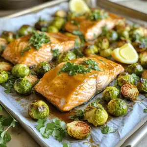 To make Sheet Pan Maple Mustard Salmon & Sprouts, you need fresh and simple ingredients. Here’s a complete list: - Salmon Fillets - 4 salmon fillets (5-6 oz each) - Brussels Sprouts - 1 lb Brussels sprouts, trimmed and halved - Maple Mustard Glaze Ingredients - 3 tablespoons Dijon mustard - 3 tablespoons pure maple syrup - 2 tablespoons extra virgin olive oil - 2 cloves garlic, finely minced - Seasoning and Garnishes - Salt and freshly cracked black pepper, to taste - 1 teaspoon smoked paprika for added depth - Fresh parsley, chopped (for garnish, optional) Each ingredient brings its own flavor. The salmon is rich and fatty. The Brussels sprouts are crisp and slightly bitter. The glaze adds a sweet and tangy kick. Mixing these flavors creates a dish that sings! If you want to make it even better, use high-quality maple syrup and fresh herbs. They add depth and freshness. Enjoy crafting this tasty meal! First, preheat your oven to 400°F (200°C). This helps cook the salmon and Brussels sprouts evenly. Next, line a large baking sheet with parchment paper. This makes cleanup easy and keeps your food from sticking. In a small bowl, whisk together the Dijon mustard and pure maple syrup. Add the extra virgin olive oil, minced garlic, smoked paprika, and a pinch of salt and pepper. Mix until smooth. This glaze gives the salmon a sweet and tangy flavor. Place the salmon fillets skin-side down on one side of the baking sheet. Use a brush or spoon to coat each fillet with the maple mustard glaze. Let some glaze drip down the sides for extra flavor. In another bowl, toss the halved Brussels sprouts with olive oil, salt, and pepper. Make sure each sprout is coated well. Spread the Brussels sprouts cut-side down on the other side of the baking sheet. This helps them brown and crisp nicely. Bake everything in the preheated oven for about 15-20 minutes. Check that the salmon is cooked through; it should reach 145°F internally. The Brussels sprouts should be tender with crispy edges. Once done, take the sheet pan out of the oven and let it rest for a few minutes. If you want, sprinkle freshly chopped parsley on top of the salmon before serving. Enjoy the beautiful colors and flavors on your plate! To cook salmon just right, start with fresh fillets. Look for bright color and firm texture. Make sure the fillets are about the same size for even cooking. I recommend checking the internal temperature. It should reach 145°F for safe eating. When in doubt, use a fork to check for flakiness. If it flakes easily, it's done! For the best Brussels sprouts, choose ones that are firm and bright green. Trim the ends and cut them in half. This helps them cook evenly. Toss them in olive oil and season well with salt and pepper. Place them cut-side down on the baking sheet. This position helps them get crispy and caramelized. Bake until they're tender and golden brown for great flavor. Don’t waste that tasty maple mustard glaze! After baking, you can drizzle any leftover glaze over the salmon and sprouts. It adds extra flavor and looks nice on the plate. If you have more glaze than you need, save it in a jar. Use it for other dishes, like chicken or roasted veggies. It's a quick way to add a sweet and tangy kick! {{image_4}} You can swap salmon for other proteins. Chicken breasts work well. They soak up the maple mustard glaze nicely. You can also use firm white fish like cod or halibut. These fish cook quickly and keep their flavor. For a plant-based option, try tofu. Just press it to remove excess water. Then marinate in the same maple mustard glaze. Brussels sprouts are great, but you can try other veggies too. Asparagus adds a nice crunch and cooks quickly. Broccoli florets or green beans are also good choices. These options can bring new flavors and textures. Just make sure to adjust cooking time for different vegetables. To boost flavors, think about adding different spices. A sprinkle of chili flakes can give a nice kick. You can also add a splash of lemon juice for brightness. Fresh herbs like thyme or dill can enhance the dish too. For a sweet twist, toss in sliced apples or pears with the veggies. These additions can elevate the meal and make it more fun. Store leftover salmon and Brussels sprouts in an airtight container. This keeps them fresh. Allow the dish to cool down before sealing. You can keep it in the fridge for up to three days. If you have extra glaze, store it separately in a small container. To reheat, place the salmon and Brussels sprouts on a baking sheet. Preheat your oven to 350°F (175°C). Bake for about 10-15 minutes or until heated through. You can also reheat in the microwave. Place on a microwave-safe plate and cover with a damp paper towel. Heat in 30-second intervals until warm. If you want to freeze the dish, wrap the salmon and Brussels sprouts tightly in plastic wrap. Then, place them in a freezer bag. This helps prevent freezer burn. You can freeze it for up to two months. To enjoy, thaw in the fridge overnight before reheating. You can pair this dish with many sides. Here are some great options: - Quinoa or rice for a filling base. - A fresh green salad for crunch and color. - Mashed potatoes for a creamy touch. - Roasted carrots or sweet potatoes for sweetness. These sides will enhance the meal and make it special. Yes, you can prep some parts in advance. You can mix the glaze a day before. Store it in the fridge for better flavor. You can also cut the Brussels sprouts ahead of time. Just keep them in a sealed bag. This will save time when you are ready to cook. The best way to check is to use a meat thermometer. Insert it into the thickest part of the salmon. It should read 145°F for done salmon. If you don't have a thermometer, check for flakiness. The fish should flake easily with a fork. It should look opaque and not glossy. Yes, this recipe is gluten-free! All the ingredients are safe for a gluten-free diet. The Dijon mustard is usually gluten-free, but check the label. This ensures everyone can enjoy this tasty dish without worry. This article covered how to make a tasty sheet pan meal with salmon and Brussels sprouts. We shared details on ingredients, cooking steps, and even tips for the best results. You can swap proteins or veggies, and I included storage tips too. Now that you know the process, I hope you’ll enjoy making this dish. It’s simple, healthy, and sure to impress anyone at your table. Dive into this fun cooking project and savor every bite!