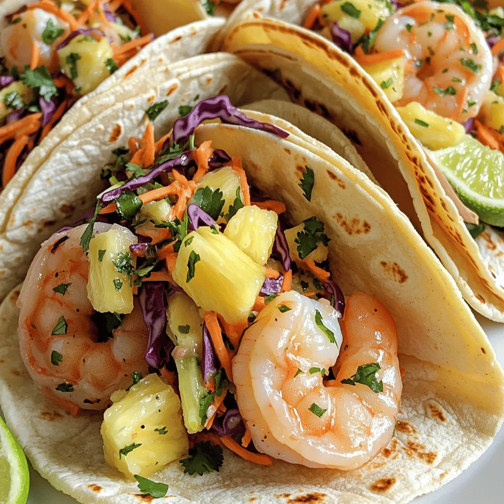For these tacos, you need: - 1 lb large shrimp, peeled and deveined - 4 tablespoons unsalted butter - 4 cloves garlic, minced - 1 teaspoon paprika - 1 teaspoon chili powder - Salt and pepper to taste - 8 small corn tortillas These ingredients create a tasty base for your tacos. The shrimp gives a nice protein boost, while the garlic and butter add rich flavor. Paprika and chili powder bring warmth and depth. The slaw adds a fresh crunch. You will need: - 1 cup shredded red cabbage - 1 cup fresh pineapple, finely chopped - ½ cup carrot, shredded - 2 tablespoons fresh cilantro, chopped - 2 tablespoons lime juice - 1 tablespoon honey This slaw is bright and zesty. The pineapple gives sweetness, while the lime juice adds tang. Red cabbage and carrot provide color and crunch. To elevate your tacos, consider adding: - Slices of lime - Extra cilantro These garnishes boost the flavor and presentation. Lime adds a citrusy zing, while cilantro gives freshness. To make the pineapple slaw, get a medium mixing bowl. Add the shredded red cabbage, fresh pineapple, and shredded carrot. Then, toss in the chopped cilantro. Drizzle the lime juice and honey over the mix. Stir gently until everything is combined well. Let the slaw sit for a few minutes. This helps the flavors meld together, making it tasty and refreshing. Start by heating a large skillet over medium heat. Add the unsalted butter to the skillet. Let it melt completely. Once melted, add the minced garlic and sauté for about 30 seconds. Keep stirring to prevent the garlic from burning. Now, add the peeled and deveined shrimp to the skillet. Sprinkle the shrimp with paprika, chili powder, salt, and pepper. Cook for about 4-5 minutes. Stir occasionally until the shrimp turn pink and opaque. Next, take a separate skillet and warm the corn tortillas. Heat it over medium heat. Cook each tortilla for about 15-30 seconds on each side. You want them pliable and slightly charred. This adds a nice flavor and makes them easy to fold. Now it's time to assemble the tacos! Take a warm tortilla and place a few shrimp in the center. Top it generously with the pineapple slaw. If you like, add slices of lime and extra cilantro for garnish. This adds a bright touch and makes your tacos look beautiful. Enjoy your tasty creation! To cook perfect shrimp, start with fresh or thawed shrimp. You want them peeled and deveined. Heat your skillet to medium. Add butter and let it melt. Then, add minced garlic. Cook it for 30 seconds. This keeps the garlic fragrant without burning. Next, add shrimp and sprinkle paprika, chili powder, salt, and pepper. Cook them for 4-5 minutes. They should turn pink and opaque. This shows they are done. A great slaw needs balance. Use fresh ingredients for the best taste. Combine shredded red cabbage, pineapple, and carrot in a bowl. Add cilantro for freshness. Drizzle lime juice and honey over the mix. Toss gently to mix the flavors. Let it rest for a few minutes. This helps the flavors meld nicely. Warming the tortillas is key. It makes them soft and easy to fold. Heat a separate skillet over medium heat. Place each tortilla in the skillet for 15-30 seconds per side. You want them to be pliable with slight char spots. This adds flavor that enhances your tacos. {{image_4}} You can swap shrimp for other proteins. Chicken works great in this recipe. Use about 1 pound of diced chicken breast. Cook it in the same garlic butter mix. Fish is another option. Try firm white fish like tilapia or cod. Use the same method for cooking, but adjust the time. If you want a meat-free option, use mushrooms. They soak up the flavors well. While pineapple slaw is tasty, you can get creative. Try using red cabbage alone for a crunchier slaw. Add some apples for a sweet twist. Shredded brussels sprouts offer a nice texture too. If you love spice, add jalapeños to your slaw. You can change the dressing too. Swap honey for agave for a vegan option. Want more heat? Add a pinch of cayenne pepper to the shrimp. You can also use spicy paprika instead of regular. If you like less spice, cut back on chili powder. Serve your tacos with hot sauce on the side. This way, everyone can adjust to their taste. To keep your leftover tacos fresh, place them in an airtight container. Store the shrimp and slaw separately. This prevents sogginess. You can keep them in the fridge for up to three days. If you want to keep them longer, consider freezing. When you’re ready to eat your leftovers, heat the shrimp in a skillet. Use medium heat and stir often. This should take about 3-4 minutes. You want them warm but not overcooked. For the slaw, give it a quick toss and serve cold. You can also add a splash of lime juice to freshen it up. If you want to freeze your tacos, do so right after cooking. Wrap the shrimp tightly in plastic wrap or foil. Place the slaw in a separate airtight container. They can last up to three months in the freezer. When you’re ready to enjoy them, thaw them in the fridge overnight and reheat as directed. Yes, you can use frozen shrimp. Just thaw them first. Place the shrimp in the fridge overnight or run them under cold water. Ensure they are peeled and deveined. This helps with even cooking. Frozen shrimp work well and save time. You can use flour tortillas if you prefer. Lettuce wraps are another great option for a lighter choice. Both will hold the shrimp and slaw nicely. Just remember to warm them up before serving. This dish has mild heat from the chili powder. It’s not too spicy, so most people can enjoy it. If you like heat, add more chili powder or jalapeños. You can adjust it to fit your taste. Yes, you can prepare the slaw ahead of time. Make it up to a day before serving. Store it in the fridge in an airtight container. This allows the flavors to blend and taste even better. Just give it a quick toss before serving. This article covered how to make garlic butter shrimp tacos. You learned about essential ingredients, like shrimp and slaw, and garnishes. I shared step-by-step instructions, tips for cooking, and variations to try. Remember to store leftovers properly for the best taste. Whether you spice them up or change proteins, these tacos are delightful. You can customize them to fit your taste. Enjoy making and sharing these tasty tacos with friends and family.