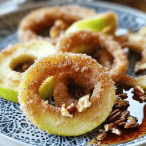 To make Air Fryer Cinnamon Sugar Apple Rings, you need a few key items. Here’s a list of what you’ll need: - 2 large apples (such as Granny Smith or Honeycrisp) - 1/2 cup all-purpose flour - 1 teaspoon baking powder - 1 teaspoon ground cinnamon (plus extra for coating) - 1/4 teaspoon ground nutmeg - 1/4 teaspoon salt - 1/2 cup milk (can be dairy or plant-based) - 1 tablespoon pure maple syrup - 1/4 cup granulated sugar - 1/2 teaspoon vanilla extract - Cooking spray These ingredients come together to create a warm, sweet treat that’s perfect for any time. Choosing the right apples can really boost your flavor. I recommend using Granny Smith or Honeycrisp apples. Granny Smith apples add a lovely tartness. Honeycrisp apples are sweet and juicy. Both options work well in this recipe. Their natural sweetness pairs perfectly with cinnamon and sugar. You can use any milk you like for this recipe. Whole milk gives a rich flavor. You can also choose almond milk or oat milk for a plant-based option. Just make sure to use unsweetened versions for the best taste. The milk helps create a nice batter that coats the apple rings just right. Start with two large apples. I love using Granny Smith or Honeycrisp. They have great flavor and crunch. First, wash the apples well. Then, use a corer to remove the core. After that, slice each apple into rings that are about 1/4-inch thick. A mandoline slicer can help you get even slices. This step is key to making sure the apple rings cook evenly. In a medium mixing bowl, combine the dry ingredients. You need 1/2 cup of all-purpose flour, 1 teaspoon of baking powder, 1 teaspoon of ground cinnamon, 1/4 teaspoon of ground nutmeg, and 1/4 teaspoon of salt. Whisk them together until mixed well. In another bowl, whisk together the wet ingredients. You will need 1/2 cup of milk, 1 tablespoon of pure maple syrup, and 1/2 teaspoon of vanilla extract. Mix until smooth. Now, pour the wet mixture into the dry bowl. Stir gently until combined, but be careful not to overmix. The batter should be thick but smooth. Preheat your air fryer to 350°F (175°C) for about 5 minutes. This helps the apple rings cook evenly. Dip each apple ring into the batter. Make sure each ring is well coated. Let any extra batter drip back into the bowl. Lightly spray the air fryer basket with cooking spray. Arrange the battered apple rings in a single layer. Make sure they do not overlap. Depending on your air fryer size, you might need to fry them in batches. Cook the apple rings for 8-10 minutes. Flip them halfway through. They should turn golden brown and become tender. While the apple rings cook, mix the cinnamon-sugar coating. Combine 1/4 cup of granulated sugar and 1 teaspoon of ground cinnamon in a shallow bowl. Once the apple rings are done, move them to the cinnamon-sugar mix. Toss them gently while they are still warm. This ensures each ring gets a good coat. Allow them to cool slightly before serving. Enjoy your delicious treat! To cook your apple rings evenly, preheat your air fryer. Set it to 350°F (175°C) for about 5 minutes. This step warms the air inside, helping the apple rings cook evenly. When placing the rings in the basket, arrange them in a single layer. Avoid stacking or overlapping them. If your air fryer is small, cook the rings in batches. Flipping the rings halfway through cooking helps too. This method ensures that both sides become golden and crisp. For a great cinnamon sugar coating, mix 1/4 cup of granulated sugar with 1 teaspoon of ground cinnamon in a shallow bowl. Once your apple rings are cooked, take them out while they’re still warm. This helps the sugar stick better. Toss the warm rings in the cinnamon sugar mixture. Make sure each ring is coated well. You can adjust the cinnamon amount based on your taste. If you like it sweeter, add a bit more sugar. One common mistake is not cutting the apple rings evenly. Aim for about 1/4-inch thick slices. This helps them cook at the same rate. Another mistake is overmixing the batter. Mix just until combined to keep the batter thick and smooth. Also, avoid overcrowding the air fryer basket. This can lead to soggy rings. Lastly, don’t skip the cinnamon sugar coating. It adds a wonderful flavor that makes these apple rings a true treat! {{image_4}} You can mix up the flavors of your apple rings easily. Try adding a pinch of ginger or cardamom to the batter for a warm spice. You can also add a splash of orange juice or zest for a bright note. Consider using coconut sugar instead of granulated sugar for a deeper flavor. If you like a bit of heat, a dash of cayenne pepper can be a fun twist. If you need a gluten-free option, use a gluten-free flour blend instead of all-purpose flour. Many blends work well, like almond flour or oat flour. Just make sure to check the blend's texture and adjust the liquid if needed. This way, everyone can enjoy these tasty treats without worry. Serving your apple rings can be fun and creative. Drizzle some warm maple syrup on top for extra sweetness. Add a scoop of vanilla ice cream for a lovely contrast of hot and cold. You can also sprinkle chopped nuts on top for a nice crunch. For a light touch, serve them with a dollop of whipped cream or yogurt. These additions make the apple rings even more delightful! To keep your leftover apple rings fresh, place them in an airtight container. Make sure they cool to room temperature first. Store them in the fridge for up to three days. If you want to preserve them longer, freezing is a great option. When you're ready to enjoy those leftover apple rings, reheat them in the air fryer. Set the air fryer to 350°F (175°C) and cook for about 3-5 minutes. This method helps restore their crispiness. You can also use a toaster oven if you don’t have an air fryer. To freeze apple rings, first, let them cool completely. Place them in a single layer on a baking sheet. Freeze them for about an hour, then transfer them to a freezer bag. Remove as much air as possible to prevent freezer burn. They will last for up to three months. Yes, you can use other fruits! Pears work great and have a sweet flavor. You can also try peaches or bananas. Just remember to slice them thinly, like the apples. This helps them cook evenly in the air fryer. The apple rings stay fresh for about 2 to 3 days when stored properly. Keep them in an airtight container at room temperature. If you want them to last longer, you can refrigerate them. Just know that they may lose some crispness. Any air fryer will work for this recipe. I like using models with adjustable temperature settings. Brands like Philips, Ninja, or Cosori are popular. They cook evenly and can handle a good amount of food at once. Always check your air fryer’s manual for specific guidelines. In this article, we explored making delicious air fryer cinnamon sugar apple rings. We covered essential ingredients, from the best apples to milk choices. You learned step-by-step how to prepare, mix, and air fry your apple rings for great results. We shared tips to ensure even cooking and avoid common mistakes. You also found fun variations and ways to store your leftovers. Enjoy experimenting with this tasty snack. Trust me, these apple rings will become a new favorite treat! Happy cooking!