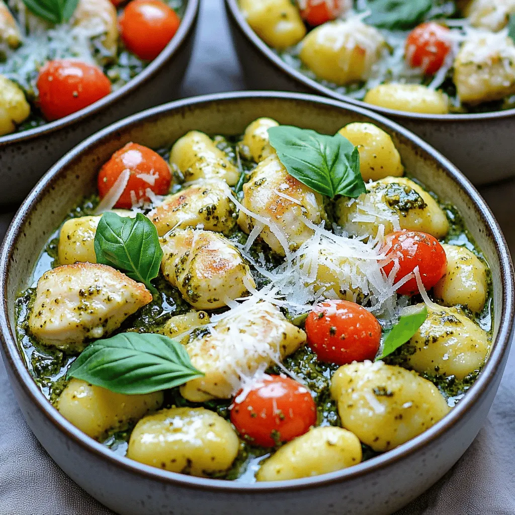 - 1 lb chicken breast, diced into bite-sized pieces - 1 lb gnocchi - 1 cup pesto sauce - 1 cup heavy cream - 1 teaspoon garlic powder - 1 teaspoon onion powder - 1 cup cherry tomatoes, halved - 1 cup baby spinach - 1/2 cup grated Parmesan cheese - Fresh basil leaves - 1 tablespoon olive oil Gather these ingredients for a quick and easy meal. The chicken gives protein and flavor. Gnocchi adds a soft, chewy texture. Pesto sauce brings a fresh taste, while heavy cream makes it rich and creamy. The seasonings, like garlic powder and onion powder, enhance the dish. Cherry tomatoes add a pop of color, and baby spinach provides a healthy green touch. Garnishes like grated Parmesan and fresh basil finish the dish wonderfully. Olive oil adds a silky touch to your meal. Each ingredient plays its role in making this dish a delight. Let's get cooking! - Heat 1 tablespoon of olive oil in a large pot over medium-high heat. - Once the oil is hot, add 1 pound of diced chicken breast. - Season the chicken with 1 teaspoon of garlic powder, 1 teaspoon of onion powder, salt, and black pepper. - Cook the chicken for about 5-7 minutes until it turns brown and cooks through. - Once done, take the chicken out of the pot and set it aside. - In the same pot, pour in 2 cups of chicken broth. - Increase the heat to high and bring the broth to a boil. - Add 1 pound of gnocchi to the pot once the broth is boiling. - Reduce the heat to medium and cook the gnocchi according to the package instructions, which usually takes 3-5 minutes. - After the gnocchi is cooked, return the sautéed chicken to the pot. - Add 1 cup of halved cherry tomatoes and 1 cup of baby spinach. - Stir gently and cook for an additional 2-3 minutes until the spinach wilts and the tomatoes soften. - Remove the pot from the heat and stir in 1/2 cup of grated Parmesan cheese. - Mix until the cheese melts and blends into the creamy sauce. - Taste and adjust the seasoning with salt and pepper as needed. To make your One-Pot Creamy Pesto Chicken Gnocchi shine, pay attention to cooking times. Sauté the chicken for about 5-7 minutes until it is golden and cooked through. This step adds flavor and texture. When you add the gnocchi, follow the package instructions closely. Typically, it cooks in just 3-5 minutes. Overcooking can ruin its soft, pillowy texture. Adjusting seasoning makes a big difference. After you combine everything, taste the dish. If it needs more flavor, add salt or pepper. Remember, seasoning is key to a great meal! For a richer sauce, consider adding a bit more heavy cream. This will give your dish a velvety texture. If you want to lighten it up, try using half-and-half or a plant-based milk. Both options can still deliver a creamy feel. You can also add a dollop of cream cheese or sour cream to enhance the richness. These additions will bring extra flavor and creaminess to the sauce. Presentation can elevate your dish. For serving, use deep bowls to showcase the creamy gnocchi mixture. This allows guests to enjoy every layer of flavor. Add an extra sprinkle of Parmesan cheese on top for a touch of elegance. Drizzle a bit of olive oil over the dish for sheen and richness. Fresh basil leaves are not only a lovely garnish, but they also boost the dish's flavor. A few leaves on top will make your meal pop with color and taste. Enjoy every creamy bite! {{image_4}} You can switch chicken for shrimp or tofu. Shrimp cooks quickly and adds a nice touch. Tofu is great for a plant-based option. It absorbs flavors well, making it tasty. You can also use different cuts of chicken. Thighs are juicier and add more flavor. Drumsticks can work too, just remember to adjust cooking time. You have choices for the pesto sauce. Homemade pesto gives a fresh taste. Store-bought pesto is quick and easy. Both options work well in this dish. You can also play with herbs. Try adding fresh basil, parsley, or even arugula. Each herb brings a new flavor twist to your meal. Add more greens for extra nutrition. Kale or arugula can boost the dish. These greens are rich in vitamins and taste great. You can also toss in other vegetables. Bell peppers, zucchini, or broccoli can enhance flavor and color. Just remember to cut them small so they cook evenly. To keep your One-Pot Creamy Pesto Chicken Gnocchi fresh, follow these steps: - Cool the dish: Let it sit at room temperature for about 30 minutes. - Use airtight containers: Store in glass or plastic containers with tight lids. - Label and date: Mark your containers with the date for easy tracking. You can refrigerate the leftovers for up to 3 days. When you're ready to enjoy your leftovers, reheating is simple: - Stovetop method: Place the dish in a pot over low heat. Stir gently and add a splash of chicken broth or cream to keep it creamy. - Microwave method: Transfer to a microwave-safe bowl. Heat in short bursts of 30 seconds, stirring in between. To keep the sauce smooth, add a little cream or broth while reheating. If you want to save some for later, freezing is easy: - Cool completely: Make sure the dish is cool before freezing. - Use freezer-safe containers: Avoid glass containers as they might crack. - Portion it out: Freeze in portions for easy meals later. To thaw and reheat, place the container in the fridge overnight. Reheat using the stovetop or microwave methods mentioned above. This dish can be frozen for up to 3 months without losing its taste. Yes, you can prepare this dish ahead. Start by cooking the chicken and making the sauce with the cream and pesto. You can store the cooked chicken and sauce in the fridge for up to two days. When ready to eat, cook the gnocchi separately. Then, combine the gnocchi with the chicken and sauce. This keeps the gnocchi from getting mushy. Absolutely! This recipe is great for meal prep. You can portion the creamy pesto chicken gnocchi into containers. Make sure to let it cool before sealing. This helps keep the dish fresh. When you’re ready to eat, just reheat in the microwave or on the stove. If you want to swap gnocchi, try these options: - Pasta: Use small pasta shapes like fusilli or penne. - Rice: Arborio rice can be a creamy alternative. - Gluten-free alternatives: Choose gluten-free pasta or cauliflower gnocchi for a light option. These choices still offer great taste and texture. This recipe combines chicken, gnocchi, and pesto for a tasty meal. We talked about key ingredients like chicken breast, pesto sauce, and baby spinach. I provided step-by-step instructions to cook and blend these flavors. You can also adjust the dish with tips for creaminess and presentation. Remember, you can swap proteins and add different veggies to make it your own. Enjoy your cooking and make this dish your new favorite!
