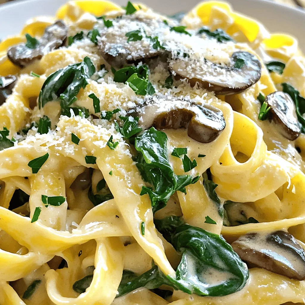 - 8 oz (225 g) pasta (penne or fettuccine recommended) - 2 tablespoons extra virgin olive oil - 1 small onion, finely chopped - 3 cloves garlic, minced - 8 oz (225 g) mushrooms, sliced (cremini or button) - 3 cups fresh baby spinach - 1 cup vegetable broth (low-sodium preferred) - 1 cup heavy cream - 1/2 cup freshly grated Parmesan cheese - 1 teaspoon dried thyme - 1/2 teaspoon red pepper flakes (adjust to taste for spiciness) - Salt and freshly cracked black pepper to taste - Fresh parsley, chopped (for garnish) For this creamy mushroom spinach pasta, I recommend using penne or fettuccine. Both types hold the sauce well. Penne has a nice bite and grooves that catch sauce. Fettuccine offers a silky texture, which complements the creaminess perfectly. You can also try whole wheat or gluten-free pasta if you prefer a healthier or gluten-free option. Garnishes add a special touch to your dish. I suggest using freshly chopped parsley for color and freshness. You can also sprinkle some extra Parmesan cheese on top for added flavor. If you like spice, try adding a bit more red pepper flakes. For a touch of zest, a squeeze of lemon juice works wonders too! First, grab a large pot. Heat 2 tablespoons of olive oil over medium heat. Add 1 small chopped onion and cook for 3-4 minutes. You want the onion to be soft and clear. Next, stir in 3 minced garlic cloves. Cook for 1 more minute. The garlic should smell nice but not burn. Now, toss in 8 ounces of sliced mushrooms. Stir well to coat them in the oil. Cook for 5-7 minutes, stirring from time to time. The mushrooms will soften and turn brown. This step adds great flavor to your dish. Once the mushrooms are ready, add 3 cups of fresh spinach. Cook until it wilts, about 2 minutes. Now, add the pasta, 1 cup of vegetable broth, and 1 cup of heavy cream. Sprinkle in 1 teaspoon of dried thyme and 1/2 teaspoon of red pepper flakes. Season with salt and black pepper to taste. Turn up the heat a bit to bring the mix to a gentle boil. Once it boils, lower the heat, cover the pot, and let it simmer. Cook for 12-15 minutes. Stir every few minutes to keep the pasta from sticking. The pasta should be al dente and soak up most of the liquid. After cooking, take the pot off the heat. Stir in 1/2 cup of grated Parmesan cheese. The cheese will melt and make the sauce creamy. Taste it and add more salt or pepper if you want. Spoon the creamy mushroom spinach pasta into bowls. Top with freshly chopped parsley. This step adds color and flavor to your dish. Enjoy your one-pot delight! To get that perfect creamy sauce, use heavy cream. It adds richness and flavor. When you stir in the Parmesan cheese, do it off the heat. This keeps the cheese from clumping. For extra depth, add a splash of white wine before mixing in the cream. This will brighten the dish and add a nice twist. If you want a lighter version, try half-and-half instead of heavy cream. You won't lose too much creaminess. To keep your pasta from getting mushy, check it often. Start tasting at about 10 minutes. The goal is al dente, which means firm to the bite. If you let it cook too long, it will soak up too much liquid. Stir the pot occasionally to ensure even cooking and prevent sticking. If the sauce thickens too much, add a bit more broth or water to help it along. If you have leftover mushrooms, store them in a paper bag. This helps them breathe and stay fresh longer. Avoid plastic bags, as they trap moisture and cause spoilage. When reheating, sauté them lightly to revitalize their flavor. You can also toss them into an omelet or salad for a quick meal. Adding a bit of salt and pepper will enhance their taste even more. {{image_4}} You can make this creamy mushroom spinach pasta even more veggie-friendly. Try adding a mix of roasted vegetables. Zucchini, bell peppers, and cherry tomatoes work well. You can also include artichoke hearts for a tangy twist. Just toss them in with the spinach, and let them wilt a bit. For extra flavor, add some nutritional yeast for a cheesy taste without dairy. If you want to add protein, chicken or shrimp are great choices. For chicken, use cooked, diced pieces. Stir them in when you add the cheese. If you choose shrimp, add them during the cooking stage with the mushrooms. Cook until they turn pink. This makes your pasta more filling and adds a nice texture. Need a gluten-free option? Substitute regular pasta with gluten-free pasta. Look for brands made from rice or chickpeas. You can also use zucchini noodles for a lighter dish. Just sauté them briefly before adding the sauce. This way, you keep the creamy goodness while making it friendly for gluten-sensitive folks. After enjoying your creamy mushroom spinach pasta, let it cool. Place the pasta in an airtight container. It will stay fresh in the fridge for 3 to 4 days. Make sure to seal it well to keep moisture out. If you want to keep it longer, consider freezing. To reheat, use a pot on low heat. Add a splash of vegetable broth or cream to keep it moist. Stir often until it is warm throughout. You can also use a microwave, but cover it to avoid drying out. Heat in short bursts, stirring in between. If you plan to freeze your pasta, ensure it cools completely first. Use a freezer-safe container or bag. It will keep well for up to 2 months. When ready to eat, thaw it overnight in the fridge. Reheat gently as mentioned above. Yes, you can use other cheeses. For a sharper taste, try using aged cheddar or gouda. A creamy cheese like cream cheese can also work well. Just remember, the flavor will change with different cheeses. To make this dish dairy-free, swap heavy cream for coconut cream or a nut milk. Use a dairy-free cheese to keep the creamy texture. Check labels to ensure they are truly dairy-free. You can add many veggies to this pasta. Try bell peppers, zucchini, or broccoli for more color and taste. Peas or artichokes also work great. Just chop them small and add them when you cook the mushrooms. Yes, you can double this recipe easily. Just make sure your pot is big enough. You may need to increase the cooking time slightly. Keep an eye on the pasta to ensure it cooks well. The pasta cooks in about 12-15 minutes. Stir it often to prevent sticking. Check for doneness by tasting it. You want it to be al dente, which means firm but not hard. In this blog post, we explored the right ingredients and steps to make a delicious pasta dish. You learned about recommended pasta types, optional garnishes, and how to cook perfect pasta every time. I shared tips for a creamy sauce and how to store leftovers. Variations let you customize your meal based on your diet. You can even adapt the recipe for different servings. Enjoy crafting your next pasta dish with these ideas in mind. Happy cooking!
