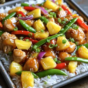 - 1 lb boneless, skinless chicken thighs - 1 cup pineapple chunks - 1 bell pepper (red or yellow) - 1 medium red onion - 1 cup snap peas - 3/4 cup sweet and sour sauce - 2 tablespoons soy sauce - 1 tablespoon sesame oil - 2 cloves garlic - 1 teaspoon fresh ginger - Salt and pepper - Cooked rice for serving - Chopped green onions and sesame seeds for garnish For this recipe, I use chicken thighs. They stay juicy and tender. You can also use pineapple chunks from a can or fresh fruit. Bell peppers add great color and crunch. You can pick red or yellow based on your taste. Red onion brings sweetness and flavor. Snap peas add a nice pop of green. For the sauce, I use sweet and sour sauce, soy sauce, sesame oil, garlic, and ginger. This mix gives the dish a bright taste. You can adjust the salt and pepper to your liking. If you want to make it a full meal, rice is a great choice. The rice absorbs the sauce and balances the flavors. Finally, add green onions and sesame seeds for a nice touch. They add crunch and freshness to your plate. - Preheat the oven to 400°F (200°C). - Line a large sheet pan with parchment paper. - Prepare chicken and vegetables. Cut chicken into bite-sized pieces. Chop bell pepper into strips. Slice the onion into wedges and trim the snap peas. - Combine chicken, pineapple, bell pepper, onion, and snap peas in a bowl. Toss gently until mixed. - In another bowl, whisk the sweet and sour sauce, soy sauce, sesame oil, minced garlic, and grated ginger. Add a pinch of salt and pepper. Mix until smooth. - Pour the sauce over the chicken and veggies. Toss until everything is coated. - Transfer the chicken and vegetable mixture to the sheet pan. Spread it evenly for cooking. - Bake in the oven for 25-30 minutes. Stir halfway through for even cooking. - Check the chicken's doneness by measuring the internal temperature. It should reach 165°F (75°C). - Choose chicken thighs for juiciness. They stay moist and tender. - Marinate your chicken for at least 30 minutes. This helps flavors soak in. - Spread everything evenly on the pan. This ensures proper cooking and browning. - Serve with steamed rice or quinoa for a filling meal. - Garnish with chopped green onions and sesame seeds for a pop of color. - Add lime wedges on the side for a fresh burst of flavor. - If you can't find chicken thighs, use chicken breasts. They are leaner but may dry out. - Mix in other veggies like broccoli, carrots, or zucchini for more taste and texture. - Use canned pineapple if fresh is not available; just drain it well. {{image_4}} You can make your own sweet and sour sauce. Just mix sugar, vinegar, and ketchup. Add soy sauce for a deeper flavor. This homemade sauce is fresh and tasty! If you want a twist, try teriyaki sauce or orange sauce. Both give a sweet touch and work well with chicken and veggies. You can swap chicken for different proteins. Tofu works well for a vegetarian dish. Shrimp adds a fun seafood twist. You can also use seasonal veggies. Try broccoli in winter or zucchini in summer. These changes keep the dish exciting and fresh. If you need a gluten-free option, use tamari instead of soy sauce. This keeps the flavor while meeting dietary needs. For vegan alternatives, swap chicken for chickpeas. You can also use a mix of veggies. Both options are healthy and delicious. To store leftovers, let the sweet and sour chicken cool first. Place it in an airtight container. This keeps moisture in and prevents drying out. Always cover the dish well to avoid strong fridge odors. Your chicken will stay fresh for up to three days in the fridge. If you want to freeze the sweet and sour chicken, cool it completely. Use a freezer-safe container or bag. Make sure to remove as much air as possible. This helps prevent freezer burn. It can last in the freezer for up to three months. When you're ready to eat, thaw it overnight in the fridge. Reheat in the oven at 350°F (175°C) until hot. Stir occasionally for even heating. The ingredients in this dish have varying shelf lives. Fresh chicken lasts about one to two days in the fridge. Pineapple chunks can last about three to five days when stored well. Bell peppers and snap peas last about a week. Always check for freshness before cooking or eating. Storing food correctly helps ensure safety and taste. How can I make this dish spicier? To add heat, use chili flakes or hot sauce. Stir in these before baking. You can also add sliced jalapeños or a dash of sriracha for more flavor. Can I use frozen vegetables? Yes, frozen veggies work well! They save time and still taste great. Just make sure to thaw them before mixing with the chicken and sauce. What can I serve with sweet and sour chicken? Serve sweet and sour chicken over rice or noodles. You can also pair it with a fresh salad or steamed broccoli for balance. How long does it take to cook chicken at 400°F? At 400°F, chicken usually cooks in 25 to 30 minutes. Always check if it reaches 165°F for safety. Can I use a different type of pan? Yes, you can use any baking pan. Just ensure it’s large enough for even cooking. A glass or metal pan works well too. Is sweet and sour chicken healthy? Sweet and sour chicken can be healthy. It includes protein from chicken and vitamins from veggies. Just watch the sauce portion for sugar content. How many calories are in sweet and sour chicken? One serving of sweet and sour chicken has about 350 calories. This can change based on your sauce and side choices. This blog post covered the key ingredients, steps, and tips for making sweet and sour chicken. You learned how to prepare delicious chicken with vibrant veggies and a tasty sauce. Remember, feel free to mix up ingredients to suit your taste or dietary needs. Serving it with rice or garnishing with green onions adds a nice touch. Enjoy this dish that is simple, fun, and full of flavors! Cooking is all about exploring and enjoying the process. Happy cooking!