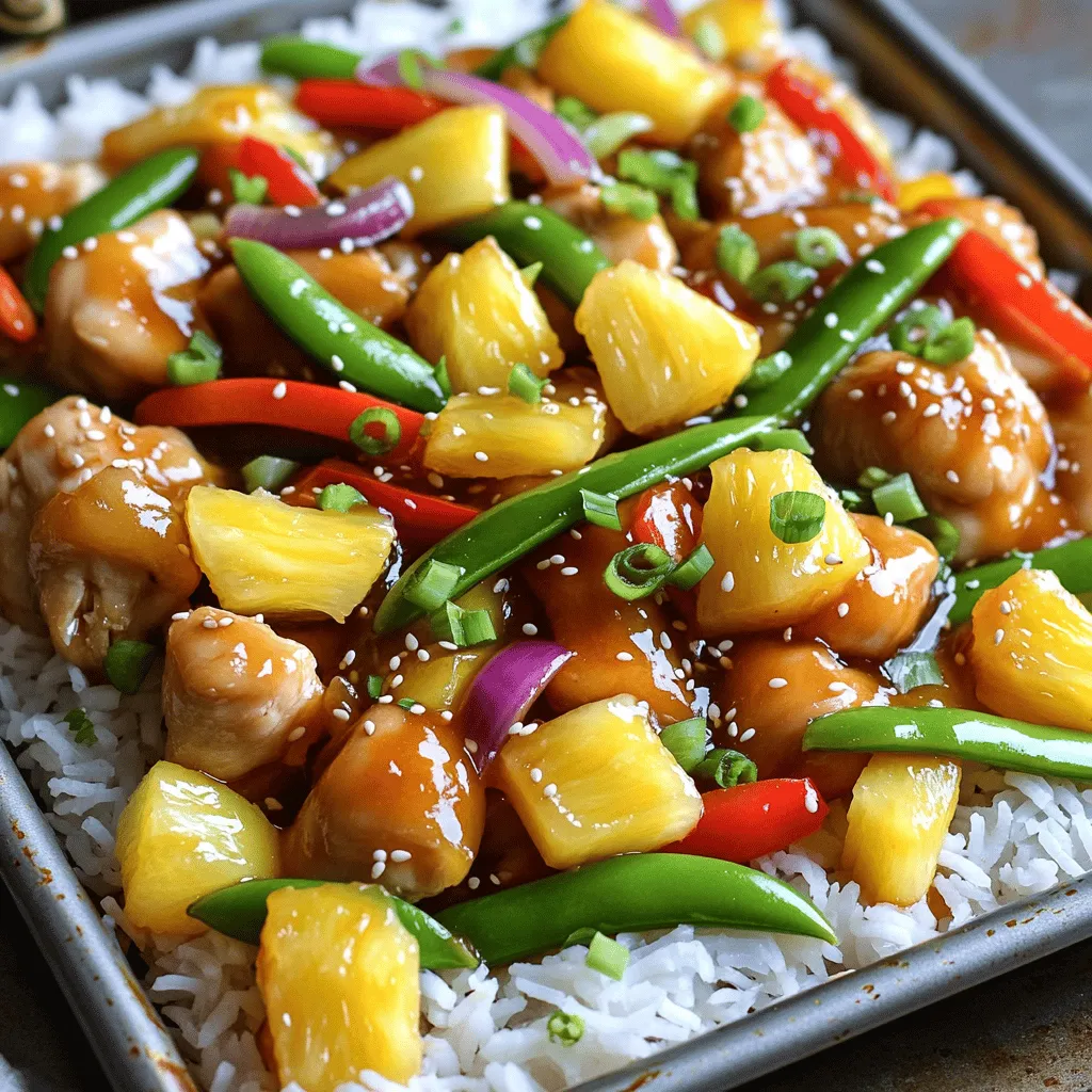 - 1 lb boneless, skinless chicken thighs - 1 cup pineapple chunks - 1 bell pepper (red or yellow) - 1 medium red onion - 1 cup snap peas - 3/4 cup sweet and sour sauce - 2 tablespoons soy sauce - 1 tablespoon sesame oil - 2 cloves garlic - 1 teaspoon fresh ginger - Salt and pepper - Cooked rice for serving - Chopped green onions and sesame seeds for garnish For this recipe, I use chicken thighs. They stay juicy and tender. You can also use pineapple chunks from a can or fresh fruit. Bell peppers add great color and crunch. You can pick red or yellow based on your taste. Red onion brings sweetness and flavor. Snap peas add a nice pop of green. For the sauce, I use sweet and sour sauce, soy sauce, sesame oil, garlic, and ginger. This mix gives the dish a bright taste. You can adjust the salt and pepper to your liking. If you want to make it a full meal, rice is a great choice. The rice absorbs the sauce and balances the flavors. Finally, add green onions and sesame seeds for a nice touch. They add crunch and freshness to your plate. - Preheat the oven to 400°F (200°C). - Line a large sheet pan with parchment paper. - Prepare chicken and vegetables. Cut chicken into bite-sized pieces. Chop bell pepper into strips. Slice the onion into wedges and trim the snap peas. - Combine chicken, pineapple, bell pepper, onion, and snap peas in a bowl. Toss gently until mixed. - In another bowl, whisk the sweet and sour sauce, soy sauce, sesame oil, minced garlic, and grated ginger. Add a pinch of salt and pepper. Mix until smooth. - Pour the sauce over the chicken and veggies. Toss until everything is coated. - Transfer the chicken and vegetable mixture to the sheet pan. Spread it evenly for cooking. - Bake in the oven for 25-30 minutes. Stir halfway through for even cooking. - Check the chicken's doneness by measuring the internal temperature. It should reach 165°F (75°C). - Choose chicken thighs for juiciness. They stay moist and tender. - Marinate your chicken for at least 30 minutes. This helps flavors soak in. - Spread everything evenly on the pan. This ensures proper cooking and browning. - Serve with steamed rice or quinoa for a filling meal. - Garnish with chopped green onions and sesame seeds for a pop of color. - Add lime wedges on the side for a fresh burst of flavor. - If you can't find chicken thighs, use chicken breasts. They are leaner but may dry out. - Mix in other veggies like broccoli, carrots, or zucchini for more taste and texture. - Use canned pineapple if fresh is not available; just drain it well. {{image_4}} You can make your own sweet and sour sauce. Just mix sugar, vinegar, and ketchup. Add soy sauce for a deeper flavor. This homemade sauce is fresh and tasty! If you want a twist, try teriyaki sauce or orange sauce. Both give a sweet touch and work well with chicken and veggies. You can swap chicken for different proteins. Tofu works well for a vegetarian dish. Shrimp adds a fun seafood twist. You can also use seasonal veggies. Try broccoli in winter or zucchini in summer. These changes keep the dish exciting and fresh. If you need a gluten-free option, use tamari instead of soy sauce. This keeps the flavor while meeting dietary needs. For vegan alternatives, swap chicken for chickpeas. You can also use a mix of veggies. Both options are healthy and delicious. To store leftovers, let the sweet and sour chicken cool first. Place it in an airtight container. This keeps moisture in and prevents drying out. Always cover the dish well to avoid strong fridge odors. Your chicken will stay fresh for up to three days in the fridge. If you want to freeze the sweet and sour chicken, cool it completely. Use a freezer-safe container or bag. Make sure to remove as much air as possible. This helps prevent freezer burn. It can last in the freezer for up to three months. When you're ready to eat, thaw it overnight in the fridge. Reheat in the oven at 350°F (175°C) until hot. Stir occasionally for even heating. The ingredients in this dish have varying shelf lives. Fresh chicken lasts about one to two days in the fridge. Pineapple chunks can last about three to five days when stored well. Bell peppers and snap peas last about a week. Always check for freshness before cooking or eating. Storing food correctly helps ensure safety and taste. How can I make this dish spicier? To add heat, use chili flakes or hot sauce. Stir in these before baking. You can also add sliced jalapeños or a dash of sriracha for more flavor. Can I use frozen vegetables? Yes, frozen veggies work well! They save time and still taste great. Just make sure to thaw them before mixing with the chicken and sauce. What can I serve with sweet and sour chicken? Serve sweet and sour chicken over rice or noodles. You can also pair it with a fresh salad or steamed broccoli for balance. How long does it take to cook chicken at 400°F? At 400°F, chicken usually cooks in 25 to 30 minutes. Always check if it reaches 165°F for safety. Can I use a different type of pan? Yes, you can use any baking pan. Just ensure it’s large enough for even cooking. A glass or metal pan works well too. Is sweet and sour chicken healthy? Sweet and sour chicken can be healthy. It includes protein from chicken and vitamins from veggies. Just watch the sauce portion for sugar content. How many calories are in sweet and sour chicken? One serving of sweet and sour chicken has about 350 calories. This can change based on your sauce and side choices. This blog post covered the key ingredients, steps, and tips for making sweet and sour chicken. You learned how to prepare delicious chicken with vibrant veggies and a tasty sauce. Remember, feel free to mix up ingredients to suit your taste or dietary needs. Serving it with rice or garnishing with green onions adds a nice touch. Enjoy this dish that is simple, fun, and full of flavors! Cooking is all about exploring and enjoying the process. Happy cooking!