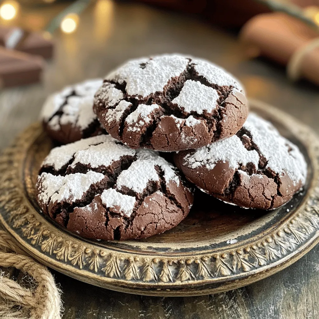 The key to making warm chocolate crinkle cookies lies in the perfect blend of ingredients. Here’s what you need: - 1 cup all-purpose flour - 1/2 cup unsweetened cocoa powder - 1/2 teaspoon baking powder - 1/4 teaspoon fine sea salt - 1/2 cup granulated sugar - 1/2 cup packed brown sugar - 1/4 cup vegetable oil - 2 large eggs - 1 teaspoon pure vanilla extract - 1/2 cup powdered sugar for rolling and coating Each of these ingredients plays a vital role. The flour provides structure. The cocoa adds rich flavor. Baking powder helps the cookies rise. Sea salt boosts sweetness. Granulated and brown sugars create that lovely sweetness and texture. Oil gives moisture, while eggs bind everything. Vanilla brings a warm aroma. Finally, powdered sugar makes that signature crinkle texture. Feel free to get creative! You can swap in dark chocolate for a richer taste or mix in chocolate chips for extra gooeyness. Whatever you choose, these ingredients set the stage for a delightful cookie experience. 1. Preheating the oven and preparing the baking sheet Start by preheating your oven to 350°F (175°C). Grab a baking sheet and line it with parchment paper. This step keeps the cookies from sticking and helps them bake evenly. 2. Sifting dry ingredients together In a medium bowl, sift together 1 cup of all-purpose flour, 1/2 cup of unsweetened cocoa powder, 1/2 teaspoon of baking powder, and 1/4 teaspoon of fine sea salt. Sifting adds air and prevents lumps in your dry mix. 3. Mixing the wet ingredients In a large bowl, combine 1/2 cup of granulated sugar, 1/2 cup of packed brown sugar, and 1/4 cup of vegetable oil. Whisk until smooth. This helps dissolve the sugar into the oil for a better blend. 1. Incorporating eggs and vanilla into the mixture Add 2 large eggs, one at a time, to the sugar mix. Whisk well after each egg. This ensures a smoother batter. Then, stir in 1 teaspoon of pure vanilla extract until mixed. 2. Gradually adding dry ingredients to wet Slowly add the sifted dry ingredients to the wet mixture. Mix just until combined. Your dough should feel thick and slightly sticky, but don’t over-mix it. 3. Chilling the dough Cover the bowl with plastic wrap and chill the dough for about 30 minutes. Chilling makes the dough easier to handle and helps the cookies keep their shape. 1. Forming the cookie balls After chilling, use a tablespoon or small scoop to portion out the dough. Roll each piece into a smooth ball with your hands. 2. Coating with powdered sugar Roll each dough ball in 1/2 cup of powdered sugar. Make sure they are fully coated. This sugar will create the lovely crinkle effect while baking. 3. Baking and cooling process Place the sugar-coated cookie balls on the baking sheet, spacing them about 2 inches apart. Bake for 10-12 minutes. The edges should be set, and the tops will show beautiful cracks. Cool on the sheet for 5 minutes, then transfer to a wire rack to cool completely. To get that perfect crinkle, the dough’s thickness matters. If the dough is too thin, the cookies won't rise well. Aim for a dough that is thick and slightly sticky. This helps form those lovely cracks as they bake. When rolling your cookies, use clean hands to make smooth balls. Try to keep them even in size. This ensures they bake uniformly. Keep an eye on your oven temperature. Preheat to 350°F (175°C) for the best results. Bake the cookies for 10-12 minutes. The edges should be set, while the tops look crinkled and soft. For serving, present these cookies warm on a nice platter. Dust them with a bit of extra powdered sugar for charm. You can also pair them with a scoop of creamy vanilla ice cream. It adds a rich touch to the warm chocolate. For drinks, serve with hot chocolate or coffee. The flavors mix well and create a delightful experience. Enjoy sharing these treats with friends and family! {{image_4}} You can switch up the chocolate in these cookies. Using dark chocolate gives a richer taste. It also adds depth to the flavor. Milk chocolate, on the other hand, makes these cookies sweeter and creamier. You can also add chocolate chips or chunks to the dough. This makes each bite even more delightful. The melted chocolate pieces create a gooey center that is hard to resist. I suggest using a mix of both dark and milk chocolate. This offers the best of both worlds. If you need gluten-free cookies, swap the all-purpose flour for a gluten-free blend. Make sure it has a substitute for the binding agents to keep cookies soft. For vegan options, replace the eggs with flaxseed meal. Mix one tablespoon of flaxseed meal with three tablespoons of water. Let it sit for a few minutes to thicken. You can also use coconut oil or applesauce instead of vegetable oil. These changes keep the cookies rich and soft without losing flavor. To keep your warm chocolate crinkle cookies fresh, store them in an airtight container. This helps lock in moisture. Place parchment paper between layers of cookies to avoid sticking. They stay best at room temperature for up to a week. If you want to keep them longer, freezing is a great option. For freezing, wrap each cookie in plastic wrap. Then, place them in a freezer bag. You can freeze them for up to three months. Just make sure to label the bag with the date. This way, you’ll know when to eat them! When you want that fresh-baked taste, reheating is key. Preheat your oven to 300°F (150°C). Place the cookies on a baking sheet and heat for about 5 minutes. This warms them gently and keeps them soft. If you need a quick option, use the microwave. Heat one cookie for about 10 seconds. Check if it’s warm enough. Be careful not to overheat, as it can dry them out. Enjoy your cookies warm for the best experience! Warm chocolate crinkle cookies last about one week when stored in an airtight container. They stay soft and tasty. For best results, keep them at room temperature. If you want to keep them fresh for longer, you can freeze them. Yes, you can freeze the cookie dough. Just scoop the dough into balls and freeze them on a baking sheet. Once frozen, transfer them to a freezer bag. They will stay good for up to three months. When ready to bake, just add a couple of extra minutes to the bake time. The secret to a chewy texture lies in the dough. Make sure not to over-mix when combining wet and dry ingredients. Chilling the dough also helps keep the cookies thick, which adds to the chewiness. Baking just until the edges are set will keep the center soft. To prevent cookies from spreading too much, ensure the dough is cold before baking. Space the cookie balls about two inches apart on the baking sheet. You can also try adding a bit more flour if your dough seems too sticky. In this blog post, we explored how to make delicious chocolate crinkle cookies. We covered ingredients, baking steps, and helpful tips. You learned ways to customize your cookies and how to store them for freshness. Remember, thickness and technique can make your cookies perfect. Enjoy these sweet treats with friends or family! Happy baking!