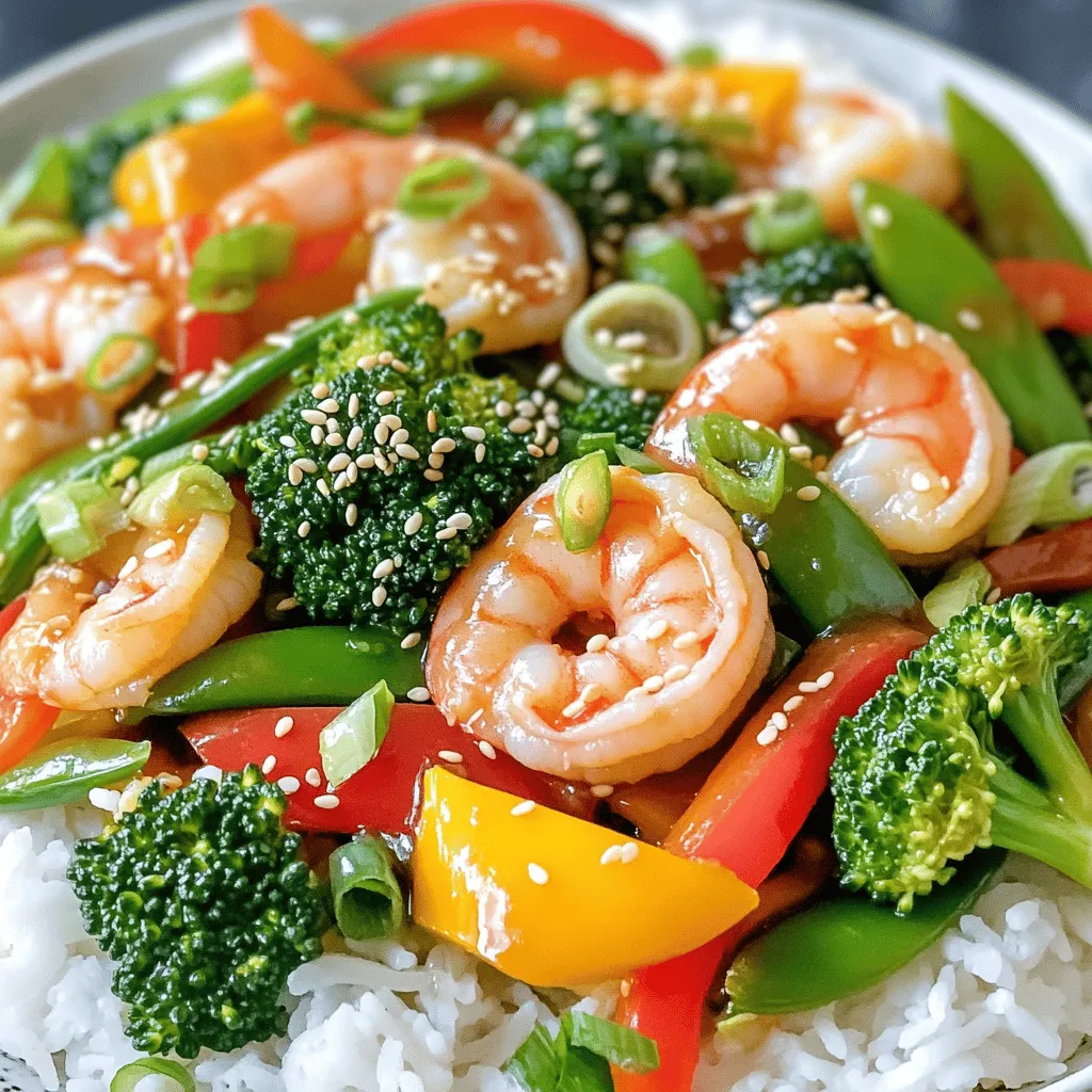 - Shrimp specifications: Use 1 lb of shrimp, peeled and deveined. Fresh shrimp gives the best flavor. - Vegetables required: You need 1 bell pepper (any color), 1 cup broccoli florets, and 1 cup snap peas. These veggies add color and crunch. - Additional garnishes: For a tasty finish, add 2 sliced green onions and 1 tablespoon sesame seeds. - Vegetable oil types: I prefer using vegetable oil or canola oil. Both work well for stir-frying. - Teriyaki sauce options: Choose a low-sodium teriyaki sauce to control salt levels. This keeps the dish healthier. - Rice or quinoa alternatives: Serve the stir-fry over cooked rice or quinoa. Both options are filling and complement the dish. - Prepping shrimp and vegetables: Start with 1 pound of shrimp. Make sure they are peeled and deveined. Next, wash and slice your bell pepper. You can choose any color you like. Rinse 1 cup of broccoli florets and 1 cup of snap peas. These veggies add color and crunch. - Cooking rice or quinoa: You can choose either rice or quinoa as your base. If you pick rice, cook it according to package directions. For quinoa, rinse it well and use a 2:1 water to quinoa ratio. Bring water to a boil, add quinoa, cover, and simmer for about 15 minutes. - Heating oil and cooking shrimp: Grab a large skillet or wok. Heat 1 tablespoon of vegetable oil over medium-high heat. Once the oil shimmers, add the shrimp. Cook for about 2-3 minutes on each side. Look for them to turn pink and opaque. When done, set the shrimp aside on a plate. - Stir-frying vegetables with aromatics: In the same skillet, add the second tablespoon of vegetable oil. Heat it and toss in your sliced bell pepper, broccoli, and snap peas. Stir-fry these for 4-5 minutes. You want them to be tender but still crisp. Then add 2 minced garlic cloves and 1-inch grated ginger. Stir for about 1 minute until fragrant. - Adding teriyaki sauce and finishing touches: Return the shrimp to the skillet. Pour in 1/4 cup of low-sodium teriyaki sauce. Gently toss everything to coat. Let it cook for an additional 2 minutes to heat through. - Serving suggestions: Remove the skillet from heat. Garnish with sliced green onions and a sprinkle of sesame seeds. Serve the stir-fry over a mound of warm rice or quinoa. This makes for a colorful and tasty meal. Cooking shrimp perfectly To cook shrimp just right, start with a hot skillet. Add a tablespoon of vegetable oil. When the oil shimmers, place the shrimp in the pan. Cook them for 2-3 minutes on each side. Look for that lovely pink color. Once they are opaque, they are done. Overcooking makes shrimp tough, so watch them closely. Achieving the ideal vegetable texture For crisp vegetables, stir-fry them quickly. After the shrimp, use the same skillet. Heat another tablespoon of oil, then add bell pepper, broccoli, and snap peas. Cook for about 4-5 minutes. Keep the heat high and stir often. You want them to stay bright and crunchy. Recommended seasonings For extra taste, add minced garlic and grated ginger to the veggies. This adds a nice aroma. You can also sprinkle in a pinch of red pepper flakes for heat. If you like more depth, try adding a dash of soy sauce. It boosts the umami flavor. Adjusting sauce levels for taste The teriyaki sauce is key. Use 1/4 cup for a balanced flavor. If you love a stronger taste, add more sauce. Taste as you go. It’s easy to adjust based on your preference. Just remember, too much sauce can make it soggy. Enjoy finding your perfect balance! {{image_4}} You can easily swap shrimp for other proteins. Chicken works well and is tasty. To keep it plant-based, use tofu instead. Just make sure to press the tofu to remove excess water. Feel free to mix up the vegetables too. Try adding carrots, bell peppers, or zucchini. Each veggie brings its own flavor and crunch. You can also use frozen vegetables if fresh ones aren't available. Want to make your own teriyaki sauce? It's simple! Mix 1/4 cup soy sauce, 2 tablespoons honey, 1 tablespoon rice vinegar, and a teaspoon of cornstarch. This sauce will give you a sweet and savory kick. For a low-calorie option, use low-sodium soy sauce. You can also add a bit of honey or agave syrup for sweetness without too many calories. This keeps your stir-fry healthy and delicious. To keep your teriyaki shrimp veggie stir-fry fresh, follow these steps: - Allow the stir-fry to cool down to room temperature. - Store leftovers in an airtight container. This helps keep out moisture and air. - Use glass or plastic containers that seal well. They prevent spills and odors from spreading. - Label the container with the date. This helps you track how long it has been stored. You can keep the stir-fry in the fridge for up to three days. After that, the taste and texture may change. Reheating your stir-fry properly is key for the best taste. Here’s how: - Use a skillet for the best results. Heat it over medium heat. - Add a splash of water or broth to keep it moist. - Stir the mixture gently to heat it evenly. This should take about 5-7 minutes. You can also use a microwave if you’re in a hurry: - Place the stir-fry in a microwave-safe bowl. - Cover it loosely with a lid or paper towel. - Heat for 1-2 minutes, stirring halfway through. Make sure it is heated all the way through before serving. Enjoy your delicious meal again! Yes, you can use frozen shrimp for this recipe. Just make sure to thaw them first. Place the shrimp in a bowl of cold water for about 15-20 minutes. Once thawed, pat them dry before cooking. This way, they will cook evenly and not release too much water into the stir-fry. You can serve teriyaki shrimp veggie stir-fry with warm cooked rice or quinoa. Both options soak up the delicious sauce well. You can also add a side of steamed edamame or a fresh salad. This adds more color and nutrients to your meal. The recipe can be made gluten-free by using gluten-free teriyaki sauce. Many brands offer gluten-free options, so look for those in stores. Also, choose gluten-free rice or quinoa, which are naturally gluten-free. Enjoy this dish without worry! In this article, we covered how to make a delicious teriyaki shrimp veggie stir-fry. We discussed fresh ingredients like shrimp and vegetables, pantry staples like oils and sauces, and essential preparation and cooking steps. I shared tips for perfecting your stir-fry and suggested ingredient swaps and sauce alternatives. Remember to store leftovers properly and follow reheating tips for the best taste. Enjoy experimenting with flavors and combinations, and I hope you create a meal that delights you!