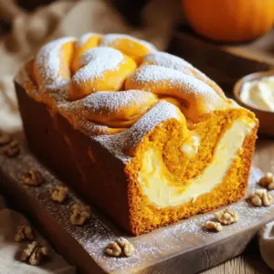 This pumpkin cream cheese bread is a cozy fall treat. It needs a few key ingredients. Here’s what you will use: - 1 cup pumpkin puree (canned or homemade) - 1/2 cup granulated sugar - 1/2 cup packed brown sugar - 1/2 cup vegetable oil - 3 large eggs - 1 teaspoon pure vanilla extract - 1 1/2 cups all-purpose flour - 1 teaspoon baking soda - 1/2 teaspoon baking powder - 1/2 teaspoon fine salt - 2 teaspoons ground cinnamon - 1/2 teaspoon ground nutmeg - 1/4 teaspoon ground ginger Each ingredient adds flavor and moisture to the bread. The pumpkin puree brings a rich taste and a lovely color. Sugars add sweetness and help create a soft texture. The spices give it that warm fall aroma. The cream cheese filling takes this bread to the next level. For this, you will need: - 8 oz cream cheese, softened at room temperature - 1/4 cup powdered sugar - 1 teaspoon fresh lemon juice This filling is creamy and sweet. The lemon juice brightens the cream cheese flavor. It creates a nice contrast with the pumpkin batter. You can customize your bread even more. Consider these options: - 1/4 cup chopped walnuts or pecans for a crunchy topping - Swap vegetable oil for melted butter for a richer taste - Use almond flour for a gluten-free option Feel free to mix and match. These small changes can make your pumpkin cream cheese bread unique. Enjoy trying different flavors! Start by preheating your oven to 350°F (175°C). This step is key for even baking. Next, grab a 9x5-inch loaf pan. Grease it well with butter or non-stick spray. This will stop the bread from sticking when it's done. In a big bowl, combine the pumpkin puree, granulated sugar, brown sugar, vegetable oil, and eggs. Add in the vanilla extract for extra flavor. Use a whisk to mix everything until it feels smooth. Make sure there are no lumps left in the mixture. In another bowl, sift together the all-purpose flour, baking soda, baking powder, salt, ground cinnamon, nutmeg, and ginger. This makes sure your bread is light and fluffy. Gradually stir this dry mix into the wet ingredients. Be gentle; overmixing can make the bread tough. For the cream cheese filling, beat the softened cream cheese in a clean bowl. Mix in powdered sugar and lemon juice until the mixture is creamy and smooth. This filling adds a rich taste that pairs perfectly with pumpkin. Pour half of the pumpkin batter into your loaf pan. Spread it evenly. Next, dollop half of the cream cheese mixture over the pumpkin batter. Use a knife to swirl it gently. Then, add the rest of the pumpkin batter on top, followed by the remaining cream cheese filling. Swirl again to create a nice marbled look. Place the loaf pan in the preheated oven. Bake for 60 to 70 minutes. Check if the bread is done by inserting a toothpick in the center. It should come out clean or with a few moist crumbs. Once baked, let the bread cool in the pan for about 10 minutes. After that, transfer it to a wire rack to cool completely. Measuring ingredients right is key for great bread. Use dry measuring cups for flour and sugar. Fill the cup, then level off with a knife. For liquids, use a clear liquid measuring cup. Always check the measurement at eye level. Precision makes your bread rise and taste better. Swirling the cream cheese is a fun part of the process. After adding half the pumpkin batter, dollop the cream cheese mix on top. Use a knife to make gentle swirls, but don’t overdo it. You want pretty ribbons, not a mix. This swirl adds flavor and a lovely look. Baking time is important for perfect bread. Bake for 60-70 minutes at 350°F. Check for doneness with a toothpick. Insert it into the center of the bread. If it comes out clean or with a few crumbs, it’s done. If it’s wet, bake a bit longer. Let the bread cool for about 10 minutes in the pan. This helps it set up nicely. After that, transfer it to a wire rack to cool completely. For serving, slice the bread and arrange it on a wooden board. Dust the top with powdered sugar for a nice touch. Add a bowl of cream cheese frosting on the side for extra fun! {{image_4}} You can make this bread gluten-free with simple swaps. Use a gluten-free flour blend instead of all-purpose flour. Look for blends that include xanthan gum for better texture. This change keeps the bread moist and tasty. Always check labels to avoid cross-contamination with gluten. To make a vegan cream cheese filling, use plant-based cream cheese. Brands like Tofutti or Kite Hill work well. Replace powdered sugar with a vegan sweetener, like coconut sugar. For a tangy kick, add a splash of lemon juice. This way, you keep the creaminess without using dairy. You can play with flavors in this bread. Adding chocolate chips gives a sweet twist. Use semi-sweet or dark chocolate for a rich taste. You can also spice things up with extra cinnamon or a pinch of clove. For a fun crunch, mix in nuts like walnuts or pecans. Each twist brings a new flavor to enjoy. To keep your pumpkin cream cheese bread fresh, follow these steps: - Let it cool: After baking, let the bread cool completely on a wire rack. - Wrap it up: Use plastic wrap or aluminum foil to wrap the bread tightly. - Store in a container: Place the wrapped bread in an airtight container. This helps keep it moist. - Keep it in a cool place: Store at room temperature for up to three days. You can freeze this bread for later use. Here’s how: - Cool the bread: Make sure the bread is fully cooled. - Wrap securely: Wrap it well with plastic wrap, then with aluminum foil. This prevents freezer burn. - Label and date: Write the date on the foil. This helps you track how long it has been frozen. - Freeze for up to three months: For the best taste, enjoy it within three months. When you want to enjoy your pumpkin cream cheese bread again, follow these steps: - Thaw first: If frozen, let the bread thaw overnight in the fridge. - Use the oven: Preheat your oven to 350°F (175°C). - Warm it up: Place the bread on a baking sheet for about 10-15 minutes. This warms it through and keeps it soft. - Microwave option: For a quick fix, slice the bread and microwave for 15-20 seconds. Enjoy your warm, tasty treat! Yes, you can use fresh pumpkin. Start by roasting a small pumpkin. Cut it in half, remove the seeds, and bake it at 350°F until soft. Once cool, scoop the flesh and blend it until smooth. You will need about one cup of this fresh puree. It gives your bread a bright, fresh flavor. To make pumpkin bread egg-free, use a substitute. You can use 1/4 cup of unsweetened applesauce for each egg. Another option is to mix 1 tablespoon of ground flaxseed with 2.5 tablespoons of water. Let it sit for a few minutes until it thickens. Both options work well to bind the ingredients. You can serve the bread warm or at room temperature. Pair it with coffee or tea for a cozy treat. I also like to add a small bowl of cream cheese frosting on the side. You can sprinkle some chopped nuts on top for extra crunch. A dollop of whipped cream can be delightful too. Pumpkin cream cheese bread stays fresh for about 3 to 4 days at room temperature. Store it in an airtight container to keep it moist. If you want it to last longer, you can freeze it. Wrap slices in plastic wrap and keep them in a freezer bag. It can last up to three months in the freezer. You now have all the tools to make delicious pumpkin cream cheese bread. We covered key ingredients, step-by-step baking instructions, handy tips, and fun variations. Remember to measure your ingredients right and check for a perfect swirl. Don’t forget storage tips for keeping your bread fresh. Enjoy experimenting with flavors, too! You can make it gluten-free or vegan if needed. Now, you can impress friends and family with your baking skills. Let them enjoy each bite of your tasty creation!