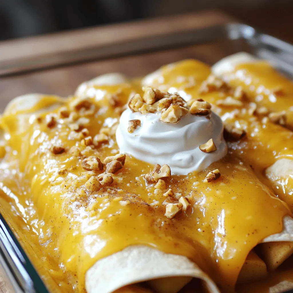 To make these tasty apple pie enchiladas, you'll need the following items: - 2 large apples (Granny Smith or Honeycrisp), peeled, cored, and diced - 1 teaspoon ground cinnamon - 1/4 teaspoon ground nutmeg - 1/4 cup packed brown sugar - 8 flour tortillas (8-inch size) - 1 cup caramel sauce (store-bought or homemade) - 1 cup shredded cheese (cheddar recommended for a sweet and savory blend) - 1 tablespoon fresh lemon juice - 1 cup whipped cream or vanilla ice cream, for serving To make your enchiladas even better, consider adding: - Chopped nuts (walnuts or pecans) Here are some tools that will help you prepare this dessert: - A large skillet for cooking the apple mixture - A baking dish for the enchiladas - A spoon for filling the tortillas - An oven to bake your creation - Measuring cups and spoons for accuracy 1. Start by preheating your oven to 350°F (175°C). This helps the enchiladas bake evenly. 2. Peel, core, and dice the apples. I like to use Granny Smith or Honeycrisp. 3. In a large skillet, mix the diced apples, ground cinnamon, nutmeg, brown sugar, and lemon juice. 4. Cook this mixture over medium heat for 5-7 minutes. Stir it often until the apples soften. 5. Once the apples are tender, remove the skillet from the heat. 1. Lay one flour tortilla flat on a clean surface. 2. Spoon a good amount of the apple mixture into the center of the tortilla. 3. Add a sprinkle of shredded cheese on top of the apples. 4. Roll the tortilla tightly around the filling. Place the seam side down in a greased baking dish. 5. Repeat this with all the tortillas and apple mixture until you fill the dish. 6. Drizzle caramel sauce over each enchilada, covering them well. 7. Sprinkle any leftover shredded cheese on top for added flavor. 8. Place the baking dish in the oven and bake for 20-25 minutes. The tortillas should turn golden brown. 9. After baking, let the dish cool for a few minutes before serving. 1. Serve the enchiladas warm. 2. Top each serving with whipped cream or a scoop of vanilla ice cream. 3. For a crunchy finish, add chopped nuts like walnuts or pecans on top. 4. Enjoy this tasty treat with friends or family! For this recipe, I love using Granny Smith or Honeycrisp apples. They balance sweetness and tartness. Granny Smith adds a nice zing, while Honeycrisp offers great crunch. You can mix both for extra depth. Choose fresh apples for the best taste and texture. To keep your tortillas from getting soggy, warm them slightly before filling. Heat them in a skillet for about 10 seconds on each side. This softens them and makes rolling easier. Also, don’t overfill the tortillas. A generous spoonful of filling works best. Seal them tightly to trap in the flavors. If you have leftovers, store them in an airtight container. They will keep well in the fridge for 2-3 days. Reheat in the oven at 350°F for about 10-15 minutes. This helps maintain the crispiness of the tortillas. You can also microwave them, but they may get a bit soft. {{image_4}} You can switch up the apples for other fruits. Pears add a sweet twist. Peaches give a nice summer vibe. Berries bring a burst of color and flavor. Just cut the fruit into small pieces. Adjust cinnamon and sugar to match the fruit's sweetness. This keeps the dessert fresh and fun. Mix sweet and savory for a unique taste. Add cooked bacon or ham inside the enchiladas. The saltiness balances the sweet apple filling. You can also use sharp cheese, like goat cheese, for extra flavor. Drizzle hot sauce over the top for a spicy kick. This combo excites the taste buds and makes it special. To make this dish gluten-free, use corn tortillas. They work well and hold the filling. For vegan options, swap cheese for a plant-based version. Use maple syrup instead of brown sugar. You can also skip the whipped cream. Try coconut whipped cream instead for a creamy topping. These changes keep the recipe tasty for everyone. To store unbaked enchiladas, cover them tightly. Use plastic wrap or foil to keep air out. Place them in the fridge if you plan to bake them within two days. If you wait longer, freeze them. To freeze enchiladas, first, prepare them as usual. Do not bake them. Wrap each enchilada in plastic wrap. Then, place them in a freezer bag or container. Label the bag with the date. They can last up to three months in the freezer. To reheat frozen enchiladas, first, let them thaw in the fridge overnight. Preheat your oven to 350°F (175°C). Place the enchiladas in a baking dish and cover with foil. Bake for about 25 minutes or until hot. You can also microwave them for a quick snack. Heat them for 2-3 minutes, checking often. Enjoy your delicious treat! Yes, you can use corn tortillas. They add a nice flavor. You can also try whole wheat tortillas for a healthier option. Just keep in mind that corn tortillas may crack more easily. If you use them, warm them up first. This helps them roll better and stay intact. Serve the enchiladas warm for the best taste. Add a swirl of whipped cream on top. You can also use a scoop of vanilla ice cream for a creamy touch. If you like crunch, sprinkle chopped nuts on top. This adds a fun texture and flavor contrast. Making your own caramel sauce is simple! You need just three ingredients: sugar, butter, and cream. Start by melting sugar in a pan over low heat. Stir until it turns golden brown. Then, add butter and mix well. Lastly, slowly pour in cream and stir until smooth. Let it cool and enjoy! This post explored how to make delicious apple pie enchiladas. We covered key ingredients and optional garnishes that elevate your dish. I shared easy preparation steps and cooking tips to ensure perfect results. We discussed various fruit fillings and dietary options to customize your enchiladas. Finally, I provided storage tips for leftovers and freezing instructions. Now you can enjoy a tasty treat that's fun and easy to make. Happy cooking!