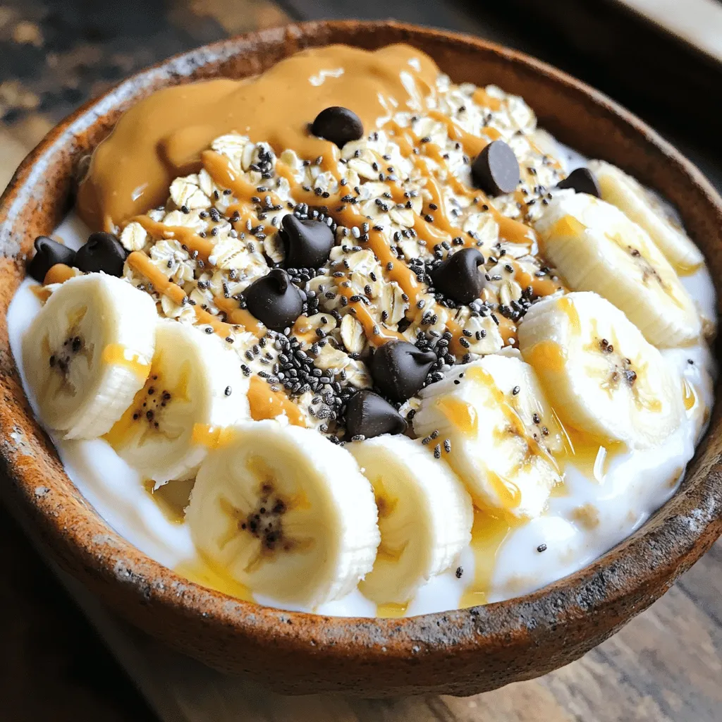 - 1 cup Greek yogurt - 1 scoop protein powder - 2 tablespoons peanut butter or almond butter - 2 tablespoons maple syrup or honey - 1/4 cup rolled oats - 1/4 cup mini chocolate chips - 1 teaspoon vanilla extract - A pinch of sea salt - Sliced bananas - Chia seeds - Crushed nuts - Additional chocolate chips To make the Protein Cookie Dough Yogurt Bowl, you need simple, tasty ingredients. Greek yogurt is the base. It gives you creaminess and protein. You can choose plain or vanilla yogurt based on what you like. Protein powder adds extra nutrition. Vanilla or chocolate flavors mix well. Peanut butter or almond butter is next. It brings a rich, nutty taste. You can also add maple syrup or honey for sweetness. Then, we have rolled oats. They make the bowl hearty and filling. Mini chocolate chips are a fun treat that adds sweetness. Vanilla extract enhances the flavor, while a pinch of sea salt balances it all. For toppings, you can slice bananas for freshness. Chia seeds add health benefits, while crushed nuts give crunch. If you want more chocolate, sprinkle on extra mini chocolate chips. Gather these ingredients, and you will create a tasty and nutritious bowl! - Start with 1 cup of Greek yogurt. This is your base. - Add 1 scoop of protein powder. I like vanilla or chocolate. - Grab a whisk and mix until smooth. You want no lumps here. - Now, add 2 tablespoons of peanut butter. Almond butter works too. - Pour in 2 tablespoons of maple syrup or honey for sweetness. - Add 1 teaspoon of vanilla extract for a nice flavor boost. - Sprinkle in a pinch of sea salt. It balances the taste. - Stir this mix until it is creamy and well blended. - Gently fold in 1/4 cup of rolled oats. They add heartiness. - Then, toss in 1/4 cup of mini chocolate chips for a sweet treat. - Make sure everything is mixed evenly. - Carefully transfer your cookie dough yogurt into a serving bowl. - Smooth the top with a spatula for a nice finish. You can choose between plain or flavored yogurt. Plain yogurt gives a creamy base. Flavored yogurt adds a sweet twist. Each choice affects the bowl's taste. I prefer plain Greek yogurt for a rich texture. Sweeteners like honey or maple syrup enhance flavor. You can also use agave for a lighter taste. If you want a nut-free option, try sunflower seed butter. This can keep the flavor rich and tasty. Layer your ingredients for a nice look. Start with yogurt, then add oats, and top with chocolate chips. This creates a colorful bowl. For crunch, add nuts or for sweetness, slice bananas on top. {{image_4}} You can change the flavor of your Protein Cookie Dough Yogurt Bowl easily. Different protein powder flavors can make a big difference. Try chocolate, strawberry, or even cookie dough protein powder. Each type adds a unique twist to the bowl. You can also substitute nut butters. While peanut butter is great, almond butter or cashew butter works well too. Each nut butter has its own taste and creaminess. To make it vegan-friendly, swap Greek yogurt for coconut yogurt. Use plant-based protein powder, and maple syrup as your sweetener. This way, you keep the flavors while making it plant-based. For gluten-free eaters, rolled oats are usually safe. Just ensure they are certified gluten-free. This way, everyone can enjoy the bowl without worries. You can make your yogurt bowl fun with seasonal fruits. In the summer, top it with fresh berries or peaches. In fall, add sliced apples or pears for a cozy feel. For holiday-themed bowls, think about adding festive flavors. In winter, a sprinkle of cinnamon or nutmeg can create warmth. Top with pomegranate seeds in December for a splash of color and flavor. To keep your Protein Cookie Dough Yogurt Bowl fresh, store it in an airtight container. This helps prevent moisture loss and keeps flavors intact. Make sure to place it in the fridge right after you prepare it. In the fridge, the yogurt bowl lasts for about three days. If you want to enjoy it later, make sure to check for any changes in smell or texture before eating. You can easily make this yogurt bowl ahead of time. Prepare a larger batch and store it in individual containers. This way, you can grab one when you're in a hurry. If you want to freeze it, portion the yogurt into freezer-safe containers. It can last for about a month in the freezer. Just remember to let it thaw in the fridge overnight before enjoying. If you have leftovers, don’t worry! You can get creative. Mix the leftover yogurt into a smoothie for a quick breakfast. Add some fruit or spinach for extra nutrition. You can also use the yogurt as a topping on pancakes or waffles. Just spread it on top and add your favorite fruits or nuts for a new twist. Yes, you can! Here are some great options: - Greek yogurt: Thick and creamy, great for texture. - Regular yogurt: Lighter, but still tasty. - Dairy-free yogurt: Almond or coconut yogurt works well. - Skyr: A high-protein Icelandic yogurt, very thick. Try different types to find your favorite! There are several easy ways to boost protein: - More protein powder: Add an extra half scoop. - Cottage cheese: Mix in some for creaminess and protein. - Chia seeds: Add a tablespoon for extra protein and fiber. - Nuts: Top with crushed almonds or walnuts. These options help you reach your protein goals! Absolutely! Here are some tips for meal prep: - Make in bulk: Double the recipe for more servings. - Store in jars: Use mason jars to keep them fresh. - Add toppings later: Keep toppings separate until serving. This way, your yogurt bowl stays yummy and fresh! You learned how to create a tasty and versatile yogurt bowl. We covered ingredients, mixing steps, and tips to customize your bowl. You can even explore variations for different seasons or diets. Don’t forget about storage advice to keep your bowls fresh. This dish is not just easy to make but also perfect for meal prep. Enjoy your yogurt bowl full of flavor and nutrition!