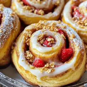 - 1 package (16 oz) refrigerated cinnamon roll dough - 1 cup cream cheese, softened to room temperature - 1/2 cup powdered sugar - 1 teaspoon pure vanilla extract - 1 cup fresh strawberries, diced into small pieces - 1/2 teaspoon fresh lemon juice The main ingredients create the heart of the strawberry cheesecake cinnamon rolls. The cinnamon roll dough gives a soft, fluffy base. Cream cheese adds creaminess and sweetness. Powdered sugar mixes well to balance the flavors. Fresh strawberries bring a burst of fruitiness, while lemon juice adds a hint of zest. Together, they form a delicious filling. - 1/4 cup granola (optional, for crunchy topping) - 1 tablespoon milk (for drizzling) - Additional powdered sugar (for a light dusting) The optional ingredients add extra flair. Granola offers a crunchy texture on top of the rolls. Milk creates a lovely drizzle that enhances the sweetness. A light dusting of powdered sugar makes the rolls look even more inviting. You can mix and match these options to suit your taste. 1. Preheat your oven to 350°F (175°C). Grease a 9x13 inch baking dish lightly to stop sticking. 2. In a bowl, mix 1 cup of cream cheese, 1/2 cup of powdered sugar, and 1 teaspoon of pure vanilla extract. Use a hand mixer or whisk until smooth and creamy. 1. Roll out the cinnamon roll dough on a floured surface. Aim for a rectangle size of about 9x12 inches. 2. Spread the cream cheese and strawberry mixture evenly on the dough. Leave a half-inch border around the edges. 3. Start from a long edge and tightly roll the dough into a log shape. Pinch the seams to keep it closed. 4. Slice the log into 12 equal pieces. Arrange them in the greased baking dish, spacing them evenly. 1. Bake the cinnamon rolls in the preheated oven for 25-30 minutes. Look for a puffed and golden brown top. 2. While they bake, mix 1 tablespoon of milk with powdered sugar in a small bowl. Stir until smooth for drizzling. 3. After baking, let the rolls cool for a few minutes. Drizzle the milk mixture over the warm rolls. 4. Optionally, sprinkle granola on top for a nice crunch. Finish by dusting with extra powdered sugar. To get the best rolls, you need to handle the dough with care. Here are some key tips: - Lightly flour your surface: This helps prevent sticking. Too much flour can make the dough tough. - Roll gently: Use even pressure while rolling. This keeps the dough from tearing. - Pinch the seam: After rolling, make sure to pinch the edge to seal it well. This keeps the filling inside during baking. For even baking, follow these practices: - Preheat your oven fully: This ensures the rolls bake evenly from the start. - Use a dark pan: A dark baking dish absorbs more heat, helping the rolls brown nicely. - Space rolls evenly: Place rolls with some space between them. This allows for even heat circulation. To make these rolls extra special, consider adding different flavors: - Try a dash of almond extract: This adds a nice twist to the cream cheese mixture. - Use other fruits: Chopped blueberries or raspberries can add a new layer of taste. Pairing ideas can elevate your rolls too: - Serve with a dollop of whipped cream: This adds creaminess and a touch of sweetness. - Enjoy with a cup of tea or coffee: The warmth of the drink complements the sweet rolls perfectly. These tips ensure that your strawberry cheesecake cinnamon rolls taste amazing and look stunning on your table! {{image_4}} You can change the fruit in these rolls. Blueberries and raspberries work great too. Each fruit adds its own taste. Think about mixing fruits for a fun twist. You can also try different cream cheese flavors. Vanilla cream cheese adds sweetness. Lemon cream cheese gives a bright taste that pairs well with fruit. You can make these rolls dairy-free or vegan. Use dairy-free cream cheese and plant-based milk. There are many brands that work well. For gluten-free options, look for gluten-free cinnamon roll dough. This way, you can enjoy the rolls without worry. Adapt the recipe to fit your needs and enjoy! To keep your strawberry cheesecake cinnamon rolls fresh, store them in the fridge. Place the rolls in an airtight container. This helps keep them moist and tasty for up to three days. You can also wrap them tightly in plastic wrap before putting them in the container for extra protection. When it’s time to enjoy your leftovers, reheating is key. I suggest using the oven for the best texture. Preheat your oven to 350°F (175°C). Place the rolls on a baking sheet and cover with foil. Heat for about 10-15 minutes. This way, they come out warm and soft, just like fresh from the oven. You can freeze these rolls for later. If you plan to freeze them uncooked, prepare the rolls as usual. Instead of baking them, place the sliced rolls in a single layer on a baking sheet. Freeze until firm, then transfer them to a freezer bag. This keeps them from sticking together. If you have already baked the rolls, let them cool completely. Then, wrap them tightly in plastic wrap and place them in a freezer bag. They’ll stay good for about two months. When you’re ready to enjoy frozen rolls, thaw them in the fridge overnight. For uncooked rolls, bake straight from the freezer. Just add a few extra minutes to the baking time. For baked rolls, reheat them in the oven as mentioned earlier. This keeps them soft and delicious! Can I make the dough from scratch? Yes, you can make the dough from scratch. Use a simple recipe with flour, sugar, yeast, and milk. This gives you fresh dough with great taste. It can take more time, but the result is worth it. How do I prevent the rolls from sticking? To prevent sticking, grease your baking dish well. You can use butter or cooking spray. Also, ensure you roll the dough on a floured surface. This keeps it from sticking to your work area. How long do the cinnamon rolls last? The cinnamon rolls last about 2 to 3 days in the fridge. Keep them in an airtight container for best freshness. You can also reheat them in the oven or microwave. Can I freeze the strawberry cheesecake filling? Yes, you can freeze the strawberry cheesecake filling. Place it in a sealed container. It can last for about 1 to 2 months. When ready to use, thaw it in the fridge overnight before filling your rolls. This blog covered how to make delicious strawberry cheesecake rolls. You learned about key ingredients like cinnamon roll dough, cream cheese, and fresh strawberries. I shared steps to prepare, assemble, and bake your rolls. Tips helped improve your technique, while variations allowed for creativity. You also discovered how to store leftovers and answered common questions. Now, it’s time to try this tasty treat yourself! Enjoy the process and share your results.