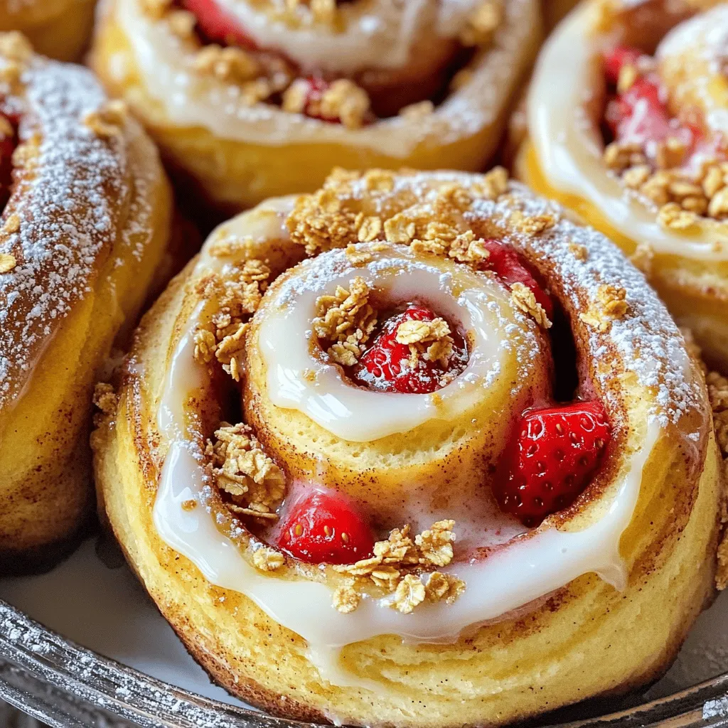 - 1 package (16 oz) refrigerated cinnamon roll dough - 1 cup cream cheese, softened to room temperature - 1/2 cup powdered sugar - 1 teaspoon pure vanilla extract - 1 cup fresh strawberries, diced into small pieces - 1/2 teaspoon fresh lemon juice The main ingredients create the heart of the strawberry cheesecake cinnamon rolls. The cinnamon roll dough gives a soft, fluffy base. Cream cheese adds creaminess and sweetness. Powdered sugar mixes well to balance the flavors. Fresh strawberries bring a burst of fruitiness, while lemon juice adds a hint of zest. Together, they form a delicious filling. - 1/4 cup granola (optional, for crunchy topping) - 1 tablespoon milk (for drizzling) - Additional powdered sugar (for a light dusting) The optional ingredients add extra flair. Granola offers a crunchy texture on top of the rolls. Milk creates a lovely drizzle that enhances the sweetness. A light dusting of powdered sugar makes the rolls look even more inviting. You can mix and match these options to suit your taste. 1. Preheat your oven to 350°F (175°C). Grease a 9x13 inch baking dish lightly to stop sticking. 2. In a bowl, mix 1 cup of cream cheese, 1/2 cup of powdered sugar, and 1 teaspoon of pure vanilla extract. Use a hand mixer or whisk until smooth and creamy. 1. Roll out the cinnamon roll dough on a floured surface. Aim for a rectangle size of about 9x12 inches. 2. Spread the cream cheese and strawberry mixture evenly on the dough. Leave a half-inch border around the edges. 3. Start from a long edge and tightly roll the dough into a log shape. Pinch the seams to keep it closed. 4. Slice the log into 12 equal pieces. Arrange them in the greased baking dish, spacing them evenly. 1. Bake the cinnamon rolls in the preheated oven for 25-30 minutes. Look for a puffed and golden brown top. 2. While they bake, mix 1 tablespoon of milk with powdered sugar in a small bowl. Stir until smooth for drizzling. 3. After baking, let the rolls cool for a few minutes. Drizzle the milk mixture over the warm rolls. 4. Optionally, sprinkle granola on top for a nice crunch. Finish by dusting with extra powdered sugar. To get the best rolls, you need to handle the dough with care. Here are some key tips: - Lightly flour your surface: This helps prevent sticking. Too much flour can make the dough tough. - Roll gently: Use even pressure while rolling. This keeps the dough from tearing. - Pinch the seam: After rolling, make sure to pinch the edge to seal it well. This keeps the filling inside during baking. For even baking, follow these practices: - Preheat your oven fully: This ensures the rolls bake evenly from the start. - Use a dark pan: A dark baking dish absorbs more heat, helping the rolls brown nicely. - Space rolls evenly: Place rolls with some space between them. This allows for even heat circulation. To make these rolls extra special, consider adding different flavors: - Try a dash of almond extract: This adds a nice twist to the cream cheese mixture. - Use other fruits: Chopped blueberries or raspberries can add a new layer of taste. Pairing ideas can elevate your rolls too: - Serve with a dollop of whipped cream: This adds creaminess and a touch of sweetness. - Enjoy with a cup of tea or coffee: The warmth of the drink complements the sweet rolls perfectly. These tips ensure that your strawberry cheesecake cinnamon rolls taste amazing and look stunning on your table! {{image_4}} You can change the fruit in these rolls. Blueberries and raspberries work great too. Each fruit adds its own taste. Think about mixing fruits for a fun twist. You can also try different cream cheese flavors. Vanilla cream cheese adds sweetness. Lemon cream cheese gives a bright taste that pairs well with fruit. You can make these rolls dairy-free or vegan. Use dairy-free cream cheese and plant-based milk. There are many brands that work well. For gluten-free options, look for gluten-free cinnamon roll dough. This way, you can enjoy the rolls without worry. Adapt the recipe to fit your needs and enjoy! To keep your strawberry cheesecake cinnamon rolls fresh, store them in the fridge. Place the rolls in an airtight container. This helps keep them moist and tasty for up to three days. You can also wrap them tightly in plastic wrap before putting them in the container for extra protection. When it’s time to enjoy your leftovers, reheating is key. I suggest using the oven for the best texture. Preheat your oven to 350°F (175°C). Place the rolls on a baking sheet and cover with foil. Heat for about 10-15 minutes. This way, they come out warm and soft, just like fresh from the oven. You can freeze these rolls for later. If you plan to freeze them uncooked, prepare the rolls as usual. Instead of baking them, place the sliced rolls in a single layer on a baking sheet. Freeze until firm, then transfer them to a freezer bag. This keeps them from sticking together. If you have already baked the rolls, let them cool completely. Then, wrap them tightly in plastic wrap and place them in a freezer bag. They’ll stay good for about two months. When you’re ready to enjoy frozen rolls, thaw them in the fridge overnight. For uncooked rolls, bake straight from the freezer. Just add a few extra minutes to the baking time. For baked rolls, reheat them in the oven as mentioned earlier. This keeps them soft and delicious! Can I make the dough from scratch? Yes, you can make the dough from scratch. Use a simple recipe with flour, sugar, yeast, and milk. This gives you fresh dough with great taste. It can take more time, but the result is worth it. How do I prevent the rolls from sticking? To prevent sticking, grease your baking dish well. You can use butter or cooking spray. Also, ensure you roll the dough on a floured surface. This keeps it from sticking to your work area. How long do the cinnamon rolls last? The cinnamon rolls last about 2 to 3 days in the fridge. Keep them in an airtight container for best freshness. You can also reheat them in the oven or microwave. Can I freeze the strawberry cheesecake filling? Yes, you can freeze the strawberry cheesecake filling. Place it in a sealed container. It can last for about 1 to 2 months. When ready to use, thaw it in the fridge overnight before filling your rolls. This blog covered how to make delicious strawberry cheesecake rolls. You learned about key ingredients like cinnamon roll dough, cream cheese, and fresh strawberries. I shared steps to prepare, assemble, and bake your rolls. Tips helped improve your technique, while variations allowed for creativity. You also discovered how to store leftovers and answered common questions. Now, it’s time to try this tasty treat yourself! Enjoy the process and share your results.
