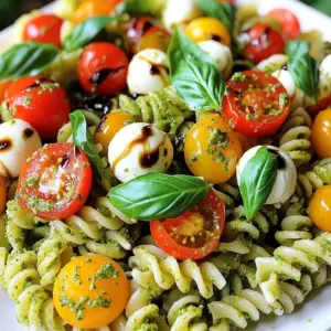 - 8 oz rotini pasta - 1 cup cherry tomatoes, halved - 1 cup fresh mozzarella balls (bocconcini), halved - 1/2 cup fresh basil leaves, plus additional for garnish The main ingredients make this dish bright and fresh. Rotini pasta holds the dressing well and adds a fun twist. Cherry tomatoes bring sweetness and color. Fresh mozzarella balls give a creamy texture. The basil leaves add a lovely herbal note. - 1/4 cup pesto sauce - 2 tablespoons extra virgin olive oil - Salt and pepper, to taste The dressing combines pesto sauce and olive oil. Pesto adds a burst of flavor from herbs and nuts. Olive oil brings richness and helps the dressing coat everything. Salt and pepper enhance all the flavors. - Balsamic glaze - Additional basil for garnish Balsamic glaze is not just tasty; it makes the salad look fancy. A drizzle adds depth and a hint of sweetness. Extra basil on top brightens the dish and makes it pop visually. With these ingredients, you can make a quick, tasty pasta salad. Each bite offers a mix of flavors, colors, and textures. 1. Start with a big pot. Fill it with salted water. Bring the water to a boil. 2. Add the 8 oz of rotini pasta to the boiling water. 3. Cook the pasta until it is al dente, about 8 to 10 minutes. 4. When done, drain the pasta in a colander. Rinse it under cold water. This stops the cooking and cools it down. 1. In a large mixing bowl, add the cooled rotini pasta. 2. Mix in 1 cup of halved cherry tomatoes and 1 cup of halved fresh mozzarella balls. Stir well to combine all the ingredients. 3. For the dressing, place 1/2 cup of fresh basil leaves, 1/4 cup of pesto sauce, and 2 tablespoons of extra virgin olive oil into a food processor. 4. Blend until the dressing is smooth and fragrant. 1. Drizzle the basil-pesto dressing over the pasta mix. 2. Use a spatula or wooden spoon to gently toss the pasta and cheese. Make sure everything is coated in the dressing. 3. Season with salt and pepper to taste. Mix again to spread the seasoning evenly. 4. If you like, you can chill the salad for about 30 minutes to let the flavors come together. To cook pasta al dente, start by boiling salted water. Add rotini pasta and follow the package time. When done, drain the pasta but don’t rinse it too much. This keeps some starch, which helps the sauce stick. Season your pasta with salt and pepper, balancing the flavors. Taste as you go. If it feels flat, a pinch more salt can brighten it. Serve your salad in a large, shallow bowl. This makes it easy for everyone to help themselves. For a lovely touch, scatter extra basil leaves on top. A drizzle of balsamic glaze adds a nice sweetness and color. You can also serve it in individual bowls for a fancy look. Chilling your salad enhances the flavors. Let it sit in the fridge for about 30 minutes. This allows the pasta to soak up the dressing. You’ll taste the fresh basil and pesto better when it’s cold. This makes it a great make-ahead dish for parties or picnics. {{image_4}} You can change up the pasta type for your Caprese Pesto Pasta Salad. Try bowtie or penne instead of rotini. Each shape offers a different bite. You can also swap fresh mozzarella for feta cheese. Feta adds a tangy twist that brightens the dish. To make this salad heartier, add grilled chicken or shrimp. Just slice the chicken or shrimp into bite-sized pieces. This change turns your salad into a full meal. If you want a vegetarian or vegan option, use chickpeas or tofu. Both add protein without meat. Feel free to experiment with different pesto flavors. Sun-dried tomato pesto or arugula pesto can change the taste profile completely. You can also add more vegetables. Consider bell peppers, olives, or spinach. Nuts, like pine nuts or walnuts, can provide crunch and depth. To store your Minute Caprese Pesto Pasta Salad, place it in an airtight container. Before sealing, cool the salad to room temperature. This keeps it fresh and tasty. Refrigerate it right away. Enjoy your pasta salad within three days for the best flavor and texture. If you want to keep the salad longer, freezing is an option. However, some ingredients may change in texture when frozen. To freeze, pack the salad in a freezer-safe container. Leave some space at the top, as it can expand. When you're ready to eat, thaw it in the fridge overnight. Avoid refreezing to keep the quality high. In the fridge, the salad stays fresh for about three days. The longer it sits, the more the flavors blend. Keep an eye on any changes in smell or texture. Always trust your senses when it comes to food safety. It takes about 20 minutes to make this pasta salad. You will spend 10 minutes prepping and 10 minutes cooking. First, boil water and cook the rotini pasta. Then, mix the ingredients and dress the salad. Yes, you can make this salad ahead of time. It stores well in the fridge for up to three days. To keep it fresh, use an airtight container. You can also prepare the ingredients separately and mix them before serving. You can switch up the ingredients for fun. Try different pasta shapes like penne or fusilli. Swap mozzarella for feta or goat cheese for a new taste. Add grilled chicken, shrimp, or even chickpeas for protein. You can also mix in veggies like bell peppers or spinach for extra color and crunch. In this blog post, we covered how to make a fresh and tasty Minute Caprese Pesto Pasta Salad. We discussed the key ingredients, from rotini pasta to cherry tomatoes and mozzarella. You learned how to prepare the dressing and combine everything for a balanced flavor. We shared tips for serving and variations to customize the salad. Make this dish your own, and enjoy it any time. With ease and creativity, this salad can be your new favorite. Happy cooking!