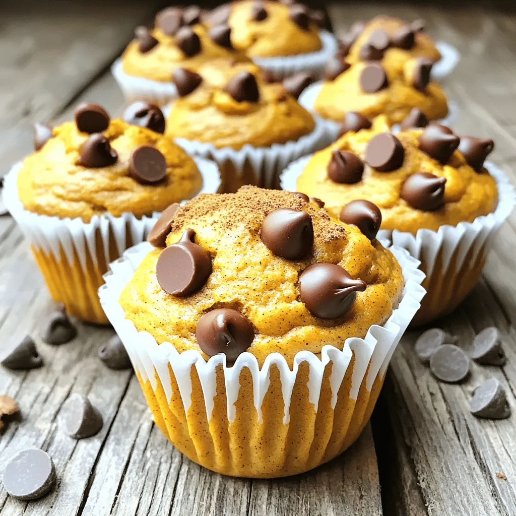 To make the best pumpkin chocolate chip muffins, you need simple and fresh ingredients. Here’s what you'll need: - 1 cup canned pumpkin puree - 1/2 cup vegetable oil - 2 large eggs - 1/2 cup brown sugar, packed - 1/2 cup granulated sugar - 1 teaspoon vanilla extract - 1 1/2 cups all-purpose flour - 1 teaspoon baking soda - 1 teaspoon baking powder - 1/2 teaspoon ground cinnamon - 1/4 teaspoon ground nutmeg - 1/4 teaspoon ground ginger - 1/4 teaspoon salt - 1 cup semi-sweet chocolate chips - Optional: 1/2 cup chopped nuts (such as walnuts or pecans) Using canned pumpkin puree makes this recipe easy. You can find it in any store. The vegetable oil keeps the muffins moist, while eggs help them rise. The sugars add sweetness and a lovely texture. Next, we have the flour, baking soda, and baking powder. These are key for a good rise. The spices bring warmth and flavor. Cinnamon, nutmeg, and ginger create that cozy fall taste. The chocolate chips are the star of the show! They melt slightly and add sweetness. If you like nuts, add walnuts or pecans for crunch. This mix of ingredients makes every muffin a tasty delight. Set your oven temperature to 350°F (175°C). This is the perfect heat for baking. Get your muffin tin ready by using paper liners or a light coat of cooking spray. This helps the muffins come out easily. In a large bowl, combine the canned pumpkin puree, vegetable oil, brown sugar, granulated sugar, eggs, and vanilla extract. Whisk these ingredients together until smooth. Ensure there are no lumps for the best texture. In a different bowl, whisk together the all-purpose flour, baking soda, baking powder, ground cinnamon, ground nutmeg, ground ginger, and salt. Mixing these well helps the flavors spread evenly. Slowly add the dry mixture into the wet mixture. Use a spatula or wooden spoon to stir gently until just combined. Avoid overmixing to keep the muffins light and fluffy. A few lumps are okay. Then, fold in the semi-sweet chocolate chips and nuts if you want. Scoop the batter into each muffin cup, filling them about three-quarters full. This gives them room to rise. Bake the muffins for 18-20 minutes. Check if they are done by inserting a toothpick into one. It should come out clean or with a few moist crumbs. After baking, let the muffins cool in the tin for about 5 minutes. Then, move them to a wire rack to cool completely. Enjoy these tasty muffins warm, maybe with some butter or cream cheese for an extra treat! To make your muffins light and fluffy, avoid overmixing. When you mix the wet and dry ingredients, stir just until combined. A few lumps are okay. This keeps your muffins airy. Also, use room temperature ingredients. When eggs and oils are at room temperature, they blend better. This step helps the muffins rise nicely. For a richer taste, consider adding spices or extracts. Cinnamon and nutmeg boost the fall flavor. You can also try vanilla or almond extract for depth. Using quality chocolate chips is key too. Good chocolate melts beautifully and adds sweetness. Aim for semi-sweet chips for a nice balance. Serve your muffins warm for the best experience. A smear of butter makes them even better. You can also sprinkle a bit of cinnamon on top. This adds a lovely touch and enhances their look. For a charming display, arrange them on a platter. Your guests will love both the taste and the presentation! {{image_4}} You can make these muffins dairy-free easily. For oil, substitute it with unsweetened applesauce. This swap not only cuts out dairy but also keeps the muffins moist. When it comes to chocolate chips, choose non-dairy options. Many brands offer delicious vegan chocolate chips. This way, everyone can enjoy these tasty treats. If you need a gluten-free version, it is simple to adapt this recipe. Just swap the all-purpose flour with a gluten-free flour blend. Look for blends that include xanthan gum. This helps mimic the texture of traditional muffins. Always check the brand for the best results. Want to add more flavor? Consider adding dried fruits like cranberries or raisins. These fruits add sweetness and a nice chew. You can also experiment with different nuts. Walnuts or pecans work great. They add crunch and a nutty taste to the muffins. Mixing in these extras can make each muffin unique and flavorful. To keep your pumpkin chocolate chip muffins fresh at room temperature, place them in an airtight container. This helps maintain their moisture and flavor. You can stack the muffins carefully to save space. Ensure the container is sealed tightly. This method keeps the muffins soft for about three days. If you want to save muffins for later, freezing is your best option. To freeze them, first, let the muffins cool completely. Then, wrap each muffin in plastic wrap. After that, place them in a freezer-safe bag or container. This keeps them fresh for up to three months. When you’re ready to enjoy them, take the muffins out and let them thaw in the fridge overnight. For a quick reheat, pop them in the microwave for about 15-20 seconds. Muffins stay fresh for about three days at room temperature. They can last up to three months in the freezer. Always check for any signs of spoilage before eating. If they look or smell off, it's best to toss them. Yes, you can use fresh pumpkin. First, select a small sugar pumpkin. Cut it in half and scoop out the seeds. Place the halves cut-side down on a baking sheet. Roast at 350°F (175°C) for about 45 minutes. When soft, scoop out the flesh and puree it. This fresh puree adds a great taste! You have many options! Consider these mix-ins: - Dried cranberries for a tart flavor. - Chopped nuts like walnuts or pecans for crunch. - White chocolate chips for a sweet twist. - Coconut flakes for added texture. Feel free to mix and match! Check for doneness with a toothpick. Insert it into the center of a muffin. If it comes out clean or with a few moist crumbs, they are done. The tops should look golden brown and slightly springy. Don't open the oven too early, or they may sink! Yes, mini muffins are easy to make! Use a mini muffin tin. Fill each cup about halfway with batter. Bake for about 12-15 minutes. Remember to check doneness with a toothpick, just like with regular muffins. Enjoy bite-sized goodies! These pumpkin chocolate chip muffins are easy to make and fun to enjoy. We covered the key ingredients, simple steps, and handy tips for perfect results. Remember, you can customize your muffins with different flavors and mix-ins. Store extras for later or share them with friends. With this guide, you can bake delicious muffins that please everyone. Your kitchen will smell amazing, and the taste will impress. Happy baking!