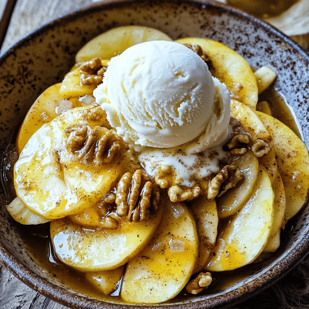 - 4 medium-sized apples (Granny Smith or Honeycrisp) - 2 tablespoons unsalted butter - 1/4 cup packed brown sugar - 1 teaspoon ground cinnamon - 1/2 teaspoon ground nutmeg - 1 teaspoon pure vanilla extract - Pinch of salt - 1/4 cup chopped walnuts or pecans (optional) - Vanilla ice cream for serving (optional) Selecting the best apples for frying Choose Granny Smith for tartness or Honeycrisp for sweetness. Both hold their shape well when cooked. Look for firm apples with no bruises. Alternatives to brown sugar You can use white sugar or coconut sugar. Maple syrup is also a great option for a unique flavor. Substituting nuts If you prefer, skip the nuts or use sliced almonds or hazelnuts. They add a nice crunch and flavor. 1. Heat a large skillet over medium heat. 2. Add 2 tablespoons of unsalted butter. Let it melt completely. Swirl the butter to coat the skillet. 3. Carefully add 4 medium-sized apples, peeled, cored, and sliced. Stir gently to coat the apples in the butter. 4. Sprinkle 1/4 cup of packed brown sugar, 1 teaspoon of ground cinnamon, 1/2 teaspoon of ground nutmeg, and a pinch of salt over the apples. Stir well to coat all slices evenly. 1. Cook the apples for 5-7 minutes. Stir them occasionally. You want them soft, yet firm. 2. Add 1 teaspoon of pure vanilla extract. Stir to combine. Cook for another 1-2 minutes. This step enhances the flavor. 1. If you like nuts, fold in 1/4 cup of chopped walnuts or pecans. This adds a lovely crunch. 2. Remove the skillet from the heat. Let it cool for a few moments before serving. This allows the flavors to settle. Serve the apples warm, topped with ice cream if you wish. Enjoy the delightful mix of flavors and textures! To keep your apples from becoming mushy, cook them on medium heat. Stir them gently and check for softness. You want them tender but not falling apart. Use a heavy skillet. A cast-iron or non-stick pan works best. These types heat evenly, giving you better results. Spices can boost the flavor of your skillet fried apples. Consider adding a pinch of allspice or ginger for warmth. You can also try cardamom for a unique twist. Fresh citrus zest brightens the dish. Just a little lemon or orange zest can add freshness and depth. Skillet fried apples pair well with many dishes. Serve them on top of pancakes or waffles for a sweet start to your day. They also make a great filling for crepes. For dessert, try them with vanilla ice cream. The warm apples and cold ice cream create a delightful contrast. {{image_4}} The best apples for skillet fried apples are Granny Smith and Honeycrisp. These types have a nice balance of tartness and sweetness. They also keep their shape well when cooked. You can try other apples like Fuji or Braeburn for a different taste. Each variety brings its unique flavor to the dish. In terms of seasonal alternatives, consider using local apples during harvest time. This adds freshness to your dish. In fall, you might find Cortland or Jonagold apples, which can also work wonders in this recipe. You can enhance the flavor by adding caramel or maple syrup. A splash of caramel makes it sweet and rich. Maple syrup gives a warm, earthy taste. Both pair well with the spices and apples. Infusing with different spices can also change the dish. Besides cinnamon and nutmeg, you can add ginger or allspice. A pinch of cardamom can give an exotic twist too. Experimenting with spices can bring new life to this classic dessert. For vegan or plant-based options, simply replace butter with coconut oil or vegan butter. This keeps the dish rich and tasty while fitting a vegan diet. If you need a gluten-free option, you're in luck! This recipe is naturally gluten-free, as it uses no flour. Just be mindful of any toppings. Choose gluten-free ice cream or skip it altogether if needed. Enjoy the flavors without worry! To store your skillet fried apples, use an airtight container. This keeps them fresh and tasty. Place the cooled apples in the fridge within two hours of cooking. They will stay good for about three to five days. The longer they sit, the softer they may become. When it’s time to enjoy your apples again, you have options. The stovetop is best for reheating. Just warm them in a pan over low heat. Stir gently to keep them from sticking. If you're short on time, the microwave works too. Heat in short bursts, stirring in between, to keep the texture nice. You can freeze skillet fried apples if you want to save them. First, let them cool completely. Then, place them in a freezer-safe bag or container. Make sure to remove as much air as possible. They can last up to three months in the freezer. When you're ready to eat, thaw them in the fridge overnight. Reheat on the stovetop or in the microwave. This way, you keep the flavor and texture just right. I recommend using Granny Smith or Honeycrisp apples. They have a nice balance of sweet and tart. Granny Smith apples keep their shape well during cooking. Honeycrisp apples add a juicy sweetness that pairs perfectly with spices. Yes, you can! Try using honey or maple syrup instead. These natural sweeteners add flavor without added sugar. Adjust the amount based on your taste. If you want less sweetness, reduce the amount you use. Skillet fried apples shine when served warm. They pair well with vanilla ice cream, creating a creamy contrast. You can also serve them over pancakes or waffles for breakfast. For a cozy dessert, drizzle caramel sauce on top. Absolutely! If you prefer, use pecans or almonds. Chopped walnuts add a nice crunch, but almonds offer a lighter flavor. You can also skip nuts altogether for a nut-free option. Just enjoy the apples and spices! This blog post shows you how to make skillet fried apples. We covered the best ingredients, tips for a perfect texture, and creative ways to serve them. Using different apple types can change the flavor. Remember to store any leftovers properly for later. You can enjoy these apples in many ways, like on pancakes or with ice cream. Now, you are ready to fry some delicious apples and impress everyone with your cooking skills!