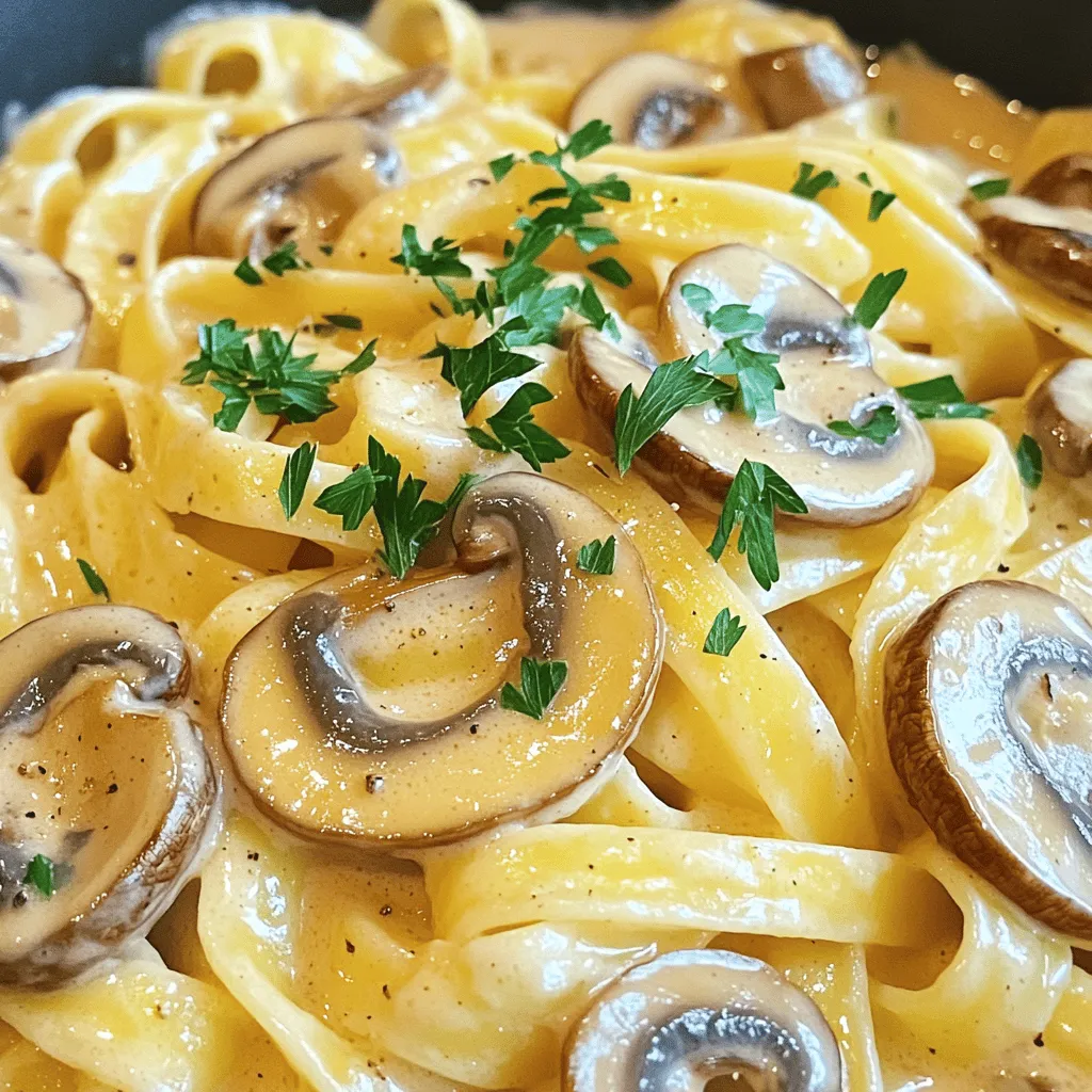 - 10 oz (284g) fettuccine or linguine pasta - 2 tablespoons olive oil - 1 medium onion, finely chopped - 3 cloves garlic, minced The first step to making this dish is choosing your pasta. Fettuccine or linguine works best. Both types hold the creamy sauce well. Next, add olive oil to a large pot. This oil helps with flavor and cooking the onion and garlic. Chop the onion finely, and mince the garlic. Both add a great aroma and depth to your meal. - 12 oz (340g) cremini or button mushrooms, sliced - 4 cups vegetable broth - 1 cup heavy cream (or a plant-based alternative, such as coconut cream or almond milk) Mushrooms are the star of this dish. You can use cremini or button mushrooms, whichever you prefer. Slice them thinly for even cooking. Vegetable broth adds flavor and moisture. Heavy cream makes the sauce rich, but you can swap it with a plant-based cream if needed. This keeps it creamy without the dairy. - 1 teaspoon dried thyme - 1 teaspoon dried oregano - Salt and freshly ground black pepper to taste - ½ cup grated Parmesan cheese (or nutritional yeast for a vegan option) - Fresh parsley, finely chopped (for garnish) Seasoning is key to great flavor. Use dried thyme and oregano for a nice herbal note. Salt and pepper enhance all the ingredients. Grated Parmesan cheese gives creaminess and flavor. For a vegan option, use nutritional yeast instead. Finally, fresh parsley brightens the dish and makes it look lovely on your plate. 1. Start by heating 2 tablespoons of olive oil in a large pot over medium heat. Wait until the oil shimmers. 2. Next, add 1 finely chopped onion. Sauté it for 3 to 4 minutes until it turns translucent and fragrant. 3. Now, stir in 3 minced garlic cloves. Cook for about 1 minute to release the garlic flavor. 4. Add 12 ounces of sliced cremini or button mushrooms. Cook them for 5 to 7 minutes until they are tender and a bit brown. 1. Add 10 ounces of fettuccine or linguine pasta into the pot. Then, pour in 4 cups of vegetable broth and 1 cup of heavy cream. 2. Use a spoon to stir everything together until it’s well mixed. 3. Sprinkle in 1 teaspoon of dried thyme and 1 teaspoon of dried oregano. Season with salt and freshly ground black pepper to taste. 4. Increase the heat to bring the mixture to a gentle boil. 1. Once it boils, reduce the heat to medium-low. Cover the pot and let it simmer for 12 to 15 minutes. Stir occasionally until the pasta is al dente. 2. Remove the pot from heat. Stir in ½ cup of grated Parmesan cheese until it melts into the sauce, making it rich and creamy. 3. Taste the dish and adjust the seasoning if needed. Serve hot, topping it with finely chopped fresh parsley for color and flavor. To ensure your pasta is al dente, cook it just until it's firm to the bite. This means not overcooking it. Stir the pasta often while it cooks. This keeps it from sticking together. The timing depends on the pasta type, so check the package. When combining the ingredients, add them in stages. Start with the sautéed onions and mushrooms. Then, pour in the broth and cream. Mix well before adding the pasta. This helps the pasta absorb flavors. You can swap heavy cream for plant-based options. Coconut cream or almond milk works well in this recipe. Both will keep the dish creamy and rich. They add unique flavors too. For cheese, use dairy-free options like nutritional yeast. It gives a cheesy taste without dairy. This is great for a vegan version of this dish. Serve your pasta in a bowl or plate for an elegant look. Swirl the pasta in the center. Drizzle a bit of olive oil on top for shine. Sprinkle more parsley and cheese for color. To make it pop, use fresh herbs like basil or thyme. This adds visual appeal and freshness. A touch of freshly cracked pepper can also enhance the look and taste. {{image_4}} You can easily change this recipe to keep it fresh. Add some greens like spinach or kale for color and nutrition. They cook quickly and add a nice crunch. You can also try different types of mushrooms. Shiitake, portobello, or oyster mushrooms each bring a unique flavor. Mix and match to find your favorite combination! To kick up the taste, add red pepper flakes for a bit of heat. Just a pinch will do! If you like a deeper flavor, incorporate some white wine. It adds richness and pairs well with the cream. Just remember to let the wine cook down a bit before adding the pasta. Want to make this dish vegan? Swap the heavy cream for coconut cream or almond milk. For cheese, use nutritional yeast instead of Parmesan. You can also make it gluten-free by using gluten-free pasta. This way, everyone can enjoy this creamy delight! To store leftovers, cool the pasta to room temperature. Place it in an airtight container. This keeps it fresh and safe. You can keep it in the fridge for up to three days. To reheat, add a splash of broth or cream. This helps restore the creamy texture. The best method is to use the stovetop. Heat on low and stir often to prevent sticking. If using a microwave, heat in short bursts. Stir in between to ensure even heating. If you want to freeze the pasta, use a freezer-safe container. Leave some space for expansion. It can last up to one month in the freezer. When ready to eat, thaw it overnight in the fridge. Reheat it gently on the stovetop, adding a bit of liquid to help. It takes about 10 minutes to prep and 20 minutes to cook. In total, you will spend around 30 minutes. This makes it a quick and easy dish for weeknight dinners. Yes! You can use any pasta you like. Spaghetti, penne, or even gluten-free pasta work well. Just adjust the cooking time based on the pasta type. You can pair this dish with a simple salad or garlic bread. Steamed vegetables, like broccoli or green beans, also make a great side. They add color and nutrition to your meal. To make it vegan, swap the heavy cream for coconut cream or almond milk. Use nutritional yeast instead of Parmesan cheese. These swaps keep the dish creamy and delicious without dairy. This blog post explored how to make One Pot Creamy Mushroom Pasta. We covered key ingredients and easy steps to create a delicious meal. You learned about cooking tips, ingredient swaps, and fun variations to try. In summary, enjoy experimenting with ingredients and flavors. This dish is easy to customize, perfect for any dietary needs. Remember, cooking should be fun and tasty! Try it out and savor every bite.
