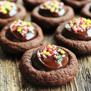 To create these delightful Chocolate Peppermint Thumbprint Cookies, gather the following ingredients: - 1 cup unsalted butter, softened to room temperature - 1 cup granulated sugar - 1 teaspoon pure vanilla extract - 1 teaspoon pure peppermint extract - 2 cups all-purpose flour - 1/2 cup unsweetened cocoa powder - 1/2 teaspoon baking powder - 1/4 teaspoon salt - 1/2 cup chocolate chips (for filling) - Crushed peppermint candies (for garnish) These ingredients work together to create a rich, chocolatey base with a refreshing peppermint twist. The butter gives the cookies a soft texture, while the sugar adds sweetness. Both extracts enhance the flavor, making each bite a festive treat. The flour and cocoa provide the structure and chocolate depth. The baking powder helps them rise, and the salt balances the sweetness. Finally, the chocolate chips melt in the center, creating a lovely filling, and the crushed peppermint candies add a crunchy finish. First, preheat your oven to 350°F (175°C). This step is key for even baking. Next, line a baking sheet with parchment paper. This helps to prevent sticking and makes cleanup easy. In a large bowl, combine 1 cup of softened butter and 1 cup of granulated sugar. Beat them together until fluffy. This should take around 3-5 minutes. Next, add 1 teaspoon of vanilla extract and 1 teaspoon of peppermint extract. Mix until everything is smooth and well combined. In another bowl, whisk together 2 cups of all-purpose flour, 1/2 cup of unsweetened cocoa powder, 1/2 teaspoon of baking powder, and 1/4 teaspoon of salt. This helps to evenly distribute the dry ingredients. Slowly add this dry mixture into the wet ingredients. Mix on low speed until a soft dough forms. Cover the dough with plastic wrap and chill it in the fridge for 30 minutes. Chilling the dough makes it easier to handle and shape. After chilling, scoop out tablespoon-sized portions of the dough. Roll them into balls and place them on the baking sheet, spacing them about 2 inches apart. Use your thumb or the back of a small spoon to press down in the center of each ball, creating a small indentation. Bake the cookies in the oven for 10-12 minutes. Keep an eye on them; the edges should look set, while the centers may still be a bit soft. When you take them out, fill each indentation with a few chocolate chips. The warmth will melt the chips slightly. Let the cookies cool for about 5 minutes before moving them to a wire rack. Once cooled, sprinkle the tops with crushed peppermint candies for a festive touch. To make the best Chocolate Peppermint Thumbprint Cookies, start with room temperature butter. Soft butter mixes better with sugar. It helps create a light and fluffy dough. Next, chill the dough for about 30 minutes. Chilling makes the dough easier to handle. It also helps the cookies keep their shape while baking. Watch the baking time closely. You want chewy centers, not hard cookies. Bake them for 10 to 12 minutes. When the edges set and the centers look soft, it’s time to take them out. Also, be sure to rotate the baking sheet halfway through. This step ensures even baking for all the cookies. These cookies pair perfectly with hot chocolate or coffee. The rich chocolate and mint flavors complement warm drinks well. For a festive touch, serve them on a colorful platter. Add some holiday decorations for a special look. Your guests will love this delightful treat! {{image_4}} You can make these cookies even more fun. Try using different extracts. Almond or orange extracts work well. They add a nice twist to the flavor. You can also add cocoa nibs. These little bits give extra texture and a nice crunch. They pair perfectly with the smooth chocolate filling. If you need a gluten-free option, almond flour is a great choice. It gives the cookies a lovely nutty flavor. For those who follow a vegan diet, you can use substitutes. Replace butter with coconut oil and use flax eggs instead of regular eggs. This way, everyone can enjoy these tasty treats! To keep your Chocolate Peppermint Thumbprint Cookies fresh, store them in an airtight container at room temperature. This method maintains their soft texture and rich flavor. If you want to keep them longer, refrigerate them for extended freshness. Just remember to let them come back to room temperature before enjoying! You can freeze unbaked dough for later use. Just scoop the dough into balls and place them on a baking sheet. Freeze until solid, then transfer to a freezer bag. When you want cookies, bake them directly from the freezer. For baked cookies, store them in freezer bags. This keeps them fresh for up to three months. For the best quality, consume your cookies within one week. They taste best when fresh! To maintain their freshness, keep them sealed in an airtight container. Avoid humidity, as it can make them soft or stale. Enjoy every bite of these delightful treats! Yes, you can use milk chocolate. It will make the cookies sweeter. Just adjust the amount to match your taste preferences. If you like a richer flavor, dark chocolate is also a great choice. Absolutely, you can make these cookies in advance. Once baked, store them in an airtight container. This keeps them fresh for days. You can also freeze the dough if you want to bake later. Just thaw it in the fridge before baking. To prevent spreading, chill the dough well. This helps keep the shape while baking. If the dough is too warm, cookies may spread out too much. Always ensure your dough is properly chilled before baking. These peppermint chocolate cookies are simple and fun to make. You start with basic ingredients and follow easy steps. Chilling the dough helps shape perfect cookies. Remember to keep an eye on baking time for the best results. You can experiment with flavors and store them well for lasting freshness. Enjoy these treats with hot drinks for a cozy experience. I hope you try this recipe and delight in every bite. Happy baking!