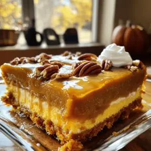 - 1 (15 oz) can of pumpkin puree - 1 (12 oz) can of evaporated milk - 3 large eggs - 1 cup granulated sugar - 1 teaspoon pure vanilla extract - 2 teaspoons pumpkin pie spice - 1/2 teaspoon salt - 1 box yellow cake mix - 1 cup unsalted butter, melted - 1 cup chopped pecans (optional) - Whipped cream for serving (optional) The heart of the pumpkin spice dump cake lies in its ingredients. Pumpkin puree gives it that rich, warm flavor. The evaporated milk adds creaminess, while eggs help bind everything. Granulated sugar sweetens the mix, and vanilla extract rounds out the flavors. Don't forget the pumpkin pie spice for that classic fall taste! The yellow cake mix provides a light base that contrasts with the dense pumpkin layer. Melted butter on top ensures a crispy finish. If you want a crunch, sprinkle chopped pecans over the butter. For a creamy touch, add whipped cream when serving. - Alternative to pumpkin puree: You can use butternut squash puree instead. - Dairy-free options for evaporated milk: Try coconut milk or almond milk for a lighter alternative. - Egg substitutes: Use flaxseed meal or applesauce as an egg replacement. - Sugar alternatives: Consider using maple syrup or honey for natural sweetness. These substitutions can help you customize the recipe to fit your needs. They keep the spirit of the dish while allowing for dietary changes. Feel free to experiment and enjoy! 1. Preheat your oven to 350°F (175°C). This step warms the oven for even baking. 2. Grease a 9x13 inch baking dish with butter or cooking spray. This helps the cake not stick. 3. Mix the liquid ingredients in a large bowl. Add: - 1 can of pumpkin puree - 1 can of evaporated milk - 3 large eggs - 1 cup of granulated sugar - 1 teaspoon of pure vanilla extract - 2 teaspoons of pumpkin pie spice - 1/2 teaspoon of salt Use a whisk to blend these ingredients until the mixture is smooth. Make sure you break up any lumps. 1. Pour the pumpkin mixture into the prepared baking dish. Spread it evenly with a spatula. 2. Add the cake mix next. Open the box of yellow cake mix and sprinkle it over the pumpkin layer. Do not mix it. This keeps the layers distinct. 3. Drizzle the melted butter over the cake mix. Use 1 cup of unsalted butter, melted. Make sure to cover all areas. If you like, sprinkle chopped pecans on top for extra crunch. 1. Bake the cake for 50-60 minutes. The cake is ready when the top is golden brown. Check with a toothpick; it should come out clean. 2. Cool the cake for a few minutes after baking. This allows the flavors to settle and makes it easier to slice. 3. Serve the cake by cutting it into squares. You can top each square with whipped cream for added richness. Enjoy this warm, cozy dessert with friends or family! To make your pumpkin spice dump cake perfect, you want even cooking. Spread the pumpkin mixture flat in the dish before adding the cake mix. This helps it bake nicely. Always check for doneness by using a toothpick. Insert it in the center. If it comes out clean, your cake is ready! For a lovely presentation, slice the cake into squares. Place the squares on a nice platter. You can drizzle extra melted butter on top. To make it festive, sprinkle some cinnamon or add chopped pecans. A cinnamon stick can also be a fun touch! For creaminess, top each piece with whipped cream. This adds richness and makes it even more delicious. If you have leftovers, store them in an airtight container. This keeps the cake fresh for up to three days. To reheat, place a slice in the microwave for about 20 seconds. This warms it nicely without drying it out. Enjoy your cake warm for the best flavor! {{image_4}} You can make this dessert even more fun. One way is to add chocolate chips or cranberries. Both of these bring a sweet twist that pairs well with pumpkin spice. Try a half cup of chocolate chips for a rich flavor. If you prefer a fruity touch, use a half cup of cranberries for a tart bite. Another option is to mix different spice blends. Instead of just using pumpkin pie spice, try cinnamon, nutmeg, or ginger. Each spice can change the taste a bit. Use what you like best! If gluten is a concern, you can make a gluten-free version. Simply swap the yellow cake mix for a gluten-free mix. Most brands offer delicious options that work well. For a vegan version, replace the eggs with flaxseed meal or applesauce. Use a non-dairy milk instead of evaporated milk. Almond or coconut milk works great. These swaps keep the flavors strong while making the dessert plant-based. You can also adapt this cake for special holidays. For Thanksgiving, add extra spices like allspice or cardamom for warmth. A sprinkle of nutmeg on top can also add a festive touch. For Christmas, consider adding crushed peppermint candies for a fresh taste. You can also use a chocolate cake mix instead of yellow. This gives a fun twist that fits the season perfectly. A dump cake is a simple dessert. You layer ingredients in a dish and bake. You don’t mix them. This method creates a unique texture and flavor. With our Pumpkin Spice Dump Cake, you start with a pumpkin layer. Then, you add a dry cake mix on top. The butter melts and blends as it bakes. This makes it moist and delicious. Yes, you can make it ahead! Prepare the pumpkin layer and layer the cake mix. Cover the dish and place it in the fridge. Bake it when you’re ready to serve. This makes it easy for parties or family gatherings. Just remember to add a few extra minutes to the baking time if it’s cold from the fridge. Look for a golden-brown top. You can also check the sides. They should pull away slightly from the dish. The cake will look set in the middle. If you want, you can use a toothpick. Insert it in the center, and it should come out clean. These signs show your Pumpkin Spice Dump Cake is ready to enjoy! - Prep time: 15 minutes - Cook time: 50-60 minutes - Total time: 1 hour 10 minutes - Servings: 12 - Estimated calories per serving: 300 - Breakdown of key nutrients: - Protein: 4g - Carbohydrates: 45g - Fat: 12g - Fiber: 2g - Beverages that complement the dish: - Spiced apple cider - Hot chocolate - Chai tea - Other desserts to serve alongside: - Pecan pie - Apple crisp - Caramel flan This pumpkin spice dump cake is a simple and tasty treat. You learned about the key ingredients, like pumpkin puree and cake mix. We covered easy steps to make it, tips for great texture, and fun variations. Remember, you can swap ingredients to fit your needs. Don't rush the cooling time for best results. This dessert works well for any season, especially holidays. Enjoy making it your own and sharing it with friends and family!