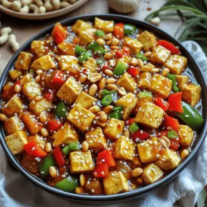 - 14 oz firm tofu, pressed and cut into cubes - 3 tablespoons low-sodium soy sauce - 1 tablespoon cornstarch - 2 tablespoons vegetable oil - 1 tablespoon sesame oil - 1 red bell pepper, diced - 1 green bell pepper, diced - 1 cup unsalted roasted peanuts - 4 green onions, chopped (keep white and green parts separate) - 2 cloves garlic, minced - 1 tablespoon fresh ginger, finely minced - 3 dried red chilies, deseeded and chopped - 2 tablespoons rice vinegar - 1 tablespoon honey or maple syrup - 1 teaspoon hoisin sauce - Salt and pepper to taste - Sesame seeds - Extra green onions I love using firm tofu in this recipe. It holds its shape well and soaks up all the flavors. The soy sauce and cornstarch create a great marinade. The vegetable oils add richness and help to crisp up the tofu. I pick fresh veggies like red and green bell peppers for color and crunch. Don't skip the peanuts; they add a nice texture. The garlic and ginger give a fantastic aroma. Adjust the dried red chilies to make your dish as spicy as you like. The rice vinegar and sweetener balance the heat and add depth. For a beautiful finish, I like to sprinkle sesame seeds on top. Extra green onions not only look nice but also add a fresh kick. These ingredients come together to make a dish that is truly better than takeout. 1. Marinating with soy sauce and cornstarch Start with 14 oz of firm tofu. Press it to remove excess water. Cut the tofu into small cubes. In a large bowl, mix the tofu with 3 tablespoons of low-sodium soy sauce and 1 tablespoon of cornstarch. Toss until the tofu is well-coated. Let it marinate for 15 minutes. This step helps to absorb the flavors. 2. Pan-frying for crispiness Heat a large skillet or wok over medium-high heat. Add 2 tablespoons of vegetable oil and let it get hot. Carefully add the marinated tofu cubes. Cook them for about 8-10 minutes. Turn them until they are golden brown and crispy on all sides. Once done, remove the tofu and set it aside on a plate. 1. Sautéing aromatics and peppers In the same skillet, lower the heat a bit. Add 1 tablespoon of sesame oil. Then, add 2 cloves of minced garlic, 1 tablespoon of minced ginger, and 3 chopped dried red chilies. Sauté for about 30 seconds. This will release a wonderful aroma. 2. Stir-frying technique Now, add 1 diced red bell pepper, 1 diced green bell pepper, and the white parts of 4 chopped green onions. Stir-fry these for 3-4 minutes. This keeps the colors bright while softening the veggies a bit. 1. Creating the sauce In a small bowl, whisk together 2 tablespoons of rice vinegar, 1 tablespoon of honey (or maple syrup), and 1 teaspoon of hoisin sauce. Add a splash of water to make it smooth. This sauce will bring the dish together. 2. Final mixing and garnishing Return the crispy tofu to the skillet. Pour the sauce over the tofu and veggies. Stir everything well for about 2-3 minutes. This helps the sauce thicken and coat the ingredients. Finally, fold in 1 cup of unsalted roasted peanuts and the green parts of the green onions. Season with salt and pepper to taste. Toss everything together one last time. Serve hot, garnished with sesame seeds for a lovely touch. - Pressing tofu is key. It removes excess water. This helps the tofu absorb flavors. - For crispy tofu, pan-fry it in hot oil. Aim for golden brown on all sides. - Choose dried red chilies based on your heat preference. Deseed them if you want less spice. - Balance heat with sweetness. Honey or maple syrup works well. This adds a nice touch. - Add more vegetables like carrots or snap peas for extra flavor and crunch. - Use fresh herbs like basil or cilantro for a burst of freshness. They brighten the dish. {{image_4}} - Vegan modifications: This recipe is already vegan since it uses tofu and no animal products. You can easily replace honey with maple syrup for a fully vegan option. - Gluten-free options: Use tamari instead of soy sauce to keep the dish gluten-free. This small swap ensures you enjoy the same great taste without gluten. - Using different vegetables: Feel free to swap in your favorite veggies. Broccoli, snap peas, or carrots can add great color and flavor. Just remember to cut them into small pieces for even cooking. - Alternative protein sources: If you want variety, try tempeh or seitan as protein options. Both provide different textures and flavors that can work well in this dish. - Recommended side dishes: Serve your spicy Kung Pao tofu with steamed jasmine rice or noodles for a complete meal. Both options soak up the sauce nicely. - Creative presentation ideas: Make your dish pop by using a large serving bowl. Arrange the Kung Pao tofu in the center and sprinkle sesame seeds on top. Add a few green onion slices for color. To keep your spicy kung pao tofu fresh, store it in an airtight container. This helps prevent moisture loss and keeps flavors intact. You can refrigerate leftovers for up to four days. Make sure to let the tofu cool down before sealing it. If you want to save some for later, freezing is a great option. Place the cooled kung pao tofu in a freezer-safe container. It can last up to three months in the freezer. When you're ready to eat, thaw it in the fridge overnight. To reheat, warm it in a skillet over low heat. You can add a splash of water to help revive the sauce. Stir often to avoid sticking. This method keeps the flavors bright and tasty. Serve your kung pao tofu hot for the best flavor and texture. If you have leftovers, reheat them gently. Use the stovetop or microwave with a damp paper towel to keep it moist. This way, the dish stays delicious and enjoyable. Yes, you can prepare Kung Pao Tofu ahead of time. Here are some tips: - Marinate the tofu and store it in the fridge for up to 24 hours. - Cook the tofu and veggies, then let them cool. - Store everything in an airtight container for up to three days. - Reheat in a pan with a splash of water for moisture. To kick up the heat, try these methods: - Increase the number of dried red chilies. - Add fresh chopped chilies like jalapeños. - Use chili paste or hot sauce in the sauce mix. Just remember, add heat slowly to keep flavors balanced. For a complete meal, consider these side dishes: - Steamed jasmine rice or brown rice for a hearty base. - Noodles tossed in sesame oil for a tasty twist. - Stir-fried greens like bok choy or broccoli for freshness. These pairings enhance the flavors and add variety. You can use other tofu types based on your preference: - Silken tofu offers a softer texture and creaminess. - Extra-firm tofu gives a denser bite and holds shape well. - Tempeh can be a great substitute for a nutty flavor. Just adjust cooking times as needed for each type. You learned how to make Kung Pao Tofu with firm tofu, tasty veggies, and spices. We covered prepping, cooking, and combining all the key parts. Plus, I shared tips to enhance texture and flavor. Remember, you can mix and match ingredients to fit your diet. Store leftovers properly, and reheat for the best taste. This meal is fun, tasty, and easy to make. Now, go ahead and enjoy your delicious Kung Pao Tofu!
