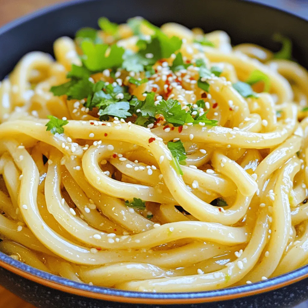To make Spicy Garlic Butter Udon Noodles, gather these items: - 300g udon noodles - 4 tablespoons unsalted butter - 5 cloves garlic, minced - 1 teaspoon red pepper flakes - 2 tablespoons soy sauce - 1 tablespoon sesame oil - 1 tablespoon rice vinegar - 1 green onion, thinly sliced - 1/4 cup fresh cilantro, chopped - Salt and freshly ground black pepper - Sesame seeds, for garnish You can swap some ingredients if needed: - Use olive oil instead of unsalted butter for a lighter option. - If you don’t have udon noodles, try using ramen or soba noodles. - For a vegan version, replace butter with vegan butter or margarine. - Instead of soy sauce, use tamari for a gluten-free choice. To ensure your dish tastes great: - Use fresh garlic for the best flavor. - Choose udon noodles that are firm and not overcooked. - Buy fresh herbs like cilantro and green onion; they should look vibrant. - Store ingredients in a cool place to keep them fresh longer. These simple steps will enhance your cooking and make your meal shine. Try to use fresh ingredients whenever you can. Enjoy cooking! To start, bring a large pot of water to a rolling boil. This ensures the noodles cook evenly. Add 300 grams of udon noodles to the boiling water. Cook them according to the package instructions until they are tender but still have a slight bite. This is called al dente. Once cooked, drain the noodles using a colander. Rinse them under cold running water. This step cools the noodles and stops the cooking process, so they don't get mushy. Set the drained noodles aside for later. Next, we need to create the tasty garlic butter sauce. In a large skillet or frying pan, melt 4 tablespoons of unsalted butter over medium heat. Watch closely as it melts and starts to bubble. Once it’s melted, add 5 cloves of minced garlic to the pan. Sauté the garlic for about 1-2 minutes. You want it to smell amazing, but don’t let it brown. Browned garlic can taste bitter, and we don’t want that! Then, it’s time to add some heat. Stir in 1 teaspoon of red pepper flakes. Let them cook with the garlic butter for about 30 seconds. This helps to release their flavor into the butter, making it spicy and fragrant. Now, it’s time to combine everything. Carefully add the drained udon noodles to the skillet. Toss them gently in the garlic butter mixture. Make sure every noodle gets coated well. Keep stirring for about 1-2 minutes. This warms the noodles and spreads the flavor throughout. Next, pour in 2 tablespoons of soy sauce, 1 tablespoon of sesame oil, and 1 tablespoon of rice vinegar over the noodles. Toss everything together thoroughly. Make sure the noodles are evenly coated and heated through. Taste the noodles and adjust the seasoning with salt and freshly ground black pepper if needed. Finally, remove the pan from heat. Gently fold in 1 thinly sliced green onion and 1/4 cup of chopped fresh cilantro. Serve the noodles hot in bowls or on a large platter. Don’t forget to sprinkle sesame seeds on top for a crunchy finish! To get udon noodles just right, start by boiling water. Use a large pot and bring it to a rolling boil. Cook the udon noodles as per the package instructions. Drain them well and rinse under cold water. This stops the cooking process and keeps the noodles firm. Aim for the al dente texture; they should have a slight bite. You can easily add more flavor to your udon noodles. Consider adding: - Sliced bell peppers - Shredded carrots - Mushrooms - Snow peas These veggies bring color and crunch. You can also try adding protein, like chicken or tofu, for a heartier meal. A squeeze of lime just before serving brightens the dish. When making spicy garlic butter udon noodles, avoid these common errors: - Overcooking the Noodles: This makes them mushy. Stick to the time on the package. - Burning the Garlic: Keep an eye on the garlic as it cooks. It should be fragrant, not brown. - Not Tossing Enough: Ensure all noodles get coated with the garlic butter. Toss them well for the best flavor. - Skipping the Rinse: Don’t forget to rinse the noodles. This keeps them from sticking together. By following these tips, you can whip up a delicious meal that impresses! {{image_4}} You can easily make this dish vegetarian or vegan. Simply swap the butter for plant-based butter. For a vegan option, ensure your soy sauce is gluten-free. You can also add more veggies. Try bell peppers, broccoli, or snap peas. These will add color and crunch. They also boost nutrition. Cook the veggies in the garlic butter before adding the noodles. This way, they soak up the flavor. Want to add protein? Tofu works great in this recipe. Use firm tofu, cut into cubes. Sauté it until golden brown before adding the noodles. If you like chicken, use boneless chicken breast. Cook it in the garlic butter until it’s no longer pink. Shrimp is another tasty option. Add peeled shrimp to the pan and cook until they turn pink. Each of these proteins makes the dish heartier and more filling. You can adjust the spice level to suit your taste. If you prefer milder flavors, reduce the red pepper flakes. You could start with just half a teaspoon. For a little more heat, add more flakes or even some chili paste. You can also serve chili oil on the side for those who like it hot. This way, everyone can enjoy their meal just how they like it! To keep your Spicy Garlic Butter Udon Noodles fresh, store them in a container. Make sure the container is airtight. Place the noodles in the fridge if you plan to eat them within a few days. They will last about 3 to 5 days this way. If you want to keep them longer, consider freezing them. When you’re ready to enjoy your leftovers, reheat them in a pan. Add a splash of water or broth to keep them moist. Heat them over medium-low heat. Stir gently until warmed through. You can also use the microwave. Just cover them with a damp paper towel and heat for 1 to 2 minutes, checking often. If you want to freeze your udon noodles, cool them completely first. Place them in a freezer-safe bag or container. Remove as much air as possible before sealing. You can freeze them for up to 2 months. When ready to eat, thaw them in the fridge overnight before reheating. This way, they will taste fresh and delicious! Yes, you can use other noodles. If you can't find udon, try rice noodles or soba. Just be sure to adjust cooking times. Each type has its own texture and flavor. For example, soba noodles are thinner and have a nutty taste. Rice noodles can be softer and lighter. Experiment to find what you like best! To reduce the heat, simply cut back on red pepper flakes. You can start with half a teaspoon. You might also add more butter or soy sauce to balance the spice. Another option is to mix in a dollop of sour cream or yogurt. This will cool down the dish while adding creaminess. These noodles are great on their own, but you can add sides. Try serving them with a simple salad or steamed veggies. Grilled chicken, shrimp, or tofu also pair well for a full meal. For a crunchy touch, some pickled vegetables work nicely too. Enjoy mixing and matching! In this blog post, we explored the key ingredients for Spicy Garlic Butter Udon Noodles. We discussed swaps for ingredients, tips for freshness, and how to prepare and combine the noodles with sauce. I shared ways to get the perfect texture and enhance flavor, plus common mistakes to avoid. You can also try various adaptations, from vegetarian options to protein choices. Finally, we covered storage and reheating tips. Remember, enjoy the cooking process and have fun experimenting with flavors and textures!