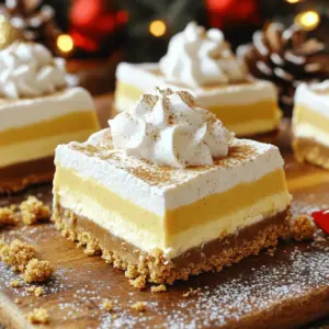 - 1 ½ cups graham cracker crumbs - ½ cup unsalted butter, melted - 2 cups cream cheese, softened to room temperature - 1 cup powdered sugar - 1 cup eggnog (store-bought or homemade) - 1 teaspoon pure vanilla extract - 1 teaspoon ground nutmeg (plus extra for garnish) - 1 teaspoon ground cinnamon - Whipped cream, for topping To make these no-bake eggnog cheesecake bars, gather all your ingredients first. The graham cracker crumbs form the base, giving a lovely crunch. The melted butter helps hold the crust together. You need cream cheese, which gives the filling its rich and creamy texture. Powdered sugar adds sweetness, while eggnog brings that festive flavor. Add pure vanilla extract for depth. Ground nutmeg and ground cinnamon bring warmth and spice. Finally, whipped cream is perfect for topping each bar. This mix of ingredients is simple but makes a big impact. You can use store-bought eggnog or make your own for a personal touch. Each ingredient plays a key role, so make sure you have them all ready. This ensures your bars turn out perfect and delicious. Start by mixing 1 ½ cups of graham cracker crumbs with ½ cup of melted butter. Stir until the crumbs absorb the butter. This mixture should feel like wet sand. Next, press the crumb mix firmly into the bottom of a 9x9-inch baking dish. Use your hands or a flat bottomed glass for an even layer. Chill the dish in the fridge for 15 minutes. This helps the crust hold together. In a large bowl, beat 2 cups of softened cream cheese until it is smooth and creamy. This step is key for a nice texture. Slowly add in 1 cup of powdered sugar while mixing. Keep stirring until it is well combined. Next, blend in 1 cup of eggnog. Don’t forget to add 1 teaspoon of pure vanilla extract, 1 teaspoon of ground nutmeg, and 1 teaspoon of ground cinnamon. Mix everything for 2-3 minutes until it’s light and fluffy. Now, pour the creamy filling over the chilled crust. Use a spatula to smooth the top for an even look. Cover the dish with plastic wrap. Place it in the refrigerator for at least 4 hours, or overnight if you can wait. This helps the bars set nicely. When they are firm, use the edges of the parchment paper to lift the cheesecake out. Cut into 16 equal bars. Enjoy every delicious bite topped with whipped cream and a sprinkle of nutmeg! To get the right texture, start with softened cream cheese. Cold cream cheese can make lumps in your filling. Let it sit at room temperature for about 30 minutes before mixing. This step is key for a creamy cheesecake. Mix your ingredients well for a smooth texture. Use an electric mixer on medium speed. Start slowly and increase the speed as you mix. This way, the ingredients blend evenly without any lumps. Garnishing is fun and can make your bars look fancy. Top each bar with a generous swirl of whipped cream. You can also sprinkle a little extra nutmeg on top for a festive look. Consider using holiday-themed decorations. Place a sprig of fresh mint or holly on each bar. This adds color and a touch of holiday spirit. You can even arrange the bars on a pretty platter for serving. If you want to lower the sweetness, cut back on the powdered sugar. Start with ¾ cup and taste as you mix. You can always add more if needed. Try adding different spices for unique flavors. Instead of nutmeg, use ground ginger or allspice. These spices can give your cheesecake bars a new twist that keeps things exciting! {{image_4}} You can make your eggnog cheesecake bars even more fun! Try using different flavored eggnogs. Pumpkin spice or even vanilla can add a new twist. You can also add chocolate or caramel layers. This will make your dessert richer and more exciting. Just swirl in some melted chocolate or caramel on top of the filling before chilling. If you need gluten-free options, swap the graham cracker crumbs for gluten-free crumbs. You can find these at most stores now. For those who want dairy-free, use dairy-free cream cheese. Many brands offer great taste and texture. Just make sure to check the package for the best results. Pair your cheesecake bars with drinks like hot cocoa or spiced cider. These drinks bring out the holiday spirit. You can also serve them with other festive desserts. Consider cookies or mini pies to create a dessert spread. This will make your holiday table look amazing! To keep your no-bake eggnog cheesecake bars fresh, store them in the fridge. First, make sure the bars are fully set. Then, cover them tightly with plastic wrap. This will prevent them from drying out. You can also use an airtight container. The bars will last up to a week in the refrigerator. However, they taste best within the first few days. Yes, you can freeze the cheesecake bars! To freeze, cut the bars into pieces first. Wrap each piece in plastic wrap. Then, place them in a freezer-safe container. They can be frozen for up to three months. When you are ready to enjoy them, take the bars out of the freezer. Place them in the fridge to thaw overnight. This helps keep their creamy texture. You can also thaw them at room temperature for about two hours. Serve them chilled, and enjoy the festive flavor! The cheesecake bars will be firm to the touch. They should not jiggle when you shake them. If you press gently, they should hold their shape. A good test is to insert a toothpick in the center. If it comes out clean, they are ready. Yes, you can use homemade eggnog. Just make sure it is thick and creamy. If your eggnog is thinner, you may want to reduce the amount slightly. This keeps the filling from becoming too runny. Homemade eggnog can add a fresh and unique flavor. You can make these bars a day or two in advance. Just store them in the fridge, covered with plastic wrap. They taste even better after sitting for a while. If you want to keep them longer, you can freeze them. Just let them thaw in the fridge before serving. This blog post covered the tasty eggnog cheesecake bars, detailing ingredients and steps. You learned how to make the crust and the creamy filling. We shared tips for texture and presentation. You also found variations to match your taste and dietary needs. Finally, we discussed storage and prepping tips. Enjoy making these festive treats. They are simple and perfect for any gathering!