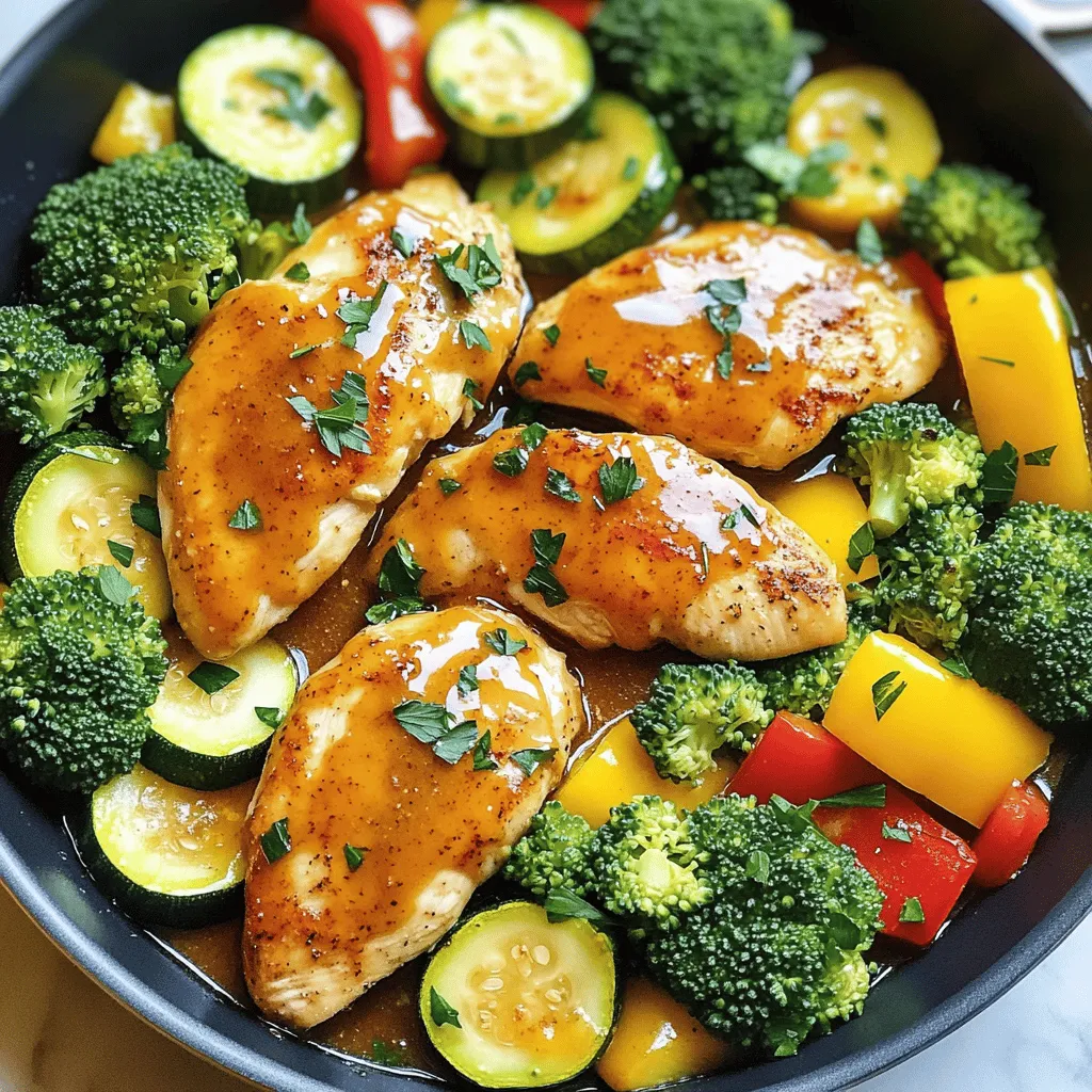 To make the Honey Mustard Chicken Veggie Skillet, you will need: - 2 boneless, skinless chicken breasts - 2 tablespoons honey - 2 tablespoons Dijon mustard - 1 tablespoon olive oil - 1 red bell pepper, sliced into strips - 1 yellow zucchini, diced into cubes - 1 cup broccoli florets - 1 teaspoon garlic powder - Salt and pepper, to taste - Fresh parsley, chopped (for garnish) These ingredients create a tasty and colorful dish that is easy to prepare. You can enhance the flavor of your skillet with some optional seasonings and garnishes, such as: - Paprika for a smoky taste - Italian herbs like basil or oregano - Lemon juice for a fresh twist - Crushed red pepper flakes for heat - Extra chopped herbs like chives or cilantro Feel free to mix and match these options to suit your taste. To prepare this dish, you’ll need some essential kitchen tools: - A large skillet for cooking - A small mixing bowl for combining the honey and mustard - A cutting board for chopping vegetables - A sharp knife for slicing and dicing - A meat thermometer to check chicken doneness Having the right tools will help make your cooking experience smoother and more enjoyable. To make the honey mustard sauce, grab a small bowl. Add 2 tablespoons of honey and 2 tablespoons of Dijon mustard. Mix them well until they are smooth. This sauce adds a sweet and tangy flavor to your chicken. Set it aside for later. Next, take 2 boneless, skinless chicken breasts. Season both sides with salt, pepper, and 1 teaspoon of garlic powder. This will give the chicken a nice taste. Heat 1 tablespoon of olive oil in a large skillet over medium-high heat. Once the oil is hot, carefully place the chicken in the skillet. Cook it for about 6-7 minutes. Don’t move the chicken. This helps form a golden brown crust. After that, flip the chicken over. Drizzle the honey mustard sauce on top. Lower the heat to medium and cover the skillet. Cook for another 6-7 minutes, or until the chicken reaches an internal temperature of 165°F. When the chicken is almost done, it’s time for the veggies. Add 1 sliced red bell pepper, 1 diced yellow zucchini, and 1 cup of broccoli florets to the skillet. Stir gently to mix everything together. Let the vegetables cook for about 5 minutes. You want them to be tender-crisp and colorful. This adds not just taste, but also a lovely look to your dish. Once done, sprinkle freshly chopped parsley on top for a fresh touch. Enjoy your Honey Mustard Chicken Veggie Skillet! To get that perfect chicken crust, season well. Use salt, pepper, and garlic powder. Press the chicken into the skillet firmly. This helps it sear better. Cook it without moving for 6-7 minutes. This time lets the crust form. Flip the chicken and add your honey mustard mix. The sauce will caramelize and add flavor. I love using fresh, colorful veggies in this dish. Red bell peppers add sweetness and crunch. Yellow zucchini brings a nice texture. Broccoli florets are great for color and nutrients. You can also try carrots, snap peas, or asparagus. Mix and match for your taste. Use what you have on hand. You can change the honey mustard sauce to suit your flavor. If you like it sweeter, add more honey. For a tangier taste, add extra Dijon mustard. Taste as you mix and adjust. You can even add a splash of lemon juice for brightness. This sauce is flexible, so make it your own! {{image_4}} If you want to switch things up, try using turkey or tofu. Both options add great flavor. Turkey remains juicy and tender when cooked right. Tofu absorbs the honey mustard sauce well. This makes it tasty and satisfying. You can even use shrimp for a quick cook option. Just be careful not to overcook the shrimp. You can mix and match your veggies too! Use bell peppers, carrots, or even snap peas. Each vegetable brings its own unique taste and crunch. Asparagus or green beans can also add a nice touch. Feel free to use frozen veggies if you are short on time. They cook quickly and taste great. If you like heat, consider adding red pepper flakes. A pinch can give your dish a nice kick. You can also include sliced jalapeños for a fresh, spicy flavor. For a different approach, try a dash of hot sauce in the honey mustard mix. This will create a sweet and spicy blend that excites the taste buds. To keep your Honey Mustard Chicken Veggie Skillet fresh, store it in an airtight container. Let it cool to room temperature first. This helps prevent moisture buildup, which can make the dish soggy. Place the container in the fridge. It will stay good for up to four days. When you are ready to eat leftovers, you can reheat them easily. Use the microwave for quick reheating. Place the portion on a microwave-safe plate and cover it. Heat in 30-second bursts until warm. Stir after each interval. You can also reheat in a skillet. Warm the skillet over medium heat and add a splash of water. Cover it to steam the dish. This keeps it moist. If you want to freeze your skillet, it’s simple. Let the dish cool completely. Then, divide it into portions and place them in freezer-safe bags or containers. Squeeze out the air before sealing. This helps prevent freezer burn. You can freeze the meal for up to three months. When you’re ready to eat, thaw it overnight in the fridge. Reheat as mentioned above for the best taste. Yes, you can make this dish ahead of time. Cook the chicken and veggies as directed. After cooking, let it cool down. Store it in an airtight container in the fridge. You can keep it for up to three days. When ready to eat, just reheat it on the stove or in the microwave until hot. You can try different sauces for this dish. Barbecue sauce adds a sweet and smoky flavor. Teriyaki sauce offers a tasty Asian twist. For a tangy option, use balsamic glaze. Each sauce changes the taste, so feel free to experiment. Make sure to adjust the salt and pepper to match the sauce's flavor. Yes, this recipe is great for meal prep. It cooks quickly and stores well. You can divide it into portions. Pack it in containers for lunch or dinner throughout the week. The mix of chicken and veggies makes a balanced meal. You'll enjoy a tasty dish ready to eat anytime. In this blog post, we explored making Honey Mustard Chicken Veggie Skillet. We covered the key ingredients, step-by-step cooking instructions, and helpful tips. I shared variations for different tastes and discussed storage options for leftovers. Overall, making this dish is simple and fun. You can try new flavors or stick to your favorites. I hope you feel confident to whip it up for any meal. Enjoy your cooking adventure!