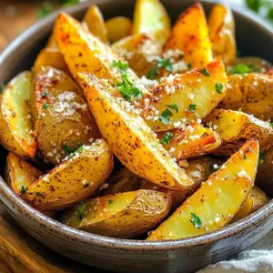 To make Air Fryer Garlic Parmesan Potato Wedges, you need simple yet tasty ingredients. Here’s what you need: - 4 medium-sized russet potatoes, thoroughly washed and cut into wedges - 3 tablespoons extra-virgin olive oil - 4 cloves of garlic, finely minced - 1 teaspoon dried oregano - 1 teaspoon onion powder - 1 teaspoon smoked paprika - ½ cup freshly grated Parmesan cheese - Salt and freshly ground black pepper to taste - Fresh parsley, chopped, for garnish (optional) These ingredients come together to create a crispy, flavorful snack or side dish. I love using russet potatoes for this recipe. They have a great texture and hold up well in the air fryer. The olive oil helps the spices stick to the wedges and adds a rich flavor. Minced garlic gives a wonderful aroma and taste. You can adjust the spices to your liking. If you love garlic, add more! The Parmesan cheese makes the wedges cheesy and savory. Fresh parsley adds a pop of color and a hint of freshness. Gather these ingredients, and you're on your way to a delicious treat! Start by preheating your air fryer to 400°F (200°C). This takes about 5 minutes. Preheating helps cook the wedges evenly. A hot fryer gives you that perfect crisp. Take 4 medium-sized russet potatoes. Wash them well and cut each into wedges. Aim for uniform size. This helps them cook at the same rate. In a large bowl, add the potato wedges. Drizzle 3 tablespoons of extra-virgin olive oil over them. Toss with your hands or a spatula. Make sure every wedge is coated. Next, add 4 cloves of minced garlic, 1 teaspoon of dried oregano, 1 teaspoon of onion powder, and 1 teaspoon of smoked paprika. Season with salt and pepper to taste. Mix well so every wedge is flavorful. Carefully place the seasoned potato wedges in the air fryer basket. Arrange them in a single layer. Avoid overcrowding to ensure they cook well. If needed, cook in batches. Set your air fryer to cook for 15-20 minutes. Halfway through, pause to shake the basket. This step is key for even cooking and crispiness. Once done, remove the wedges and let them cool for a couple of minutes. This helps them hold their crisp texture. If you like, garnish with fresh parsley for color and taste. Serve warm and enjoy every bite! I love using russet potatoes for this recipe. They have a nice starch level, making them fluffy inside and crispy outside. Look for medium-sized russets that are firm and free from any dark spots. This way, you get the best texture and flavor. To cook the wedges evenly, cut them into similar sizes. Aim for about 1-inch thick wedges. This helps them cook at the same rate. Remember to shake the air fryer basket halfway through cooking. This gives them a nice, even crisp. For extra crunch, make sure the potato wedges are dry before adding oil. After washing them, pat them down with a kitchen towel. Also, avoid overcrowding the basket. Give them space to let hot air circulate. This will help you achieve that perfect crispy texture. Feel free to change up the seasonings! You can add chili powder for heat or rosemary for a fragrant twist. Even try adding some grated cheese like cheddar or feta for a new taste. Get creative and find what your taste buds love. {{image_4}} You can change the flavor by using different cheeses. Try mozzarella for a gooey texture. For a sharp bite, use aged cheddar. You can also mix cheeses. Blend Parmesan with feta or goat cheese for a unique taste. Each cheese brings its character to the dish. Experiment with what you have in your fridge! Want some heat? Add red pepper flakes to the mix. Start with a pinch and taste as you go. You can also use hot sauce in the olive oil. If you prefer milder flavors, skip the spices altogether. Tailor the spice level to match your taste. It’s all about what you enjoy! You can make this dish healthier with a few swaps. Use sweet potatoes for a twist and extra vitamins. Swap olive oil for a light spray to cut calories. Instead of Parmesan, try nutritional yeast for a cheesy flavor without dairy. These changes keep the dish tasty while being mindful of health. Enjoy guilt-free! To keep your garlic Parmesan potato wedges fresh, let them cool first. Place them in an airtight container. Store them in the fridge for up to three days. This keeps them tasty and prevents moisture loss. Avoid stacking them too high. This can cause them to become soggy. When you want to enjoy your leftovers, reheating is key. Preheat your air fryer to 350°F (175°C). Place the wedges in the basket in a single layer. Heat them for about 5 to 7 minutes. This helps restore the crispiness. You can also use a microwave, but they may lose some crunch. If you want to save some for later, freezing works well. Lay the cooled potato wedges flat on a baking sheet. Freeze them until solid, about one to two hours. Then, transfer them to a freezer bag. They can last up to three months in the freezer. When ready to eat, air fry them from frozen. Cook for about 15 to 20 minutes at 400°F (200°C). Enjoy your quick treat! Yes, you can use different potatoes. Yukon Gold or sweet potatoes work well. They have great flavor and texture. Just cut them into wedges like russet potatoes. Adjust the cooking time if needed, as different potatoes may cook at different speeds. Crispiness lasts about 20 to 30 minutes after cooking. To keep them crisp, place them on a wire rack. Avoid stacking them in a bowl, as steam can make them soggy. For best results, serve them right after frying. These wedges are great on their own. Pair them with dips like ranch or ketchup. They also go well with grilled chicken, burgers, or salads. You can serve them as a side dish at a barbecue or party. Yes, you can! Preheat your oven to 425°F (220°C). Arrange the wedges on a baking sheet in a single layer. Bake for 25 to 30 minutes, flipping halfway through. They will still be delicious but may not be as crispy as in the air fryer. Add more spices to the mix for a kick. Consider using cayenne pepper or chili powder. You can also toss in some red pepper flakes for heat. Adjust the amount to suit your taste. Enjoy the spicy twist! You learned how to make tasty garlic Parmesan potato wedges in this article. We covered ingredients, cooking steps, and helpful tips for the best results. You have options for variations, storage, and FAQs to guide you. Enjoy making this dish in the air fryer. It gives a crispy bite everyone loves. Don't be afraid to try new flavors or spices. Get creative with your toppings! Happy cooking!
