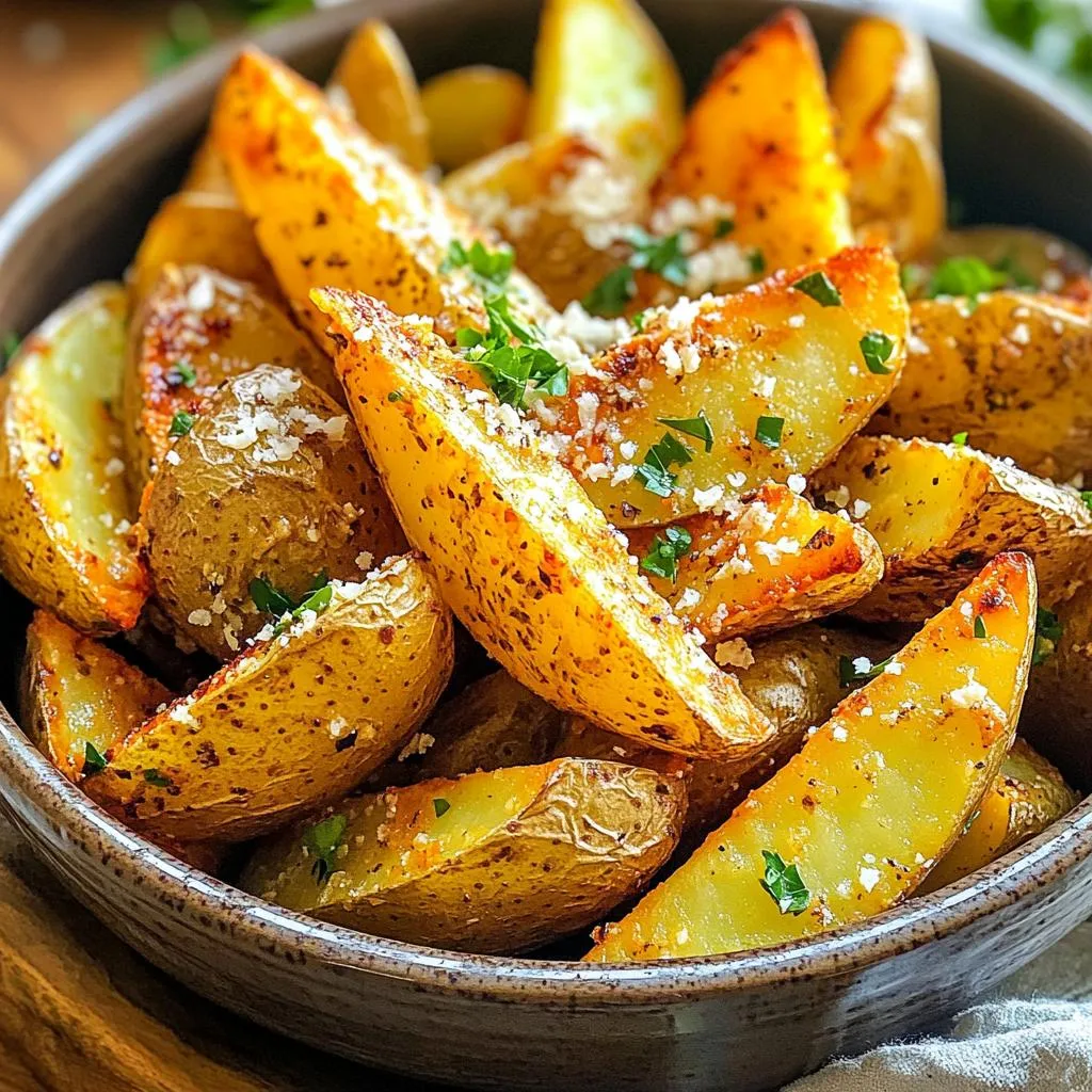 To make Air Fryer Garlic Parmesan Potato Wedges, you need simple yet tasty ingredients. Here’s what you need: - 4 medium-sized russet potatoes, thoroughly washed and cut into wedges - 3 tablespoons extra-virgin olive oil - 4 cloves of garlic, finely minced - 1 teaspoon dried oregano - 1 teaspoon onion powder - 1 teaspoon smoked paprika - ½ cup freshly grated Parmesan cheese - Salt and freshly ground black pepper to taste - Fresh parsley, chopped, for garnish (optional) These ingredients come together to create a crispy, flavorful snack or side dish. I love using russet potatoes for this recipe. They have a great texture and hold up well in the air fryer. The olive oil helps the spices stick to the wedges and adds a rich flavor. Minced garlic gives a wonderful aroma and taste. You can adjust the spices to your liking. If you love garlic, add more! The Parmesan cheese makes the wedges cheesy and savory. Fresh parsley adds a pop of color and a hint of freshness. Gather these ingredients, and you're on your way to a delicious treat! Start by preheating your air fryer to 400°F (200°C). This takes about 5 minutes. Preheating helps cook the wedges evenly. A hot fryer gives you that perfect crisp. Take 4 medium-sized russet potatoes. Wash them well and cut each into wedges. Aim for uniform size. This helps them cook at the same rate. In a large bowl, add the potato wedges. Drizzle 3 tablespoons of extra-virgin olive oil over them. Toss with your hands or a spatula. Make sure every wedge is coated. Next, add 4 cloves of minced garlic, 1 teaspoon of dried oregano, 1 teaspoon of onion powder, and 1 teaspoon of smoked paprika. Season with salt and pepper to taste. Mix well so every wedge is flavorful. Carefully place the seasoned potato wedges in the air fryer basket. Arrange them in a single layer. Avoid overcrowding to ensure they cook well. If needed, cook in batches. Set your air fryer to cook for 15-20 minutes. Halfway through, pause to shake the basket. This step is key for even cooking and crispiness. Once done, remove the wedges and let them cool for a couple of minutes. This helps them hold their crisp texture. If you like, garnish with fresh parsley for color and taste. Serve warm and enjoy every bite! I love using russet potatoes for this recipe. They have a nice starch level, making them fluffy inside and crispy outside. Look for medium-sized russets that are firm and free from any dark spots. This way, you get the best texture and flavor. To cook the wedges evenly, cut them into similar sizes. Aim for about 1-inch thick wedges. This helps them cook at the same rate. Remember to shake the air fryer basket halfway through cooking. This gives them a nice, even crisp. For extra crunch, make sure the potato wedges are dry before adding oil. After washing them, pat them down with a kitchen towel. Also, avoid overcrowding the basket. Give them space to let hot air circulate. This will help you achieve that perfect crispy texture. Feel free to change up the seasonings! You can add chili powder for heat or rosemary for a fragrant twist. Even try adding some grated cheese like cheddar or feta for a new taste. Get creative and find what your taste buds love. {{image_4}} You can change the flavor by using different cheeses. Try mozzarella for a gooey texture. For a sharp bite, use aged cheddar. You can also mix cheeses. Blend Parmesan with feta or goat cheese for a unique taste. Each cheese brings its character to the dish. Experiment with what you have in your fridge! Want some heat? Add red pepper flakes to the mix. Start with a pinch and taste as you go. You can also use hot sauce in the olive oil. If you prefer milder flavors, skip the spices altogether. Tailor the spice level to match your taste. It’s all about what you enjoy! You can make this dish healthier with a few swaps. Use sweet potatoes for a twist and extra vitamins. Swap olive oil for a light spray to cut calories. Instead of Parmesan, try nutritional yeast for a cheesy flavor without dairy. These changes keep the dish tasty while being mindful of health. Enjoy guilt-free! To keep your garlic Parmesan potato wedges fresh, let them cool first. Place them in an airtight container. Store them in the fridge for up to three days. This keeps them tasty and prevents moisture loss. Avoid stacking them too high. This can cause them to become soggy. When you want to enjoy your leftovers, reheating is key. Preheat your air fryer to 350°F (175°C). Place the wedges in the basket in a single layer. Heat them for about 5 to 7 minutes. This helps restore the crispiness. You can also use a microwave, but they may lose some crunch. If you want to save some for later, freezing works well. Lay the cooled potato wedges flat on a baking sheet. Freeze them until solid, about one to two hours. Then, transfer them to a freezer bag. They can last up to three months in the freezer. When ready to eat, air fry them from frozen. Cook for about 15 to 20 minutes at 400°F (200°C). Enjoy your quick treat! Yes, you can use different potatoes. Yukon Gold or sweet potatoes work well. They have great flavor and texture. Just cut them into wedges like russet potatoes. Adjust the cooking time if needed, as different potatoes may cook at different speeds. Crispiness lasts about 20 to 30 minutes after cooking. To keep them crisp, place them on a wire rack. Avoid stacking them in a bowl, as steam can make them soggy. For best results, serve them right after frying. These wedges are great on their own. Pair them with dips like ranch or ketchup. They also go well with grilled chicken, burgers, or salads. You can serve them as a side dish at a barbecue or party. Yes, you can! Preheat your oven to 425°F (220°C). Arrange the wedges on a baking sheet in a single layer. Bake for 25 to 30 minutes, flipping halfway through. They will still be delicious but may not be as crispy as in the air fryer. Add more spices to the mix for a kick. Consider using cayenne pepper or chili powder. You can also toss in some red pepper flakes for heat. Adjust the amount to suit your taste. Enjoy the spicy twist! You learned how to make tasty garlic Parmesan potato wedges in this article. We covered ingredients, cooking steps, and helpful tips for the best results. You have options for variations, storage, and FAQs to guide you. Enjoy making this dish in the air fryer. It gives a crispy bite everyone loves. Don't be afraid to try new flavors or spices. Get creative with your toppings! Happy cooking!