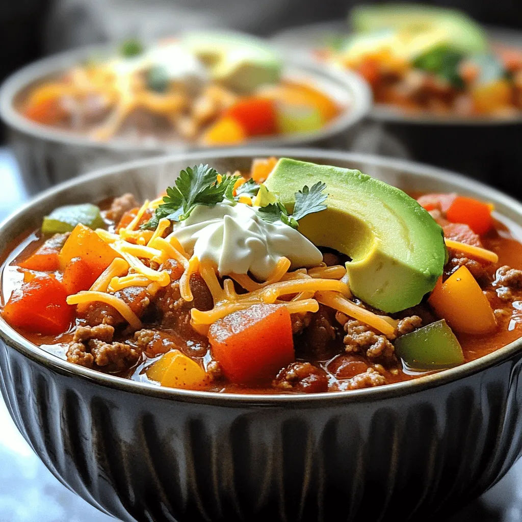 - 1 pound ground turkey or beef - 1 tablespoon olive oil - 1 medium onion, diced - 2 cloves garlic, minced - 1 bell pepper, diced (choose your favorite color) - 2 medium tomatoes, diced - 1 cup corn kernels (can be fresh or frozen) - 2 cups vegetable or chicken broth - 2 tablespoons chili powder - 1 tablespoon ground cumin - 1 teaspoon smoked paprika - Salt and black pepper to taste - 1 tablespoon apple cider vinegar - Fresh cilantro, chopped (for garnish) I love using ground turkey in my chili, but beef works too. Both give great flavor. Olive oil helps to sauté the onions, garlic, and bell pepper. The mix of these gives a nice base. I always choose fresh veggies when I can, like diced tomatoes and corn. They add color and texture. The spices are the heart of this dish. Chili powder, cumin, and smoked paprika give warmth. Salt and black pepper round out the taste. I add apple cider vinegar at the end to brighten the flavors. It really makes a difference! - Shredded cheese - Sliced avocado - Sour cream - Fresh cilantro Toppings can take your no beans chili to the next level. I often add shredded cheese for creaminess. Sliced avocado adds a nice, cool touch. A dollop of sour cream brings richness. Finally, fresh cilantro gives a burst of flavor and color. Feel free to mix and match these toppings to create your perfect bowl of chili! 1. Heat 1 tablespoon of olive oil in a large pot over medium heat. 2. Add 1 medium diced onion and sauté until it turns soft and fragrant. This takes about 3-4 minutes. 3. Next, stir in 2 minced garlic cloves and 1 diced bell pepper. Cook for another 2-3 minutes until the pepper softens. 4. Increase the heat to medium-high. Carefully add 1 pound of ground turkey or beef. Break the meat into smaller pieces with a spatula while it cooks. Stir often until it browns, about 5-7 minutes. 1. Once the meat is browned, add 2 diced tomatoes, 1 cup of corn kernels, and 2 cups of broth to the pot. Mix everything well. 2. Bring the mixture to a gentle simmer. 3. Add 2 tablespoons of chili powder, 1 tablespoon of ground cumin, and 1 teaspoon of smoked paprika. Season with salt and black pepper. Stir well to blend the spices into the chili. 4. Lower the heat and let the chili simmer uncovered for 20-25 minutes. Stir occasionally to avoid sticking. 1. Before serving, drizzle in 1 tablespoon of apple cider vinegar. This adds a nice balance to the flavors. 2. Taste the chili and adjust the seasonings. Add more salt, pepper, or spices if needed. This chili is simple to make and very satisfying. Enjoy your hearty bowl! To get the best texture in your No Beans Chili, focus on browning the meat well. Brown it until it has a nice color. This step adds depth to the flavor. Stir it often to avoid burning. To keep your chili from sticking to the pot, always use enough broth. This keeps the chili moist. Stir occasionally as it simmers. If you notice it thickening too much, add a splash of broth. This will help ensure it stays smooth. For spice adjustments, start with the suggested amounts. If you like heat, add more chili powder or cumin. You can also stir in some cayenne for extra kick. Taste as you go to find your perfect blend. Marinating meat is a great way to boost flavor. You can use the spices in the recipe as a marinade. Let the meat sit for at least 30 minutes before cooking. This will make the meat taste amazing. To impress with your chili, serve it in deep bowls. Top with shredded cheese and fresh avocado. The bright green cilantro adds color and taste. This makes your chili look and taste great. For pairing, cornbread is a classic side. You can also serve it with tortilla chips for crunch. A simple green salad offers freshness. These sides balance the rich flavors of the chili. {{image_4}} You can use many proteins in this chili. Ground turkey and beef are popular choices. If you want to keep it lighter, try ground chicken. For a plant-based option, use lentils or crumbled tofu. When you change the meat, you may need to adjust the spices. For turkey, a bit more cumin works well. For beef, smoked paprika adds depth. Each protein brings its own flavor to the dish. Want some heat? Add jalapeños or crushed red pepper. You can also experiment with different peppers. Try poblano, serrano, or even chipotle for a smoky kick. Adding veggies can change the taste too. Consider zucchini, carrots, or even sweet potatoes. Each veggie adds unique flavor and texture. You can mix and match to find your favorite combo. Using a slow cooker is easy. Just brown the meat first, then add all the ingredients. Let it cook on low for 6 to 8 hours. This method allows flavors to blend beautifully. If you’re short on time, the Instant Pot works wonders. Brown the meat using the sauté function, then add all other ingredients. Cook on high pressure for about 15 minutes. Quick and tasty! To store your No Beans Chili, follow these simple steps: - Refrigerating Leftovers: Let the chili cool down to room temperature. Then, place it in an airtight container. It will stay fresh for up to 4 days in the fridge. When you’re ready to eat, just take it out and reheat. - Freezing for Future Meals: If you want to save some chili for later, freezing works great! First, let it cool completely. Then, portion it into freezer-safe bags or containers. Make sure to squeeze out excess air. It can last up to 3 months in the freezer. Label each bag with the date so you know when to use it. When it’s time to enjoy your chili again, here’s how to reheat it: - Best Methods for Reheating: The best way to reheat chili is on the stove. Pour the chili into a pot and heat it over medium heat. Stir often to heat it evenly. You can also use a microwave if you’re in a hurry. Just cover it loosely and heat in short bursts, stirring in between. - Recommendations for Maintaining Texture: To keep the chili thick and tasty, avoid boiling it. Heat it gently. If it seems too thick after freezing, add a splash of broth or water while reheating. This helps restore its creamy texture. Yes! You can swap the meat with plant-based options. Use lentils or mushrooms for texture. You can also add more veggies like zucchini or carrots. These will add flavor and nutrients. Just make sure to adjust the spices to balance the flavors. The best chili is thick but not too dry. If you want it thicker, let it simmer longer. You can also mash some of the beans or corn to help thicken it. If it gets too thick, add a bit of broth. Stir well and check until it feels right. No Beans Chili lasts about 3 to 4 days in the fridge. Look for changes in color or smell to check for spoilage. If it looks or smells off, throw it away. Always store it in an airtight container for best results. Yes, you can add beans if you like! Black beans or kidney beans work well. Just rinse them and stir them in during the last 10 minutes of cooking. This will not change the core recipe much. Enjoy your chili just the way you like it! In this blog post, we explored how to make delicious No Beans Chili. We covered the main ingredients like ground turkey, veggies, and spices. We detailed the step-by-step process, from sautéing onions to simmering the chili. I shared tips for perfect texture and flavor, plus ways to store your chili. Finally, we discussed variations, allowing for personal touches. With these insights, you can create your own unique No Beans Chili. Enjoy a hearty meal that suits your taste, and have fun customizing it. Happy cooking!