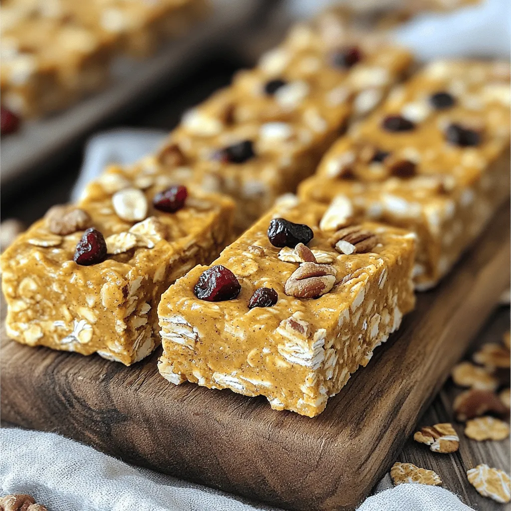 To make these tasty granola bars, gather these main ingredients: - 1 ½ cups rolled oats - ½ cup pumpkin puree - ½ cup almond butter (or any nut/seed butter of your choice) - ¼ cup honey or maple syrup - 1 teaspoon vanilla extract - 1 teaspoon pumpkin pie spice - ¼ teaspoon salt These ingredients create a chewy and flavorful base for your bars. The oats give a nice texture. Pumpkin puree adds moisture and a lovely fall flavor. Almond butter binds everything together while providing healthy fats. You can customize your granola bars with some fun add-ins: - ½ cup chopped nuts (such as walnuts or pecans) - ½ cup dried cranberries or raisins - ¼ cup chocolate chips (optional for extra sweetness) Try different nuts or fruits based on what you like. You can even add seeds for a crunch. If you want a sweeter treat, toss in chocolate chips. They melt slightly and create a rich flavor. If you have dietary needs, here are some good substitutes: - Use sunflower seed butter instead of almond butter for nut-free bars. - Swap honey for agave syrup or maple syrup for a vegan option. - Replace rolled oats with gluten-free oats if you need them gluten-free. These swaps keep your bars tasty while meeting your needs. Always check labels to ensure your substitutes fit your diet. Start by gathering your ingredients. In a large bowl, add: - 1 ½ cups rolled oats - ½ cup pumpkin puree - ½ cup almond butter - ¼ cup honey or maple syrup - 1 teaspoon vanilla extract - 1 teaspoon pumpkin pie spice - ¼ teaspoon salt Using a spatula, mix these items together well. You want everything to blend into a sticky mass. This mixture gives your bars that rich pumpkin flavor and helps them stick together. Next, you will fold in the fun stuff. Add: - ½ cup chopped nuts (like walnuts or pecans) - ½ cup dried cranberries or raisins - ¼ cup chocolate chips (if you like extra sweetness) Gently mix these ingredients in. This step adds crunch and sweetness. Make sure the nuts and fruits are evenly spread throughout the mixture. Now, it’s time to prepare your baking dish. Grab an 8x8-inch dish and line it with parchment paper. Leave some paper hanging over the sides. This helps you lift the bars out later. Pour your granola mix into the dish. Use a spatula or your hands to press it down firmly. You want a smooth, even layer. This step is key to getting nice, firm bars. Place the dish in the fridge for at least 2 hours. This helps the bars set up nicely. Once they’re firm, lift the parchment paper to remove the block of granola. Transfer it to a cutting board. Slice into bars or squares, depending on how big you want them. Enjoy your delicious no bake pumpkin spice granola bars! To get the best texture for your bars, use a mix of ingredients. Rolled oats give a nice chewiness, while pumpkin puree adds moisture. Make sure to mix well until everything sticks together. Press the mixture firmly into the dish to help it hold its shape. If the bars feel too crumbly, add a bit more almond butter or honey. This will help bind everything better. Store your granola bars in an airtight container. Keep them in a cool, dry place. This helps maintain their freshness. You can also keep them in the fridge if you like a cooler snack. For longer storage, wrap them in parchment paper before placing them in a container. This keeps them from sticking together. For a fun presentation, arrange your bars on a wooden board. Sprinkle some pumpkin pie spice on top for a pop of flavor. Add a few dried cranberries for color. You can serve them with yogurt or alongside a warm cup of tea. This adds a cozy touch and enhances the fall vibe. {{image_4}} You can switch almond butter with other nut butters. Try peanut butter for a classic taste. Cashew butter adds a creamy touch. Sunflower seed butter is great for nut allergies. Each option brings its own flavor and texture to the bars. If you want a healthier choice, try using agave syrup. Coconut nectar is another option that adds depth. You can also use mashed bananas for natural sweetness. These swaps keep your granola bars tasty and nutritious. Pumpkin spice is delicious, but don’t stop there. Add cinnamon for a warm kick. Try cocoa powder for a chocolatey twist. You can even mix in dried fruits like apples or apricots. Each variation can create a new favorite snack. To store your leftover granola bars, wrap them tightly in plastic wrap or foil. You can also place them in an airtight container. This keeps them fresh and helps prevent them from drying out. Store the bars in a cool, dry place like your pantry or kitchen shelf. If you want to keep the granola bars longer, freezing is a great option. First, cut the bars into pieces. Next, wrap each piece in plastic wrap. Then, place them in a freezer bag or container. Label the bag with the date. You can freeze them for up to three months. When you are ready to enjoy them, just thaw them in the fridge overnight. When stored properly, these granola bars can last about one week at room temperature. If you keep them in the fridge, they can stay fresh for up to two weeks. Remember, the fresher they are, the tastier they will be! Yes, you can easily make these granola bars vegan. Just swap honey for maple syrup. Almond butter is already vegan, but you can use any nut or seed butter. This change keeps the bars yummy and plant-based. For nut allergies, use sunflower seed butter or soy nut butter. If you can't have oats, try puffed rice or quinoa flakes. You can also switch dried cranberries for seeds or any safe fruit. Just keep the same ratios to maintain texture. I love serving these bars on a wooden board. You can add a sprinkle of pumpkin pie spice on top. A dollop of yogurt or a warm cup of tea makes a great pair. They are perfect for breakfast or a snack. These granola bars stay fresh for about one week at room temperature. If you store them in the fridge, they can last up to two weeks. For longer storage, freeze them. They will keep well for up to three months in the freezer. No bake pumpkin spice granola bars are easy to make and delicious. I covered important ingredients, step-by-step instructions, and helpful tips. You can customize the recipe with different add-ins to fit your taste. These bars store well and freeze easily. Remember, you can adjust ingredients for dietary needs. Have fun experimenting with flavors and presentations. Enjoy your tasty treats!