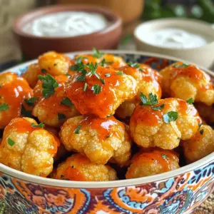 To make spicy buffalo cauliflower bites, you need: - 1 large head of cauliflower, cut into bite-sized florets - 1 cup all-purpose flour - 1 teaspoon garlic powder - 1 teaspoon onion powder - 1 teaspoon smoked paprika - 1/2 teaspoon cayenne pepper (adjust for desired spiciness) - 1 cup plant-based milk (or regular milk) - 1 cup breadcrumbs (preferably panko for an extra crunchy texture) - 1 cup buffalo sauce (store-bought or homemade) - 2 tablespoons olive oil - Salt and pepper to taste You can add some freshness to your bites by using: - Chopped fresh parsley for garnish If you want to make this recipe gluten-free, I recommend: - Using gluten-free flour in place of all-purpose flour - Choosing gluten-free breadcrumbs instead of regular ones For a vegan option, stick with plant-based milk and buffalo sauce. First, preheat your oven to 450°F (230°C). This high heat helps make the bites crispy. Line a baking sheet with parchment paper. This prevents sticking and helps with cleanup. In a large bowl, mix together the following dry ingredients: - 1 cup all-purpose flour - 1 teaspoon garlic powder - 1 teaspoon onion powder - 1 teaspoon smoked paprika - 1/2 teaspoon cayenne pepper - Salt and pepper to taste Stir these well to blend the flavors. Gradually whisk in 1 cup of plant-based milk or regular milk. Keep whisking until the batter is smooth and lump-free. This coating will stick to the cauliflower. Take each cauliflower floret and dip it into the batter. Make sure it is fully covered. Let any extra batter drip back into the bowl. Next, roll each floret in breadcrumbs. Use 1 cup of panko for extra crunch. Place the coated florets on the baking sheet in a single layer. Drizzle with 2 tablespoons of olive oil. This will help them crisp up nicely. Once baked, move the cauliflower to a large bowl. Pour 1 cup of buffalo sauce over the hot florets. Toss gently until each piece is coated. Return the sauced cauliflower to the baking sheet. Bake for another 10 minutes. This helps the sauce set and flavors blend. After baking, let them cool for a few minutes. This step allows the flavors to develop even more. To get your cauliflower bites super crispy, use panko breadcrumbs. They give a great crunch. Make sure to coat each floret well in the batter before rolling it in the breadcrumbs. Drizzling olive oil on top helps too. This oil creates a golden crust as they bake. If you want your bites spicier, add more cayenne pepper to the batter. Start with half a teaspoon and taste. You can always add more if you like heat. If you prefer mild bites, use less cayenne. You can also try a milder sauce or skip the buffalo sauce entirely. When you dip each cauliflower piece, make sure to let excess batter drip off. This step keeps the coating light. For an even layer, roll the floret in breadcrumbs gently. Press them slightly to ensure they stick. This way, every bite stays crispy and tasty. {{image_4}} You can make spicy buffalo cauliflower bites vegan by using plant-based milk and flour. Use almond, soy, or oat milk for the batter. For the coating, ensure your breadcrumbs are vegan. This way, you skip any animal products while keeping the flavor. To make these bites gluten-free, swap all-purpose flour with gluten-free flour. You can also use gluten-free breadcrumbs to keep that crunch. This way, everyone can enjoy the dish without worries. Want to spice things up? Try BBQ sauce instead of buffalo sauce. This gives a sweet and smoky flavor. You can also use garlic parmesan for a cheesy twist. Just mix grated parmesan cheese into your breadcrumbs for extra flavor. Each variation brings a new taste, so have fun experimenting! After enjoying your Spicy Buffalo Cauliflower Bites, let them cool completely. Place any leftovers in an airtight container. Store them in the fridge for up to three days. This keeps them fresh and tasty for your next snack or meal. To reheat, preheat your oven to 350°F (175°C). Spread the cauliflower bites on a baking sheet. Bake for about 10-15 minutes. This helps them regain their crunch. You can also use an air fryer for about 5 minutes at 350°F (175°C). This method works well too. If you want to save some bites for later, freezing is a great option. Place the cooled cauliflower bites in a single layer on a baking sheet. Freeze them for about an hour. Once frozen, move them to a freezer bag. They can stay in the freezer for up to three months. When you're ready to eat, bake them straight from the freezer. Cook them at 450°F (230°C) for about 20-25 minutes, until heated through. Spicy Buffalo Cauliflower Bites can be as spicy as you want. The heat comes from cayenne pepper in the batter. You can adjust this amount to suit your taste. If you prefer mild bites, use less cayenne. If you love heat, add more. The buffalo sauce also adds spice, so consider that when choosing your heat level. Yes, you can make these bites ahead of time. Prepare the cauliflower and batter and coat them earlier. Store the coated florets in the fridge for a few hours. When you’re ready to bake, just follow the baking steps. This saves time and makes them a great snack for parties. These bites pair well with many dips. Creamy ranch or blue cheese dressing are classic choices. Fresh veggies like celery and carrots also make great sides. You can serve them on a platter for a fun appetizer. Don’t forget to add chopped parsley for color! Yes, Spicy Buffalo Cauliflower Bites can be healthy. Cauliflower is low in calories and high in fiber. The batter and breadcrumbs do add some carbs, but you can use whole grain options. Baking instead of frying keeps them lighter. Enjoy them as a snack or side dish for a nutritious choice! This post covered all you need to make Spicy Buffalo Cauliflower Bites. We explored key ingredients, easy steps, and helpful tips for crispiness. You learned about fun variations, like vegan options and garlic flavors. I also shared storage tips to keep your bites fresh. With these details, you can enjoy a tasty treat anytime. Dive into your kitchen and create your own spicy bites!