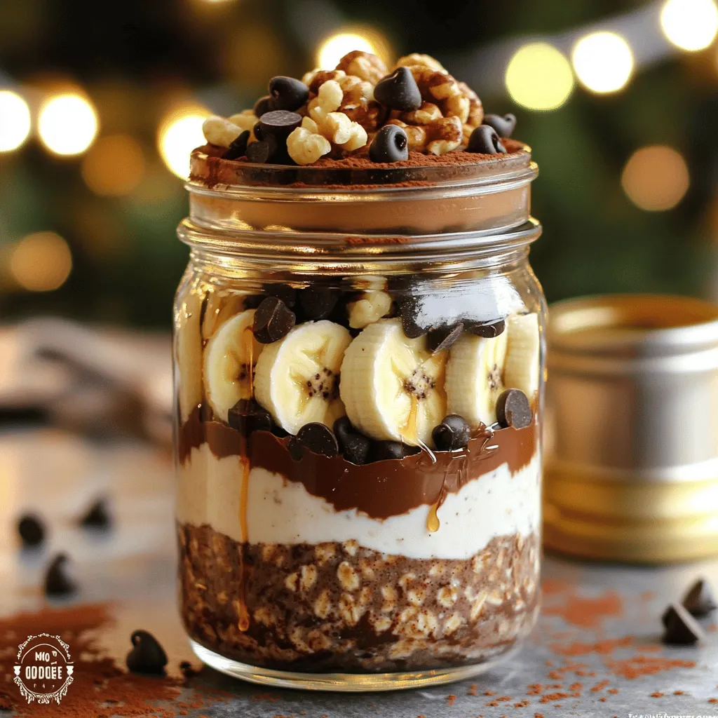 - 1 cup rolled oats - 2 cups almond milk (or any milk of your choice) - 1 tablespoon unsweetened cocoa powder - 1 tablespoon instant coffee or espresso powder These main ingredients create a strong base for our overnight oats. The rolled oats give the dish its heartiness. Almond milk adds creaminess and flavor. Cocoa powder brings rich chocolate taste. Instant coffee boosts flavor and gives a mocha twist. - 2 tablespoons maple syrup or honey - 1 scoop chocolate protein powder - 1/4 cup Greek yogurt - 1/4 cup dark chocolate chips These extra ingredients add sweetness and protein. Maple syrup or honey sweetens the oats. Chocolate protein powder enhances the chocolate flavor while adding protein. Greek yogurt makes the mixture creamier and richer. Dark chocolate chips add delightful bits of chocolate. - Sliced bananas - Chopped walnuts - Additional chocolate chips Toppings are fun and add texture. Sliced bananas lend natural sweetness. Chopped walnuts add a nice crunch. Extra chocolate chips are perfect for chocolate lovers. You can mix and match toppings for your favorite flavors and textures. Start by mixing the rolled oats, cocoa powder, and instant coffee in a large bowl. This blend gives the oats a rich mocha flavor. Don't forget to add a pinch of sea salt. It enhances the taste and balances the sweetness. In a separate bowl, whisk together the almond milk, maple syrup, and chocolate protein powder. Make sure the mixture is smooth and free from lumps. This step ensures your oats will be creamy and tasty. Next, pour the wet mixture into the dry ingredients. Stir thoroughly to coat all the oats. You want every bite to be chocolatey. Then, gently fold in the Greek yogurt and dark chocolate chips. This adds creaminess and a sweet surprise. Now, divide the mixture into individual containers. Use jars or any containers you have. Seal them tightly to keep the oats fresh. Place them in the fridge overnight or for at least four hours. This soaking time allows the oats to soften perfectly. When you’re ready to eat, take a moment to stir the oats. If they seem too thick, add a splash of milk. This will adjust the texture. Finally, top your oats with sliced bananas, chopped walnuts, or extra chocolate chips. These toppings add color and crunch, making your breakfast even better! To get the best texture, soak your oats overnight. This gives them time to absorb the almond milk. If you’re in a hurry, soak them for at least 4 hours. Using fresh ingredients is key. Fresh oats and milk make a big difference in taste and texture. You can add extra flavor in many ways. Try adding a pinch of cinnamon or vanilla extract for a warm taste. Different protein powders can change the flavor too. Choose chocolate, vanilla, or even coffee-flavored protein to match your mood. Presentation matters! Serve your overnight oats in mason jars for a fun look. You can layer your toppings for a colorful treat. Pair your oats with a side of fresh fruit or yogurt. This gives you a balanced breakfast that looks great and tastes even better. {{image_4}} You can play with flavors to keep things fun. Try Mocha Hazelnut Overnight Oats. Just add hazelnut spread to the mix for a nutty twist. You’ll enjoy a rich flavor that pairs well with chocolate. Another option is the Peanut Butter Brownie Variation. Simply mix in some creamy peanut butter. This adds protein and a rich, nutty taste. It makes for a delightful and satisfying breakfast. If you follow a vegan diet, swap the Greek yogurt for a dairy-free option like coconut yogurt. Use maple syrup for sweetness and check that your protein powder is plant-based. This way, you can enjoy the same great taste without animal products. For those needing gluten-free options, use certified gluten-free oats. Most oats are naturally gluten-free, but processing can introduce gluten. Always check the label to be safe. Want to boost nutrition? Consider adding chia seeds or flaxseeds. Both are rich in omega-3 fatty acids and fiber. Just a tablespoon of either can add a healthy crunch and extra nutrients. You can also add cottage cheese for a protein-packed alternative. It adds creaminess and a mild flavor, making your oats even more filling. A simple scoop stirred in can make a big difference in your breakfast. For the best results, use glass jars or airtight containers. These keep your Protein Mocha Brownie Overnight Oats fresh. Avoid using flimsy plastic containers. They can warp and let air in. To prevent spoilage, always seal your containers tightly. Store the jars in the fridge right after making them. This keeps them cool and safe to eat. In the refrigerator, your overnight oats will last about 3 to 5 days. This gives you a tasty breakfast ready to go. If you want to store them longer, consider freezing. You can freeze them for up to 3 months. Just make sure to use freezer-safe containers. When you're ready to eat, thaw the oats in the fridge overnight. If you prefer warm oats, you can reheat them easily. The best method is to use the microwave. Start by removing the lid and heating for 30 seconds. Stir and heat in 15-second bursts until warm. Be careful not to overheat, as this can change the texture. For best taste, add a splash of milk before you reheat. This keeps them creamy and delicious. Yes, you can prepare these oats in advance. They taste great after sitting overnight. You can store them in the fridge for up to 5 days. Just make sure to keep them in a sealed container to keep them fresh. Absolutely! You can use any milk you like. Almond milk is my favorite, but soy, oat, or regular cow's milk work well too. Each type of milk will add its own flavor, so feel free to experiment. To reduce sugar, you have a few options. You can cut back on maple syrup or honey. You could also try using a sugar-free sweetener like stevia or monk fruit. These options keep the oats sweet without adding too much sugar. If you don’t have protein powder, no problem! You can skip it or use Greek yogurt to add some protein. You can also add nut butter for extra flavor and protein. Just adjust the liquid to keep the right texture. If your oats are too thick, simply add more milk. Stir in a little at a time until you reach your desired consistency. You can also let them sit a bit longer, as they may absorb more liquid. Protein Mocha Brownie Overnight Oats are easy to make and tasty. We covered the key ingredients, step-by-step instructions, and tips for perfect texture. Don’t forget all the fun variations and storage options too. These oats make a great breakfast for busy days. With so many ways to customize, you can enjoy them daily without boredom. Dive into this sweet and nutritious meal, and get ready to indulge!