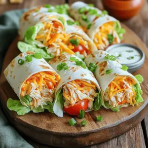 To make Buffalo Ranch Chicken Wraps, you need a few key ingredients. Here is the list: - 2 cups cooked chicken, shredded - 1/2 cup buffalo sauce - 1/2 cup ranch dressing - 1 cup shredded romaine lettuce - 1/2 cup ripe tomatoes, diced - 1/2 cup sharp cheddar cheese, shredded - 4 large flour tortillas - 1/4 cup green onions, finely chopped - Salt and freshly ground pepper, to taste Each ingredient plays a role in making these wraps tasty and filling. The cooked chicken adds protein. The buffalo sauce brings a spicy kick. Ranch dressing adds creaminess and coolness. Fresh vegetables like romaine lettuce and tomatoes balance the flavors. Shredded cheddar cheese gives a rich taste. The flour tortillas hold it all together. Green onions add a touch of freshness. A pinch of salt and pepper enhances the overall flavor. Feel free to adjust the ingredients to suit your taste. Want less spice? Cut back on the buffalo sauce. Want more crunch? Add extra lettuce or tomatoes. This recipe is flexible and fun! In a medium bowl, take the cooked chicken. Add the buffalo sauce to it. Mix well until the chicken is fully coated. You can taste the mixture and add salt and pepper as you like. In another bowl, blend ranch dressing with a tablespoon of buffalo sauce. This gives it a nice kick. Mix until it is smooth, then set it aside. Now, lay out the flour tortillas on a clean surface. Take a tablespoon of the ranch mixture and spread it in the center of each tortilla. Make sure it covers the middle evenly. Next, distribute the buffalo chicken mixture on top of the ranch dressing. Spread it out so every wrap gets enough chicken. On top of the chicken, add shredded lettuce, diced tomatoes, and shredded cheddar cheese. Make sure each wrap has a good amount of these toppings. Finally, sprinkle the chopped green onions on top for extra flavor. To roll the wraps, first, fold the sides of the tortilla inward. Then, start rolling it tightly from the bottom up. This keeps all the good stuff inside. If you want to grill them for extra crunch, place the wraps seam-side down in a skillet over medium heat. Grill them for 2-3 minutes until they are golden and crispy. After grilling, slice each wrap diagonally in half. This makes them easier to hold and eat. To get the best flavor in your Buffalo Ranch Chicken Wraps, adjust the buffalo sauce to your liking. Some like it spicy, while others prefer a milder taste. Start with 1/2 cup of buffalo sauce, then taste and add more if you want extra heat. For the chicken, use salt and pepper to enhance its flavor. You can also try adding garlic powder or onion powder for a deeper taste. When serving your wraps, keep them neat on a bright platter. This adds color to your meal and makes it look more inviting. Consider serving extra ranch dressing in a small bowl for dipping. You can also garnish the platter with fresh parsley or cilantro. This simple touch makes your dish pop and impresses your guests. {{image_4}} You can switch up the buffalo sauce if you like. Try a spicy Sriracha or a tangy barbecue sauce. Both will give your wraps a unique twist. For tortillas, you can use whole wheat or corn tortillas instead of flour. Each option adds a different flavor and texture. If you want a lighter meal, opt for grilled chicken instead of fried. Grilled chicken has less fat and still tastes great. You can also choose low-fat ranch dressing. This keeps the flavor while cutting calories. Feel free to add more veggies for crunch. Avocado slices or bell peppers can make your wrap even better. If you love spice, add jalapeños or a dash of hot sauce. For a milder taste, use less buffalo sauce or pick a sweet sauce instead. These changes keep your wraps exciting and fun! To keep your Buffalo Ranch Chicken Wraps fresh, store them in the fridge. Place the wraps in an airtight container. They can last for 3 to 4 days in the fridge. If you have leftovers, you can freeze them too. Wrap them tightly in plastic wrap. Then, place them in a freezer bag. They should stay good for about 2 to 3 months in the freezer. When it's time to eat, reheating your wraps is easy. The best way is to use a skillet. Heat the skillet over medium heat. Place the wrap seam side down and cook for 2 to 3 minutes. This will keep the wrap crispy. You can also use a microwave. However, this may make the wrap a bit soggy. To avoid this, place a damp paper towel over the wrap while reheating. This will help keep it moist while preventing it from getting too soft. Yes, you can prepare these wraps ahead of time. Wrap them tightly in plastic wrap. Store them in the fridge for up to a day. This can save time during busy days. Just remember to eat them within that time for best taste. These wraps pair well with many sides. You can serve them with: - Fresh veggie sticks - Potato chips - Sweet potato fries - A light salad - Extra ranch dressing for dipping Choose sides that you enjoy. They will balance the spicy flavor of the wraps. Absolutely! Store-bought rotisserie chicken is a great time saver. Just shred the chicken and mix it with buffalo sauce. This makes the prep super quick and easy. The spice level is up to you! You control the heat by adjusting the buffalo sauce amount. Use a mild sauce for less heat. For more spice, add extra buffalo sauce or choose a hotter brand. Yes, you can make a tasty vegetarian version. Use cooked jackfruit or tofu instead of chicken. Mix them with buffalo sauce for flavor. Add the same toppings for a delicious wrap everyone will love. In this article, I shared a tasty buffalo ranch chicken wrap recipe. We covered the ingredients, step-by-step instructions, and tips to enhance your meal. Remember, you can tweak flavors and try different add-ins. Whether you grill your wraps or use store-bought chicken, you have options. Enjoy these wraps as is or with your favorite sides. Now, go ahead, make these wraps your own, and savor every delicious bite!