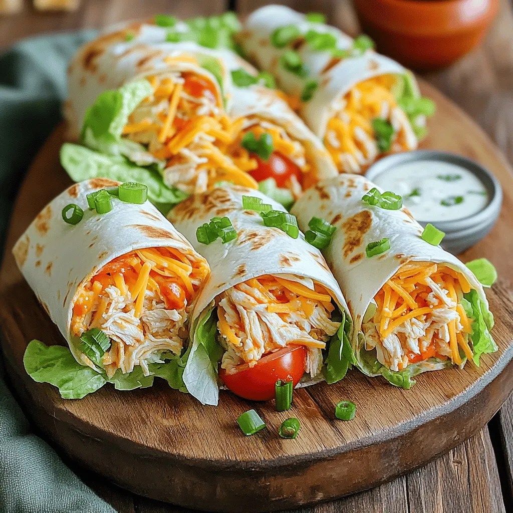 To make Buffalo Ranch Chicken Wraps, you need a few key ingredients. Here is the list: - 2 cups cooked chicken, shredded - 1/2 cup buffalo sauce - 1/2 cup ranch dressing - 1 cup shredded romaine lettuce - 1/2 cup ripe tomatoes, diced - 1/2 cup sharp cheddar cheese, shredded - 4 large flour tortillas - 1/4 cup green onions, finely chopped - Salt and freshly ground pepper, to taste Each ingredient plays a role in making these wraps tasty and filling. The cooked chicken adds protein. The buffalo sauce brings a spicy kick. Ranch dressing adds creaminess and coolness. Fresh vegetables like romaine lettuce and tomatoes balance the flavors. Shredded cheddar cheese gives a rich taste. The flour tortillas hold it all together. Green onions add a touch of freshness. A pinch of salt and pepper enhances the overall flavor. Feel free to adjust the ingredients to suit your taste. Want less spice? Cut back on the buffalo sauce. Want more crunch? Add extra lettuce or tomatoes. This recipe is flexible and fun! In a medium bowl, take the cooked chicken. Add the buffalo sauce to it. Mix well until the chicken is fully coated. You can taste the mixture and add salt and pepper as you like. In another bowl, blend ranch dressing with a tablespoon of buffalo sauce. This gives it a nice kick. Mix until it is smooth, then set it aside. Now, lay out the flour tortillas on a clean surface. Take a tablespoon of the ranch mixture and spread it in the center of each tortilla. Make sure it covers the middle evenly. Next, distribute the buffalo chicken mixture on top of the ranch dressing. Spread it out so every wrap gets enough chicken. On top of the chicken, add shredded lettuce, diced tomatoes, and shredded cheddar cheese. Make sure each wrap has a good amount of these toppings. Finally, sprinkle the chopped green onions on top for extra flavor. To roll the wraps, first, fold the sides of the tortilla inward. Then, start rolling it tightly from the bottom up. This keeps all the good stuff inside. If you want to grill them for extra crunch, place the wraps seam-side down in a skillet over medium heat. Grill them for 2-3 minutes until they are golden and crispy. After grilling, slice each wrap diagonally in half. This makes them easier to hold and eat. To get the best flavor in your Buffalo Ranch Chicken Wraps, adjust the buffalo sauce to your liking. Some like it spicy, while others prefer a milder taste. Start with 1/2 cup of buffalo sauce, then taste and add more if you want extra heat. For the chicken, use salt and pepper to enhance its flavor. You can also try adding garlic powder or onion powder for a deeper taste. When serving your wraps, keep them neat on a bright platter. This adds color to your meal and makes it look more inviting. Consider serving extra ranch dressing in a small bowl for dipping. You can also garnish the platter with fresh parsley or cilantro. This simple touch makes your dish pop and impresses your guests. {{image_4}} You can switch up the buffalo sauce if you like. Try a spicy Sriracha or a tangy barbecue sauce. Both will give your wraps a unique twist. For tortillas, you can use whole wheat or corn tortillas instead of flour. Each option adds a different flavor and texture. If you want a lighter meal, opt for grilled chicken instead of fried. Grilled chicken has less fat and still tastes great. You can also choose low-fat ranch dressing. This keeps the flavor while cutting calories. Feel free to add more veggies for crunch. Avocado slices or bell peppers can make your wrap even better. If you love spice, add jalapeños or a dash of hot sauce. For a milder taste, use less buffalo sauce or pick a sweet sauce instead. These changes keep your wraps exciting and fun! To keep your Buffalo Ranch Chicken Wraps fresh, store them in the fridge. Place the wraps in an airtight container. They can last for 3 to 4 days in the fridge. If you have leftovers, you can freeze them too. Wrap them tightly in plastic wrap. Then, place them in a freezer bag. They should stay good for about 2 to 3 months in the freezer. When it's time to eat, reheating your wraps is easy. The best way is to use a skillet. Heat the skillet over medium heat. Place the wrap seam side down and cook for 2 to 3 minutes. This will keep the wrap crispy. You can also use a microwave. However, this may make the wrap a bit soggy. To avoid this, place a damp paper towel over the wrap while reheating. This will help keep it moist while preventing it from getting too soft. Yes, you can prepare these wraps ahead of time. Wrap them tightly in plastic wrap. Store them in the fridge for up to a day. This can save time during busy days. Just remember to eat them within that time for best taste. These wraps pair well with many sides. You can serve them with: - Fresh veggie sticks - Potato chips - Sweet potato fries - A light salad - Extra ranch dressing for dipping Choose sides that you enjoy. They will balance the spicy flavor of the wraps. Absolutely! Store-bought rotisserie chicken is a great time saver. Just shred the chicken and mix it with buffalo sauce. This makes the prep super quick and easy. The spice level is up to you! You control the heat by adjusting the buffalo sauce amount. Use a mild sauce for less heat. For more spice, add extra buffalo sauce or choose a hotter brand. Yes, you can make a tasty vegetarian version. Use cooked jackfruit or tofu instead of chicken. Mix them with buffalo sauce for flavor. Add the same toppings for a delicious wrap everyone will love. In this article, I shared a tasty buffalo ranch chicken wrap recipe. We covered the ingredients, step-by-step instructions, and tips to enhance your meal. Remember, you can tweak flavors and try different add-ins. Whether you grill your wraps or use store-bought chicken, you have options. Enjoy these wraps as is or with your favorite sides. Now, go ahead, make these wraps your own, and savor every delicious bite!