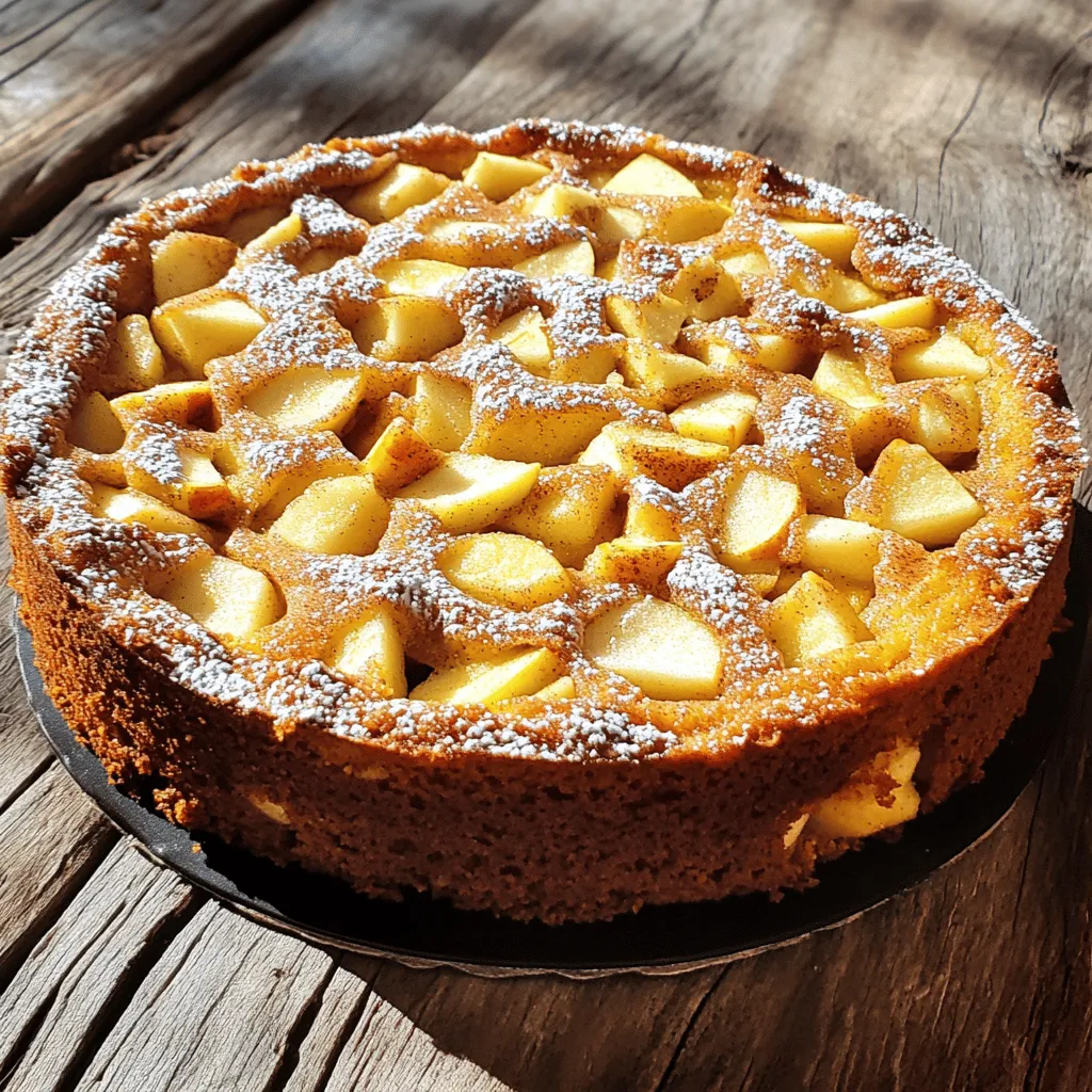 - 2 cups all-purpose flour - 1 ½ teaspoons baking powder - 1 teaspoon baking soda - ½ teaspoon salt - 1 teaspoon ground cinnamon - ½ teaspoon ground nutmeg - ¾ cup unsalted butter, softened - 1 cup brown sugar, firmly packed - ½ cup granulated sugar - 3 large eggs - 1 teaspoon vanilla extract - 1 cup buttermilk - 2 cups apples, peeled, cored, and diced - 1 tablespoon fresh lemon juice - ½ cup walnuts or pecans, chopped (optional) - 1 tablespoon granulated sugar (for topping) When making this cake, gather all these ingredients first. The dry ingredients create the base. The wet ingredients give moisture and sweetness. The apples add flavor and texture. You can choose to add nuts for a nice crunch. The topping sugar gives a sweet finish. Each part plays a role in making this cake a delight. First, preheat your oven to 350°F (175°C). This step is key for even baking. Next, grab a 9x13-inch baking pan. Grease the pan with butter. Then, dust it lightly with flour. This prevents the cake from sticking later. In a medium bowl, whisk together the dry ingredients. Combine 2 cups of all-purpose flour, 1 ½ teaspoons of baking powder, 1 teaspoon of baking soda, ½ teaspoon of salt, 1 teaspoon of ground cinnamon, and ½ teaspoon of ground nutmeg. Mix well and set it aside. In a large bowl, cream together ¾ cup of softened unsalted butter, 1 cup of brown sugar, and ½ cup of granulated sugar. Beat this mixture until it looks light and fluffy. This should take about 3-4 minutes. Then, add 3 large eggs one at a time. Mix well after each egg. Finally, stir in 1 teaspoon of vanilla extract until it blends smoothly. Now, it’s time to combine the mixtures. Gradually add the dry ingredients to the wet mixture. Alternate this with 1 cup of buttermilk. Begin and end with the dry mix. Mix until just combined. Be careful not to overmix; this keeps the cake tender. Prepare your apples by peeling, coring, and dicing them. Coat the apples with 1 tablespoon of fresh lemon juice. If you want to add nuts, use ½ cup of chopped walnuts or pecans. Gently fold the apple mixture into the batter. Make sure the apples are evenly spread. Pour the batter into your prepared baking pan. Use a spatula to smooth the top. Sprinkle 1 tablespoon of granulated sugar over the batter for a crunchy topping. Place the pan in the oven and bake for 35-40 minutes. To check if it’s done, insert a toothpick into the center. If it comes out clean, the cake is ready. Once baked, let the cake cool in the pan for 10 minutes. Then, transfer it to a wire rack to cool completely. To get a soft and fluffy cake, measure your ingredients correctly. Use a scale for accuracy or spoon flour into a cup and level it off. Mix the dry ingredients well before adding them to the wet mix. This ensures even distribution. When combining wet and dry, mix just until you see no dry flour. Overmixing can lead to a dense cake. Baking times can vary based on your oven. Start checking around 35 minutes. Insert a toothpick into the center. If it comes out clean, the cake is done. If not, give it a few more minutes. Remember, every oven is different. Always trust your senses; the cake should look golden on top. Want to make your cake even better? Consider adding a dash of cloves or ginger for warmth. You can also mix in a splash of orange juice for a citrus twist. A teaspoon of almond extract can add depth to the flavor. Feel free to get creative with spices! {{image_4}} If you want a gluten-free cake, use gluten-free flour. You can try almond flour or a blend that replaces all-purpose flour. Make sure to check the package for the right measurements, as they can differ. Using a 1-to-1 gluten-free flour blend is often a good choice. This way, you can enjoy the same great taste without gluten. Choosing the right apples makes a big difference. I recommend using Granny Smith apples for a tart flavor. They balance well with the sweetness of the cake. Honeycrisp apples also work nicely for their crisp texture and sweetness. You can mix different kinds for more flavor. Try using 2 cups of diced apples, which is about 2 medium apples. Spices can add depth to your cake. Consider adding ground cloves or ginger for an extra kick. Just use about 1/4 teaspoon of each. You can also mix in some allspice or cardamom for a warm flavor. These spices pair well with the cinnamon and can elevate your cake to new heights. Play around with the amounts to find your perfect blend. To keep your Cinnamon Apple Cake fresh, wrap it well. Use plastic wrap or foil. You can also place it in an airtight container. This keeps moisture in and prevents the cake from drying out. Store the cake at room temperature if you plan to eat it within a few days. At room temperature, the cake lasts about 3 days. If you refrigerate it, it can stay fresh for up to a week. Just make sure to wrap it tightly. The cold helps keep the flavors strong and the cake moist. To freeze the cake, first let it cool completely. Then, cut it into slices or leave it whole. Wrap each slice or the whole cake in plastic wrap. After that, wrap it in foil for extra protection. Place it in a freezer bag or container. This method keeps the cake fresh for up to 3 months. When you are ready to enjoy it, thaw the cake in the fridge overnight. Then, bring it to room temperature before serving. Yes, you can use other fruits! Pears, peaches, or berries work great. Just chop them up like you do with apples. If you choose a fruit that is juicier, reduce the buttermilk slightly. This helps keep the cake from getting too wet. If you don’t have buttermilk, you can make your own. Mix 1 cup of milk with 1 tablespoon of vinegar or lemon juice. Let it sit for about 5 minutes. This will mimic buttermilk's tangy flavor. You can also use plain yogurt or sour cream, thinned with a bit of water. To keep your cake from sticking, grease the pan well with butter. Then, dust it lightly with flour. Make sure to tap out the excess flour. You can also use parchment paper for extra protection. Cut it to fit the bottom of the pan for easy removal. Yes, you can bake this cake ahead of time. Let it cool completely, then wrap it tightly in plastic wrap. Store it at room temperature for up to three days. For longer storage, place it in the fridge or freezer. Just remember to serve it at room temp or warm it slightly before serving. This guide covered all you need to bake a delicious apple cake. We explored the right ingredients, from dry to wet, plus tasty add-ins. I shared step-by-step instructions to make your baking easy. I also included tips for texture and flavor, variations for gluten-free needs, and smart storage ideas. Now, you have all the tools to create a delightful dessert that impresses. Enjoy your baking journey and savor each bite!