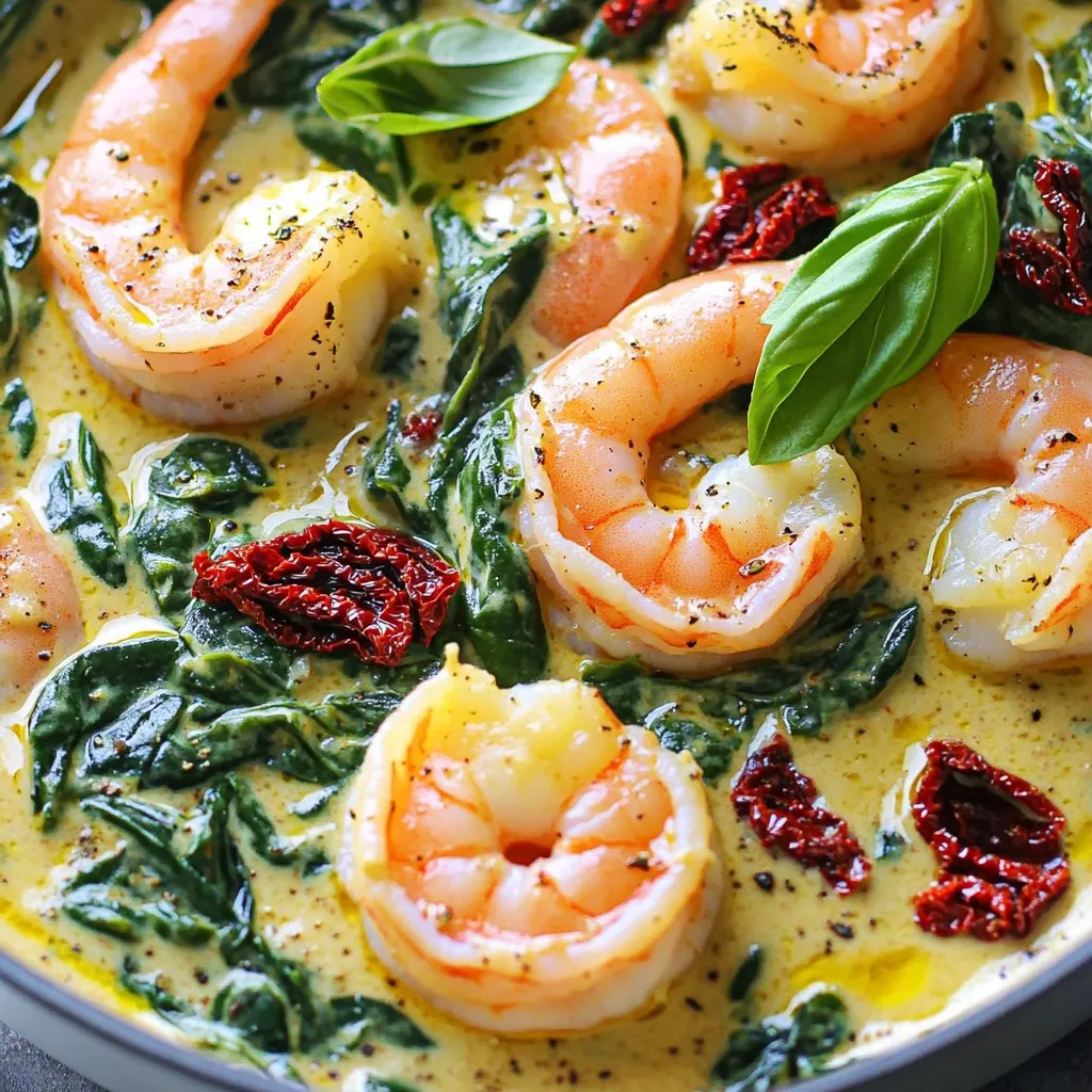 - 1 pound large shrimp, peeled and deveined - 1 tablespoon olive oil - 3 cloves garlic, minced - 1 cup sun-dried tomatoes, packed in oil, drained and chopped - 1 cup heavy cream - 1 cup fresh spinach, roughly chopped - 1/2 cup grated Parmesan cheese - 1 teaspoon Italian seasoning blend - 1/2 teaspoon red pepper flakes (optional, for added heat) - Salt and freshly ground black pepper to taste - Fresh basil leaves, torn or whole, for garnish Gather these ingredients before you start. The large shrimp bring a nice texture to the dish. Olive oil helps sauté the garlic and sun-dried tomatoes, adding depth. Garlic gives off a warm aroma that gets your mouth watering. Sun-dried tomatoes offer a sweet and tangy flavor that blends well with the cream. Heavy cream creates that rich, velvety sauce that coats the shrimp. Fresh spinach adds color and nutrition. Parmesan cheese gives a salty, nutty taste that enhances the sauce. Italian seasoning adds a mix of herbs that tie the dish together. If you like spice, red pepper flakes give a kick. Salt and pepper balance all the flavors. Lastly, fresh basil leaves brighten the dish and make it look beautiful. Now you’re ready to make a delightful meal that everyone will enjoy! First, grab a spacious skillet. Pour in one tablespoon of olive oil and heat it over medium heat. Once the oil is warm, add three cloves of minced garlic. Sauté the garlic for about one minute. You want it to smell great, but don’t let it brown. Next, stir in one cup of chopped sun-dried tomatoes. Cook these for two more minutes. This helps their rich flavor mix with the oil. You’ll create a tasty base for your shrimp. Now, it's time for the shrimp. Increase the heat to medium-high. Carefully add one pound of peeled and deveined shrimp to the skillet. Season the shrimp with salt, black pepper, and one teaspoon of Italian seasoning blend. Cook the shrimp for about two to three minutes. Turn them occasionally until they become pink and opaque. This step is key. Perfectly cooked shrimp will be juicy and tender. Once the shrimp look good, reduce the heat to medium-low. Pour in one cup of heavy cream. Stir this gently. Let the mixture simmer for about two to three minutes. This helps the sauce thicken a bit. Then, add one cup of roughly chopped fresh spinach. Cook until the spinach wilts. This should take about two minutes. The color and taste will add a nice touch. Finally, gently fold in half a cup of grated Parmesan cheese. This will make the sauce extra creamy. If you like some heat, sprinkle in half a teaspoon of red pepper flakes. Taste the dish and adjust the salt or pepper if needed. Serve it right away, garnished with fresh basil leaves for a vibrant finish. To cook shrimp just right, follow these tips: - Use fresh shrimp if possible. Fresh shrimp gives the best flavor. - Avoid overcooking. Cook shrimp for only 2-3 minutes until pink and opaque. - Use medium-high heat. This keeps shrimp juicy and tender. Overcooked shrimp can turn rubbery. To avoid this, watch closely as they cook. Remove them from the heat as soon as they change color. To get that perfect creamy sauce, try these techniques: - Add cream slowly. Pour in the heavy cream gradually. Stir as it heats. - Use high-quality cream. This improves the sauce's richness and flavor. - Mix in Parmesan cheese. This thickens the sauce and adds depth. For a twist, you can swap heavy cream with half-and-half or coconut milk. This gives a lighter or different taste to the dish. Presentation makes your dish shine. Here are some easy ways to garnish: - Use fresh basil leaves. Tear or place them whole on top for color and aroma. - Sprinkle extra Parmesan. This adds a nice touch and extra flavor. - Serve with crusty bread. It soaks up the sauce and makes the meal complete. Consider using a shallow bowl for serving. This shows off the creamy sauce and shrimp beautifully. Enjoy your meal! {{image_4}} You can easily swap shrimp for chicken or tofu. Both options work well. If you use chicken, cut it into bite-sized pieces. Cook it in the skillet until golden brown. If you prefer tofu, choose firm tofu. Press it to remove excess moisture and cube it. Sauté it until crispy for the best texture. Get creative by adding different herbs or spices. Fresh herbs like thyme or oregano can boost flavor. You could also add a splash of lemon juice for brightness. For a heartier meal, toss in some vegetables. Zucchini or bell peppers add color and nutrients. Cook them until tender, then mix into your creamy sauce. Making this dish gluten-free is easy. Just ensure your seasoning blend is gluten-free. For a dairy-free option, swap heavy cream with coconut milk. This change keeps the dish rich and creamy. Use nutritional yeast instead of Parmesan cheese for a cheesy taste without dairy. To store leftovers, first let the skillet cool. Then, transfer the shrimp mix to a container. Use an airtight container to keep the freshness. Glass or plastic containers work well for this. Make sure to store the dish in the fridge within two hours of cooking. This helps prevent bacteria growth. Leftovers can stay fresh for up to three days. For reheating, the best method is on the stove. Use a skillet over low heat. Stir gently to warm it up without cooking it more. You can also use a microwave, but be cautious. If using a microwave, cover the dish to keep moisture in. To keep the dish creamy, add a splash of heavy cream while reheating. This helps maintain the rich texture. Enjoy the creamy Tuscan shrimp just as much as the first time! You can boost the heat in this dish easily. Add more red pepper flakes to the skillet. Start with one teaspoon and taste as you go. You can also add fresh chopped chili peppers for a kick. If you want more flavor, try a splash of hot sauce. Yes, you can use frozen shrimp. Just make sure to thaw them first. The best way is to place them in the fridge overnight. If you're short on time, run them under cold water for a few minutes. Pat them dry before cooking to keep the dish from getting watery. Yes, there are several lighter options. You can use half-and-half for a creamier texture. Coconut milk works well for a dairy-free version. If you want a lower-fat option, try Greek yogurt. Just add it at the end and stir gently for a creamy touch. This blog post guides you through making a creamy shrimp dish with ease. You learned about the key ingredients, step-by-step cooking methods, and the best tips for perfecting flavors. We also covered variations to suit different tastes and dietary needs. Remember, adjustments are simple, making this dish versatile. Enjoy your cooking adventure and make it your own. Now, grab your shrimp, and let’s create something delicious!