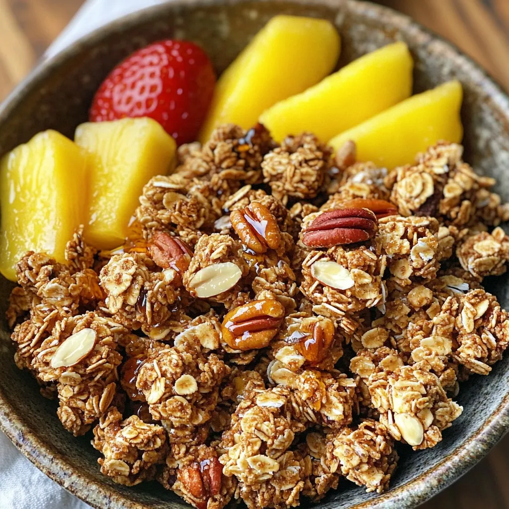 - 2 cups rolled oats - 1 cup pecans, roughly chopped - 1/2 cup sliced almonds - 1/2 cup unsweetened coconut flakes - 1/4 cup chia seeds - 1/2 cup pure maple syrup - 1/4 cup coconut oil, melted - 1 teaspoon pure vanilla extract - 1 teaspoon ground cinnamon - 1/2 teaspoon sea salt Each serving contains about 200 calories. You get around 5 grams of protein, 4 grams of fiber, and healthy fats from nuts and coconut oil. This snack fills you up and keeps you satisfied. Oats are great for your heart. They provide fiber that helps lower cholesterol. Nuts add protein and healthy fats, which are good for brain health. Maple syrup gives you a quick energy boost. It’s a natural sweetener that adds flavor without refined sugar. This makes the granola clusters not just tasty, but also a healthy choice. To start, I preheat the oven to 325°F (165°C). I line a large baking sheet with parchment paper. This helps with cleanup and keeps the granola from sticking. In a big bowl, I mix together the rolled oats, chopped pecans, sliced almonds, coconut flakes, chia seeds, ground cinnamon, and sea salt. I make sure all the dry ingredients are well combined. Next, I take a smaller bowl to mix the wet ingredients. I whisk together the melted coconut oil, pure maple syrup, and vanilla extract until smooth. Then, I pour this mixture over the dry ingredients. I gently stir everything together, coating all the oats and nuts with that tasty maple flavor. Now, I transfer the mixture to the baking sheet. I spread it out evenly and press down lightly to help form clusters. This helps them stick together while baking. I place the baking sheet in the oven and bake for 25-30 minutes. Halfway through, I gently stir the mixture to ensure even cooking. This keeps the clusters intact and golden brown. Once the granola turns a lovely golden color, I take it out of the oven and let it cool completely on the baking sheet. Cooling is key! It will harden and become crunchy as it cools. After it cools, I break it into clusters of my desired size. I store the delicious granola clusters in an airtight container. This keeps them fresh and tasty for days. To make the best granola clusters, you need to press your mixture. After spreading it on the baking sheet, press it down with a spatula. This helps the clusters stick together. While baking, stir the mixture gently halfway through the time. This keeps the clusters from breaking apart while ensuring even cooking. If you want to switch things up, there are great options. Instead of coconut oil, use olive oil or unsalted butter. Both work well and add their own flavor. For nuts or seeds, feel free to mix and match. Try walnuts, pecans, or pumpkin seeds. Each adds a unique taste and crunch. These clusters are tasty on their own, but you can make them even better! Pair them with yogurt or fresh fruit. Greek yogurt adds protein and creaminess. You can drizzle some extra maple syrup on top for a sweet touch. Honey also works well if you prefer. Enjoy your delicious creation! {{image_4}} You can get creative with your Maple Pecan Granola Clusters. Adding chocolate chips makes it sweet and fun. Dark chocolate works well for a rich taste. Dried fruits like cranberries or raisins can add a chewy texture. You can mix these in before baking or sprinkle them on top after cooling. You can also spice things up! Try adding a pinch of nutmeg or ginger for warmth. A bit of cayenne pepper gives a surprising kick. Experiment with flavors to find your favorite combination. If you need gluten-free granola, it's easy to adjust. Use certified gluten-free oats to ensure safety. This way, everyone can enjoy your tasty snack. For those who follow a vegan diet, simply replace honey with maple syrup. You can also use coconut oil, which is already in the recipe. Both adjustments keep the taste great while fitting your diet. If you’re short on time, many brands offer tasty granola clusters. Look for brands like Nature Valley or KIND. They have great flavor options and can be found in most grocery stores. You can buy these granola clusters at local supermarkets or online. Check the ingredient list to ensure they match your taste and diet needs. To keep your maple pecan granola clusters fresh, use an airtight container. Glass jars or plastic bins work great. This keeps air out and keeps clusters crunchy. Store the container in a cool, dry place. Avoid sunlight to prevent the oils from going bad. These tasty clusters last about two weeks when stored properly. If they smell stale or lose their crunch, they may have spoiled. Check for any signs of mold or an off smell. If you notice these, it’s best to toss them out. You can freeze the clusters for later use. Place them in a freezer-safe bag or container. Remove as much air as you can before sealing. This helps prevent freezer burn. When you want to eat them, take out the desired amount. Let them thaw at room temperature for about an hour before enjoying. To make these tasty clusters, follow these steps: 1. Preheat your oven to 325°F (165°C). Line a baking sheet with parchment paper. 2. Mix dry ingredients: In a large bowl, combine rolled oats, chopped pecans, sliced almonds, coconut flakes, chia seeds, ground cinnamon, and sea salt. 3. Combine wet ingredients: In a smaller bowl, whisk together melted coconut oil, pure maple syrup, and vanilla extract until smooth. 4. Combine mixtures: Pour the wet mixture over the dry ingredients. Stir gently until everything is coated. 5. Spread and press: Transfer the mixture to the prepared baking sheet. Spread it out evenly and press lightly to form clusters. 6. Bake: Place the baking sheet in the oven and bake for 25-30 minutes. Stir halfway through for even cooking. 7. Cool: Once golden brown, take it out of the oven. Let it cool completely on the baking sheet to form clusters. 8. Break and store: When cool, break into clusters and store them in an airtight container. Yes, you can add a variety of nuts or seeds. Here are some great options: - Walnuts for a richer flavor. - Pumpkin seeds for extra crunch. - Sunflower seeds for a nut-free option. - Hazelnuts for a unique twist. Feel free to mix and match based on your taste. Just keep the total amount similar to the original recipe. Yes, this recipe is vegan! It uses plant-based ingredients like: - Maple syrup for sweetness. - Coconut oil as a fat source. - No dairy or animal products. You can enjoy these granola clusters while staying true to a vegan lifestyle. We explored how to make delicious maple pecan granola clusters. You learned the ingredients and their health perks. I shared step-by-step instructions for easy prep and baking. Tips on creating perfect clusters and storage ideas ensure your granola lasts longer. Customizing it with flavors or diet-friendly options adds fun. The blend of taste and nutrition makes this granola a great choice. Enjoy your tasty snack and store it well for future munching.