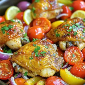 - 4 bone-in chicken thighs, skin-on - 2 tablespoons extra-virgin olive oil - 1 teaspoon sweet paprika - 1 teaspoon dried oregano - 1 teaspoon garlic powder - 1 cup cherry tomatoes, halved - 1 bell pepper, sliced (any color, such as red, yellow, or green) - 1 medium red onion, cut into wedges - 1 cup Kalamata olives, pitted and halved - Fresh parsley, finely chopped (for garnish) - Juice and zest of 1 large lemon - Salt and freshly cracked black pepper The key to this dish is using quality ingredients. The bone-in chicken thighs bring rich flavor and moisture. I prefer skin-on thighs because they crisp up nicely in the oven. The extra-virgin olive oil adds a fruity taste that enhances the dish. Sweet paprika and garlic powder lend warmth and depth. Dried oregano gives it that classic Mediterranean touch. For the veggies, I love using halved cherry tomatoes. They burst with juice as they roast. Sliced bell peppers add sweetness and color. The red onion caramelizes beautifully, giving a rich flavor contrast. Kalamata olives add briny goodness, making every bite exciting. Lemon juice and zest brighten the dish. They cut through the richness and tie all flavors together. Salt and freshly cracked black pepper are essential. They help to balance all the tastes in this vibrant meal. - Preheat your oven to 400°F (200°C). - In a large bowl, mix the olive oil, sweet paprika, dried oregano, garlic powder, salt, pepper, lemon juice, and zest. Whisk until smooth. - Add the chicken thighs to the marinade. Make sure each thigh is well coated. - Let the chicken marinate for at least 20 minutes. For better flavor, marinate overnight in the fridge. - Place the marinated chicken thighs skin-side up in an oven-safe skillet. - Add cherry tomatoes, bell pepper, onion wedges, and Kalamata olives around the chicken. - Pour any leftover marinade over the vegetables. - Roast everything in the oven for 35-40 minutes. The chicken is ready when it hits 165°F (75°C) and is golden brown. - Once cooked, take the pan out of the oven. Let the chicken rest for 5 minutes. - Sprinkle chopped parsley over the dish to add color. Serve the chicken hot with roasted veggies and olives. To get the best flavor, marinate your chicken thighs well. Use a big bowl for mixing. Combine olive oil, spices, salt, and lemon juice. Whisk until it’s smooth. Add the chicken and coat each piece. Let it sit for at least 20 minutes. For deeper taste, marinate overnight in the fridge. This helps the flavors soak in. For crispy skin, make sure you start with dry chicken. Pat it dry with paper towels before marinating. When cooking, place the chicken skin-side up in the skillet. The oven should be hot at 400°F (200°C). Roast for 35-40 minutes until golden brown. Use a meat thermometer to check. The chicken must reach 165°F (75°C) inside to be safe. Serving family-style makes it fun. Keep the chicken and veggies in the skillet. This way, everyone can help themselves. Add lemon wedges on the side. They brighten the dish and add extra zest. You can also sprinkle fresh parsley on top for color. This makes your meal look as good as it tastes. {{image_4}} You can switch up the veggies in this dish. Try using zucchini or asparagus for a fresh twist. Carrots can also add sweetness and color. If you're not in the mood for chicken, you can use bone-in pork chops or even firm tofu. Both options will soak up the flavors well. To kick up the flavor, consider adding spices like cumin or coriander. Fresh herbs, such as thyme or rosemary, can also brighten the dish. For marinades, mix in some yogurt or honey for a unique taste. You can even add a splash of balsamic vinegar for a tangy kick. This dish pairs well with fragrant rice or a light couscous salad. A crunchy green salad with lemon vinaigrette can balance the rich chicken. For wine, a chilled Sauvignon Blanc or a light Pinot Grigio complements the meal nicely. Both wines enhance the lemony notes in the chicken. After you enjoy your One-Pan Mediterranean Lemon Chicken Thighs, save any leftovers. Place the chicken and vegetables in an airtight container. This helps keep them fresh. Store in the fridge for up to three days. If you want to keep them longer, freezing is a great option. To reheat, I recommend using an oven or a skillet. Preheat your oven to 350°F (175°C). Place the chicken and veggies on a baking sheet. Heat for about 15-20 minutes. This keeps the chicken juicy and the skin crispy. If you use a skillet, heat on medium-low. Add a splash of water or broth to keep moisture. Stir gently to warm up. Yes, you can freeze this dish! To freeze, let the chicken and veggies cool completely. Place them in freezer-safe bags or containers. Make sure to remove as much air as possible. This helps prevent freezer burn. You can freeze for up to three months. When you’re ready to eat, thaw in the fridge overnight. Reheat as mentioned before for best flavor and texture. You should marinate chicken thighs for at least 20 minutes. For the best taste, let them sit overnight in the fridge. This time allows the flavors to soak in deeply. Yes, you can use boneless chicken thighs. They will cook faster, so reduce roasting time by about 10 minutes. Always check the internal temperature for safety. If you don’t have Kalamata olives, try green olives or black olives. Each type adds a unique taste, but they all work well in this dish. Check the internal temperature of the chicken thighs. They are done when they reach 165°F (75°C). The skin should also look crispy and golden brown. Yes, you can cook this dish in a slow cooker. Place the marinated chicken and vegetables in the slow cooker. Cook on low for 6-8 hours or on high for 3-4 hours. This recipe highlights simple, fresh ingredients, like chicken thighs and vibrant vegetables. You learned how to prepare, marinate, and roast your dish for perfect flavor. Remember to use fresh herbs and seasonings for a tasty finish. Feel free to mix in different veggies or proteins for variety. Whether you keep leftovers or serve it fresh, this dish will impress. Embrace these steps, and enjoy delicious meals that bring joy to your table!