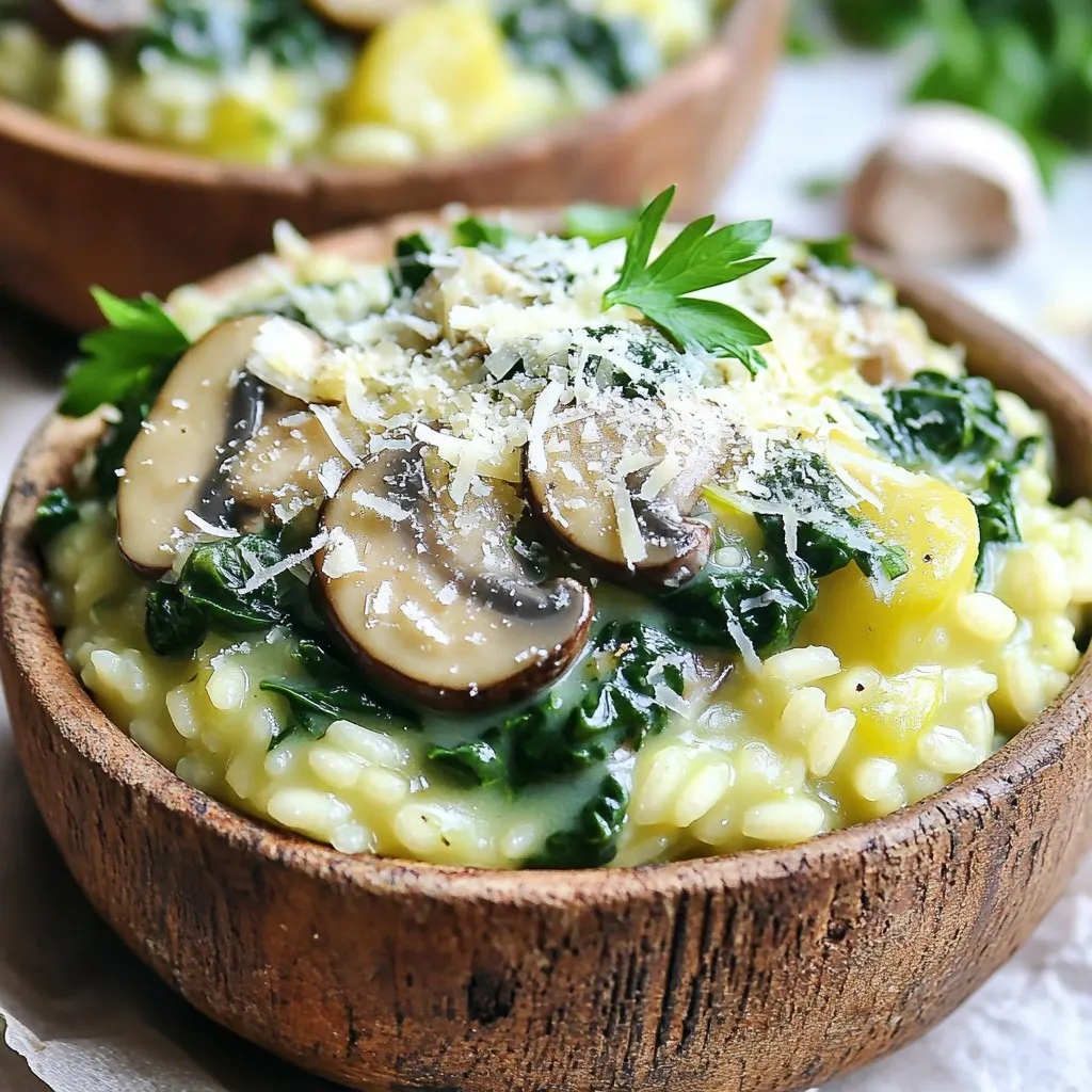 - 1 cup Arborio rice - 1 cup fresh mushrooms, sliced (cremini or shiitake for best flavor) - 2 cups fresh spinach, roughly chopped - 1 medium onion, finely diced - 2 cloves garlic, minced - 4 cups vegetable broth - 3 tablespoons olive oil - 1/2 cup grated Parmesan cheese (or nutritional yeast) - Salt and black pepper to taste Gather these ingredients to make a creamy delight. The Arborio rice is key. It gives the risotto its creamy texture. Fresh mushrooms add a rich, earthy flavor. I suggest cremini or shiitake for the best taste. Spinach brightens the dish and adds nutrients. The aromatics are crucial too. The onion gives a sweet base, while the garlic adds depth. Olive oil helps to sauté, bringing out all the flavors. Next, the vegetable broth is your liquid hero. It brings moisture and richness to the dish. The Parmesan cheese melts into the risotto. It adds a lovely creaminess and umami flavor. If you want a vegan option, use nutritional yeast instead. Lastly, don’t forget salt and black pepper. These are essential for balancing the flavors. - Start by heating 3 tablespoons of olive oil in a large pot over medium heat. - Add 1 medium onion, finely diced. Cook for about 5 minutes until it turns soft and clear. - Next, add 2 cloves of minced garlic and 1 cup of sliced mushrooms. Cook for 3-4 minutes until the mushrooms soften and smell great. - Now it's time to add 1 cup of Arborio rice to the pot. Stir well to coat each grain with oil. - Toast the rice for 1-2 minutes while stirring. This step adds a nice depth of flavor. - Gradually pour in 2 cups of vegetable broth. Let it simmer gently while you stir often. - After about 10 minutes, when most of the broth is absorbed, add more broth, one cup at a time. - Keep stirring as you add the remaining broth. This usually takes 20-25 minutes total. Stirring helps create the creamy texture we love. - When the rice is tender but still has a slight bite, fold in 2 cups of chopped spinach and 1/2 cup of grated Parmesan cheese. - Stir until the spinach wilts and the cheese melts. Taste your risotto and season with salt and black pepper as needed. - Finally, let your risotto rest for a couple of minutes. This helps it thicken and brings all the flavors together. To get that creamy risotto, stir often. Stirring helps release the starch from the rice. This starch is key for creaminess. When you add broth, let the rice soak it up fully. Wait until most of the liquid is gone before adding more. This will take about 20-25 minutes. Each cup of broth needs time for absorption. Want to boost the flavor? Try adding fresh herbs like thyme or basil. A pinch of nutmeg adds warmth too. If you want a vegan dish, use nutritional yeast instead of cheese. It gives a nice cheesy taste without dairy. You can also sprinkle in some red pepper flakes for heat. Serve your risotto in warm bowls for a cozy feel. A sprinkle of fresh parsley adds color. You can also top with extra Parmesan cheese for richness. For a fancy touch, drizzle a bit of olive oil on top. This gives a nice shine and depth to the dish. {{image_4}} For a vegan option, swap out the cheese for nutritional yeast. This gives a cheesy taste without using dairy. You can also change the broth to a vegan option, if needed. For those needing gluten-free meals, use gluten-free vegetable broth. It works well and keeps the dish tasty. You can use different types of mushrooms. Try portobello or oyster mushrooms for unique flavors. If you want to switch up the greens, kale or arugula can be great choices. They add a different taste and texture. Just chop them roughly and mix them in as you would with spinach. Want more protein? Add cooked chicken or tofu. They blend well with the risotto. You can also add other veggies like peas, bell peppers, or zucchini. Just chop them up and toss them in with the mushrooms for more color and flavor. To keep your leftover risotto fresh, store it in an airtight container. Let it cool first before sealing. This helps prevent bacteria growth. You can safely eat the risotto for up to three days. Be sure to check for any off smells or changes in color before reheating. If you want to freeze the risotto, place it in a freezer-safe container. Leave some space at the top, as it will expand. Risotto can last up to three months in the freezer. When you’re ready to eat it, let it thaw in the fridge overnight. This makes reheating easier and safer. You can reheat risotto on the stovetop or in the microwave. For the stovetop, add a splash of vegetable broth or water. Stir it often to help restore creaminess. For the microwave, place the risotto in a bowl with a little extra liquid. Heat in short bursts, stirring in between, until warm. This keeps your risotto from drying out. Cooking risotto takes about 30 to 40 minutes. Here’s how it breaks down: - Prep time: 10 minutes to gather and chop ingredients. - Cooking time: 20 to 30 minutes for stirring and adding broth. - Resting time: A couple of minutes to thicken. Yes, you can use different rice, but Arborio rice is best. It has a high starch content that makes risotto creamy. Other options include: - Carnaroli: Creamier than Arborio. - Vialone Nano: Absorbs liquid well and stays firm. - Short-grain rice: Will work, but results may vary. Mushroom spinach risotto pairs well with several dishes. Here are some ideas: - Green salad: A fresh, crisp salad adds a nice contrast. - Grilled chicken: This adds protein and balances flavors. - Garlic bread: Perfect for soaking up any extra sauce. - Roasted vegetables: Adds color and nutrients to your meal. This post explained how to make a tasty mushroom spinach risotto. We covered the key ingredients, like Arborio rice and fresh veggies. You learned easy steps to achieve perfect creaminess and how to add your own twist. Remember to try different mushrooms or greens for a fun touch. Proper storage and reheating keep your leftovers just as good. Enjoy cooking this dish and share your results!