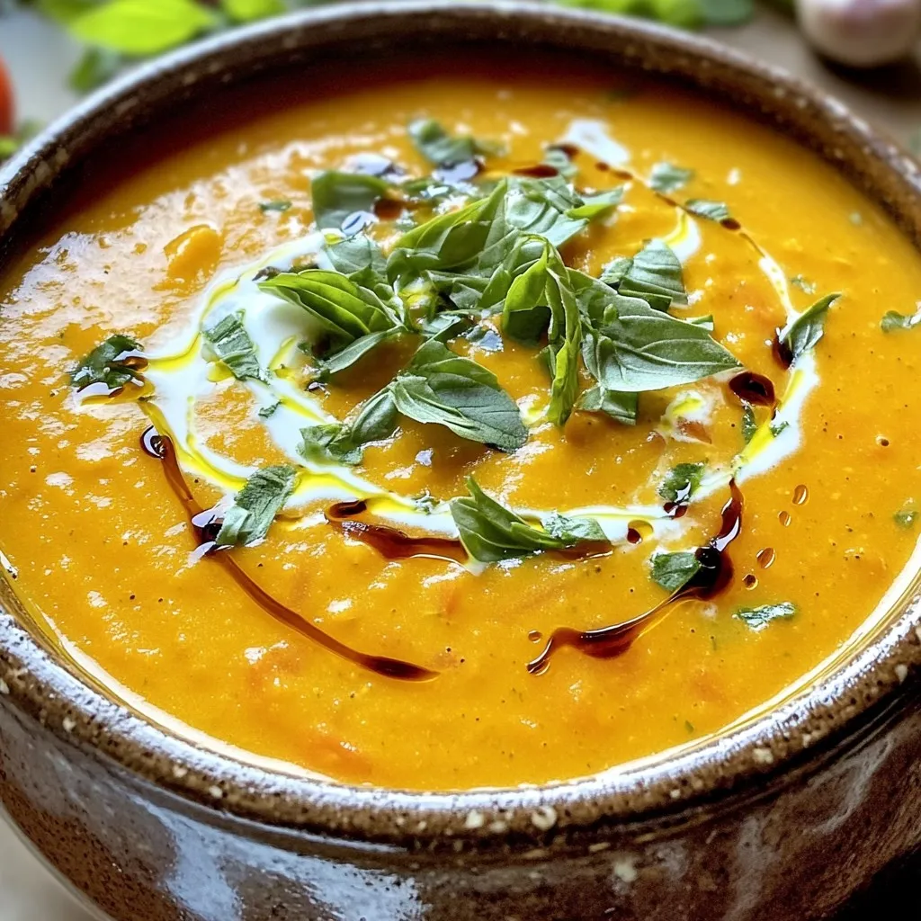 To make creamy roasted tomato basil soup, gather these ingredients: - 2 pounds ripe tomatoes, halved - 1 medium onion, coarsely chopped - 4 cloves garlic, peeled and left whole - 2 tablespoons olive oil - Salt and freshly ground black pepper, to taste - 1 teaspoon dried oregano - 2 cups vegetable broth, low sodium recommended - 1 cup heavy cream (or substitute with coconut cream for a lighter, dairy-free version) - 1/2 cup fresh basil leaves, roughly chopped - 1 tablespoon balsamic vinegar (optional for a hint of sweetness) You can make this soup fit your needs! Here are some easy swaps: - Dairy-Free: Use coconut cream instead of heavy cream. - Gluten-Free: This recipe is already gluten-free! - Low-Calorie: Use less cream or a lighter milk. - Herb Variations: Try using thyme or parsley if you don’t have basil. Fresh ingredients make a big difference in taste. Here’s why: - Flavor: Ripe tomatoes and fresh basil add rich flavors. - Nutrition: Fresh produce has more vitamins and nutrients. - Texture: Fresh veggies roast better, giving a nice base for the soup. Using fresh ingredients elevates your soup from good to great! Enjoy the journey of creating a warm and flavorful dish. First, set your oven to 400°F (200°C). This heat helps our soup’s flavors bloom. Next, grab a large baking sheet. Place the halved tomatoes, onion, and whole garlic cloves on it. Drizzle with olive oil for a rich taste. Add salt, pepper, and oregano to enhance the flavors. Toss gently so everything is covered. Roast these veggies for 30-35 minutes. Look for caramelized edges and soft onions. These signs mean they are ready! After roasting, let the vegetables cool for a few minutes. Transfer them to a blender with vegetable broth. Blend on high until it’s smooth and creamy. If needed, stop to scrape the sides. This ensures a perfect texture! Pour the blended mix into a medium saucepan over medium heat. Add the heavy cream, or coconut cream if you want a lighter soup. Stir well and warm until it gently simmers. Adjust the seasoning with salt and pepper to taste. Then, add the fresh basil and balsamic vinegar if you like a hint of sweetness. Cook for another 5 minutes to let the flavors blend. Serve the soup hot. For a beautiful touch, garnish with extra basil leaves or a drizzle of cream. It pairs wonderfully with crusty bread or a grilled cheese sandwich for a cozy meal! To get the best flavor, season your veggies well. Use good salt and fresh black pepper. I add dried oregano, but you can try thyme or basil, too. If you want a touch of sweetness, add balsamic vinegar. This really brings out the rich taste of the roasted tomatoes. Roasting is key for deep flavor. Preheat your oven to 400°F (200°C) to start. Spread the tomatoes, onion, and garlic evenly on the baking sheet. Make sure the cut sides of the tomatoes face up; this helps them caramelize. Roast until the edges are slightly charred. This usually takes about 30-35 minutes. For a creamy soup, blending is important. After roasting, let the veggies cool for a bit. Then, add them to your blender with the vegetable broth. Blend until it’s completely smooth. If you like a thicker soup, add less broth. Once blended, stir in the cream. This gives the soup a rich, velvety feel. {{image_4}} You can make this soup dairy-free by using coconut cream instead of heavy cream. It keeps the soup rich and creamy. Just swap the heavy cream with one cup of coconut cream. This version still delivers great taste. You can also use almond milk or cashew cream for a lighter option. Both will add a nice flavor without dairy. Want to make this soup more filling? Add protein like cooked chicken or white beans. For chicken, shred it and stir it in after blending the soup. If you choose white beans, add a cup to the blender with the vegetables. This will increase the protein while keeping the soup smooth and creamy. To boost the flavor, add spices like smoked paprika or red pepper flakes. Smoked paprika gives a warm, smoky taste. Just a teaspoon will do. Red pepper flakes add a nice kick. Start with a pinch, then adjust to your liking. You can also add fresh herbs like thyme or rosemary for more depth. These small changes can transform your soup into something special. After you enjoy your creamy roasted tomato basil soup, store any leftovers in an airtight container. Let the soup cool to room temperature before sealing it. Refrigerate the soup for up to three days. This keeps the flavors fresh while making it easy to reheat later. To reheat the soup, pour it into a saucepan. Heat it on medium-low heat, stirring often. This helps the soup warm evenly without burning. If the soup thickens, add a splash of vegetable broth or water. Stir until smooth and hot. You can also use a microwave; heat it in short bursts, stirring in between. If you want to save some soup for later, freezing is a great option. Let the soup cool completely, then pour it into freezer-safe bags or containers. Leave some space for expansion as it freezes. Label the bags with the date and freeze for up to three months. When you’re ready to enjoy it, thaw it overnight in the fridge and reheat as mentioned above. This way, you’ll always have a tasty meal on hand! Yes, you can use canned tomatoes. They work well for this soup. Choose whole or diced tomatoes for the best results. Drain excess liquid to avoid a watery soup. Roasting fresh tomatoes adds flavor, but canned tomatoes can save time. To spice up the soup, add red pepper flakes. You can also mix in diced jalapeños for a fresh kick. Another option is to include a dash of hot sauce while simmering. Taste as you go to find your perfect heat level. This soup pairs well with crusty bread or a grilled cheese sandwich. You can also enjoy it with a fresh salad or homemade croutons. For a gourmet touch, top with fresh basil or a swirl of cream before serving. In this post, we covered how to make creamy roasted tomato basil soup. We discussed the key ingredients and offered helpful substitutions. We went through step-by-step instructions, ensuring great flavor and texture. We also provided tips for storage and answered common questions. Use fresh ingredients for the best taste. Enjoy experimenting with variations, like dairy-free options. Your soup-making skills will shine as you create delicious meals. Happy cooking!