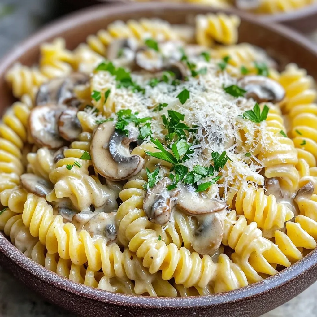 To make the creamy garlic mushroom pasta, you need a few simple ingredients. Here is the full list: - 12 oz fusilli pasta - 2 cups sliced mushrooms (either cremini or button) - 4 cloves garlic, finely minced - 1 medium onion, finely chopped - 1 cup vegetable broth - 1 cup heavy cream (or coconut cream for a vegan alternative) - 1 cup grated Parmesan cheese (or nutritional yeast for a vegan option) - 2 tablespoons olive oil - 1 teaspoon dried thyme - 1 teaspoon dried basil - Salt and freshly ground black pepper to taste - Fresh parsley, chopped (for garnish) Each ingredient plays a key role in the dish. The fusilli pasta has ridges that hold the creamy sauce well. Mushrooms add a rich and earthy flavor that pairs perfectly with garlic. Garlic and onion bring a strong base flavor that makes the dish so tasty. Vegetable broth adds depth to the sauce. Cream makes everything smooth and rich, while Parmesan cheese gives it that classic Italian touch. Seasonings like thyme and basil lift the whole dish, giving it an aromatic touch. Olive oil helps to cook the veggies and adds a nice sheen to the final dish. Finally, parsley garnishes the pasta, giving it color and fresh taste. With these ingredients, you can create a dish that delights the senses. You will love how they come together to create creamy garlic mushroom pasta. 1. Heat 2 tablespoons of olive oil in a large pot over medium heat. 2. Add 1 medium finely chopped onion. Sauté for about 3-4 minutes. The onion should become soft and clear. 3. Mix in 4 minced garlic cloves. Then, add 2 cups of sliced mushrooms. Cook for 5-7 minutes. Stir often until the mushrooms turn golden brown. You’ll smell a nice aroma! 1. Sprinkle in 1 teaspoon of dried thyme and 1 teaspoon of dried basil. 2. Season with salt and freshly ground black pepper. Taste as you go. This step builds the dish’s flavor. 3. Pour in 1 cup of vegetable broth. Raise the heat to bring it to a gentle simmer. 1. Add 12 oz of fusilli pasta to the pot. Make sure the pasta is fully submerged in the broth. 2. Check the package for cooking time. It usually takes about 10-12 minutes. Stir occasionally to stop it from sticking together. 1. Once the pasta is al dente, lower the heat. Gradually mix in 1 cup of heavy cream. 2. Add 1 cup of grated Parmesan cheese. Stir until the cheese melts. This makes the sauce creamy and rich. 3. If the sauce looks too thick, add a splash of broth or cream. Adjust the seasoning with salt and pepper to your taste. This simple method creates a rich and creamy garlic mushroom pasta that delights every time! To make your pasta creamy, adjust the broth or cream. If the sauce is too thick, add more broth. For a richer taste, use extra cream. Stir gently while cooking. This helps mix the flavors well. Timing is key; add cream at the end for the best texture. Fresh herbs add a bright taste. They can make your dish pop. Dried herbs work too but might not be as strong. You can also try cheese alternatives like nutritional yeast. This gives a nice flavor without dairy. Experiment with what you like best! Serve your creamy garlic mushroom pasta in wide, shallow bowls. This lets the sauce shine. Garnish with chopped parsley and grated cheese on top. It looks fancy and tastes great! Adding a sprinkle of black pepper can also enhance the look and taste. Enjoy your beautiful meal! {{image_4}} To make this dish vegan, swap out the cream and cheese. Use coconut cream instead of heavy cream. This keeps the dish nice and rich. For cheese, use nutritional yeast. It adds a cheesy flavor that makes the pasta taste great. You can add protein for a heartier meal. Sauté chicken until golden and mix it in. Chicken pairs well with the creamy sauce. Tofu is another great choice. For a seafood twist, consider shrimp. Just cook them until pink, then add them to the pasta. Boost the nutrition by adding greens. Spinach or kale are both good choices. They cook down nicely and add color. You can also mix in other vegetables. Think about bell peppers, zucchini, or peas. These veggies not only taste great but also add health benefits. To store your creamy garlic mushroom pasta, let it cool first. Place it in a container with a tight lid. This keeps it fresh. I recommend using glass containers or BPA-free plastic. Both are good choices for keeping your food safe. You can store it in the fridge for up to three days. When you reheat this dish, you want to keep it creamy. The best way is to warm it on the stove over low heat. Add a splash of broth or cream to help bring back the sauce. Stir it often to mix everything well. If it feels too thick, just add a bit more broth. This helps it stay smooth and tasty. You can freeze leftover pasta, but it may change in texture. If you want to freeze it, use a freezer-safe container. Leave some space at the top for the pasta to expand. You can freeze it for up to three months. When you’re ready to eat, thaw it in the fridge overnight. Reheat gently on the stove, adding liquid as needed to restore creaminess. Yes, you can use other types of pasta. Here are some good options: - Penne - Farfalle - Spaghetti - Rotini Each pasta shape brings a unique texture. Choose what you like best! To make this dish gluten-free, select a gluten-free pasta. Here are some great choices: - Brown rice pasta - Quinoa pasta - Chickpea pasta Always check the cooking time since gluten-free pasta cooks differently. If you want a lighter or dairy-free option, try these: - Coconut cream - Cashew cream - Almond milk with cornstarch These alternatives can still give you that creamy texture. To store leftovers, follow these tips: - Let the pasta cool completely. - Place it in an airtight container. - Store in the fridge for up to three days. For longer storage, freeze it in a freezer-safe container for up to two months. This blog post has covered a simple, delicious fusilli pasta dish. We discussed the key ingredients, from mushrooms to seasonings. I shared step-by-step instructions to help you make the creamy sauce. You learned useful tips for flavor and presentation. Lastly, I provided variations and storage tips to keep your dish fresh. Now you can enjoy this meal in many ways and make it your own. Happy cooking!