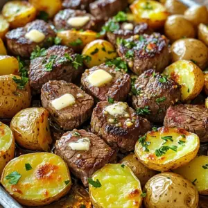 - 1 lb sirloin steak, cut into bite-sized pieces - 1 lb baby potatoes, halved - 4 tablespoons unsalted butter - 4 cloves garlic, minced - 1 teaspoon fresh rosemary, finely chopped (or ½ teaspoon dried) - 1 teaspoon fresh thyme, finely chopped (or ½ teaspoon dried) - Salt and pepper, to taste - 1 tablespoon olive oil - Fresh parsley, chopped, for garnish When I make Garlic Butter Steak Bites and Potatoes, I gather my main ingredients first. The sirloin steak is key because it is tender and flavorful. I cut it into bite-sized pieces for quick cooking. Next, I take baby potatoes. Halving them helps them cook evenly and soak up all the delicious butter and garlic. Butter is the star here. I use unsalted butter to control the salt. Garlic adds a sharp taste that blends perfectly with the butter. I always use fresh garlic for a great flavor boost. For seasoning, I rely on fresh herbs. Rosemary and thyme bring a lovely aroma. I also use salt and pepper to enhance the dish's flavor. I make sure to taste as I go. Finally, I add olive oil to the potatoes. It helps them roast nicely. When everything is ready, I finish with a sprinkle of fresh parsley. This adds color and a fresh taste to the dish. First, preheat your oven to 400°F (200°C). This will help the potatoes roast perfectly. Next, take 1 lb of baby potatoes and cut them in half. In a large bowl, toss the halved potatoes with 1 tablespoon of olive oil, salt, and pepper. Make sure they are well coated. Now, spread the potatoes out on a baking sheet in a single layer. This helps them cook evenly. Place the baking sheet in the oven and roast the potatoes for about 20-25 minutes. Stir them halfway through the cooking time to ensure they brown nicely. You want them to be fork-tender and golden brown when done. While the potatoes roast, it’s time to cook the steak bites. Heat a large skillet over medium-high heat. Add 4 tablespoons of unsalted butter and let it melt until it bubbles. Once the butter is bubbling, add 4 cloves of minced garlic to the skillet. Sauté the garlic for about 30 seconds. You want it to smell great, but don’t let it brown. Next, raise the heat to high and add 1 lb of sirloin steak, cut into bite-sized pieces. Season the steak with salt, pepper, 1 teaspoon of fresh rosemary, and 1 teaspoon of fresh thyme. Cook the steak for about 2-3 minutes on each side. This will give you a nice brown crust and a juicy inside. Cook it to your preferred doneness. Choosing the right cut of steak is key. I recommend using sirloin for its great taste and tenderness. Cut the steak into bite-sized pieces, about one inch thick. This size cooks evenly and stays juicy. When cooking steak, doneness matters. For medium-rare, aim for an internal temperature of about 130°F (54°C). For medium, go for 140°F (60°C). Use a meat thermometer for accuracy. Timing is everything when it comes to garlic. Sauté it in melted butter for about 30 seconds. Watch closely as you don’t want it to brown. Brown garlic can taste bitter. If you want to add more flavor, try using herbs. Fresh rosemary and thyme work well. You can also use dried versions if fresh ones aren't available. Just remember, dried herbs are stronger, so use less. For a family-style meal, use a large platter. Arrange the steak bites around the roasted potatoes. Drizzle any leftover garlic butter on top for extra flavor. Garnish with freshly chopped parsley. This adds color and freshness to your dish. You can also sprinkle some extra herbs for a beautiful finish. {{image_4}} You can switch the sirloin steak for other cuts. Flank steak or ribeye work well too. They each give a unique taste. If you prefer chicken, use boneless thighs or breasts. Pork tenderloin is another tasty choice. Just adjust cooking times to match the protein. Chicken and pork may take longer to cook. Adding veggies can make this dish more colorful and healthy. You can toss in seasonal veggies like bell peppers, zucchini, or asparagus. Cut them into similar sizes for even cooking. Roasting the vegetables along with the potatoes gives a nice crunch. Just remember to adjust the cooking time based on the veggies you choose. You don't have to stick with plain garlic butter. Try adding herbs like basil or oregano for a twist. You can also use flavored butters, like garlic herb or chili butter. Olive oil infused with garlic or spices can change the flavor too. Experimenting with different oils and spice blends can lead to new favorites! Store your garlic butter steak bites and potatoes in an airtight container. Let them cool to room temperature first. This helps keep flavors fresh. In the fridge, they last for about 3 days. If you notice any off smell or color, it’s best to toss them. To reheat, use a skillet over medium heat. Add a splash of water or broth if needed. Cover it to keep moisture in. Heat until warm, about 5-7 minutes. This method helps prevent dryness. You can also use the microwave. Just cover the plate and heat for 1-2 minutes. Stir halfway for even warming. Yes, you can freeze leftovers. Use a freezer-safe container. Wrap the food tightly to prevent freezer burn. They can stay in the freezer for up to 3 months. When ready to eat, thaw overnight in the fridge. To reheat, use the skillet method mentioned above for best results. To check if the steak is done, use a meat thermometer. Aim for 130°F for medium-rare and 145°F for medium. If you don’t have a thermometer, press the steak with your finger. A soft feel means it’s rare. A firmer feel means it’s medium. For well-done, it should feel very firm. Always let steak rest for a few minutes after cooking for juiciness. Yes, you can prepare parts of this dish ahead of time. Store cooked steak bites in an airtight container in the fridge for up to three days. For the potatoes, follow the same storage tips. When you want to eat, reheat everything in the oven. This keeps the steak tender and the potatoes crispy. This dish pairs well with many sides. Try a fresh green salad for crunch. Steamed broccoli adds a nice color and flavor. Garlic bread can be a tasty addition, too. For a light touch, serve with a simple cucumber salad. Each of these options creates a complete meal that everyone will love. This recipe for Garlic Butter Steak Bites and Baby Potatoes is simple and delicious. You start with quality ingredients like sirloin steak and fresh herbs. The step-by-step guide makes cooking easy, while tips enhance flavor and doneness. Variations let you experiment with proteins and veggies, keeping meals exciting. With proper storage, you can enjoy your leftovers for days. Following this recipe will impress family and friends. Happy cooking!