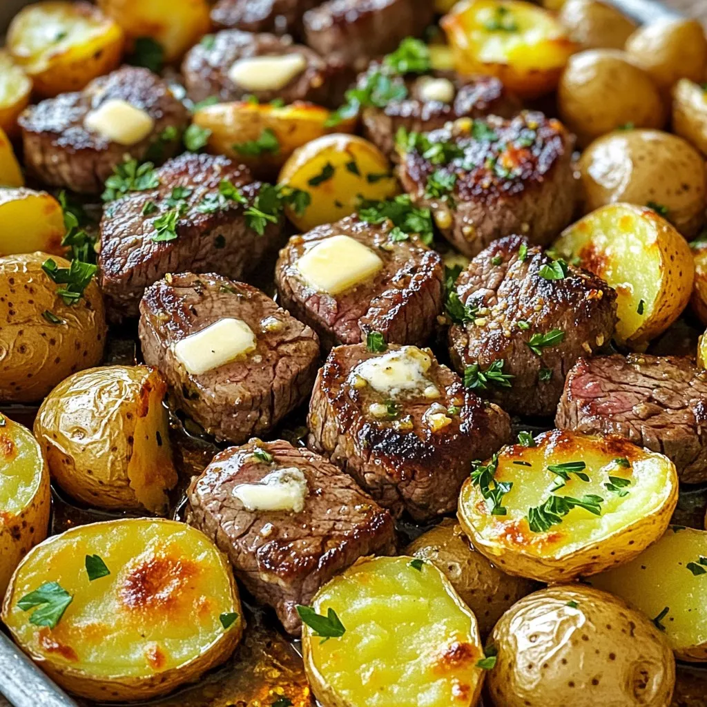 - 1 lb sirloin steak, cut into bite-sized pieces - 1 lb baby potatoes, halved - 4 tablespoons unsalted butter - 4 cloves garlic, minced - 1 teaspoon fresh rosemary, finely chopped (or ½ teaspoon dried) - 1 teaspoon fresh thyme, finely chopped (or ½ teaspoon dried) - Salt and pepper, to taste - 1 tablespoon olive oil - Fresh parsley, chopped, for garnish When I make Garlic Butter Steak Bites and Potatoes, I gather my main ingredients first. The sirloin steak is key because it is tender and flavorful. I cut it into bite-sized pieces for quick cooking. Next, I take baby potatoes. Halving them helps them cook evenly and soak up all the delicious butter and garlic. Butter is the star here. I use unsalted butter to control the salt. Garlic adds a sharp taste that blends perfectly with the butter. I always use fresh garlic for a great flavor boost. For seasoning, I rely on fresh herbs. Rosemary and thyme bring a lovely aroma. I also use salt and pepper to enhance the dish's flavor. I make sure to taste as I go. Finally, I add olive oil to the potatoes. It helps them roast nicely. When everything is ready, I finish with a sprinkle of fresh parsley. This adds color and a fresh taste to the dish. First, preheat your oven to 400°F (200°C). This will help the potatoes roast perfectly. Next, take 1 lb of baby potatoes and cut them in half. In a large bowl, toss the halved potatoes with 1 tablespoon of olive oil, salt, and pepper. Make sure they are well coated. Now, spread the potatoes out on a baking sheet in a single layer. This helps them cook evenly. Place the baking sheet in the oven and roast the potatoes for about 20-25 minutes. Stir them halfway through the cooking time to ensure they brown nicely. You want them to be fork-tender and golden brown when done. While the potatoes roast, it’s time to cook the steak bites. Heat a large skillet over medium-high heat. Add 4 tablespoons of unsalted butter and let it melt until it bubbles. Once the butter is bubbling, add 4 cloves of minced garlic to the skillet. Sauté the garlic for about 30 seconds. You want it to smell great, but don’t let it brown. Next, raise the heat to high and add 1 lb of sirloin steak, cut into bite-sized pieces. Season the steak with salt, pepper, 1 teaspoon of fresh rosemary, and 1 teaspoon of fresh thyme. Cook the steak for about 2-3 minutes on each side. This will give you a nice brown crust and a juicy inside. Cook it to your preferred doneness. Choosing the right cut of steak is key. I recommend using sirloin for its great taste and tenderness. Cut the steak into bite-sized pieces, about one inch thick. This size cooks evenly and stays juicy. When cooking steak, doneness matters. For medium-rare, aim for an internal temperature of about 130°F (54°C). For medium, go for 140°F (60°C). Use a meat thermometer for accuracy. Timing is everything when it comes to garlic. Sauté it in melted butter for about 30 seconds. Watch closely as you don’t want it to brown. Brown garlic can taste bitter. If you want to add more flavor, try using herbs. Fresh rosemary and thyme work well. You can also use dried versions if fresh ones aren't available. Just remember, dried herbs are stronger, so use less. For a family-style meal, use a large platter. Arrange the steak bites around the roasted potatoes. Drizzle any leftover garlic butter on top for extra flavor. Garnish with freshly chopped parsley. This adds color and freshness to your dish. You can also sprinkle some extra herbs for a beautiful finish. {{image_4}} You can switch the sirloin steak for other cuts. Flank steak or ribeye work well too. They each give a unique taste. If you prefer chicken, use boneless thighs or breasts. Pork tenderloin is another tasty choice. Just adjust cooking times to match the protein. Chicken and pork may take longer to cook. Adding veggies can make this dish more colorful and healthy. You can toss in seasonal veggies like bell peppers, zucchini, or asparagus. Cut them into similar sizes for even cooking. Roasting the vegetables along with the potatoes gives a nice crunch. Just remember to adjust the cooking time based on the veggies you choose. You don't have to stick with plain garlic butter. Try adding herbs like basil or oregano for a twist. You can also use flavored butters, like garlic herb or chili butter. Olive oil infused with garlic or spices can change the flavor too. Experimenting with different oils and spice blends can lead to new favorites! Store your garlic butter steak bites and potatoes in an airtight container. Let them cool to room temperature first. This helps keep flavors fresh. In the fridge, they last for about 3 days. If you notice any off smell or color, it’s best to toss them. To reheat, use a skillet over medium heat. Add a splash of water or broth if needed. Cover it to keep moisture in. Heat until warm, about 5-7 minutes. This method helps prevent dryness. You can also use the microwave. Just cover the plate and heat for 1-2 minutes. Stir halfway for even warming. Yes, you can freeze leftovers. Use a freezer-safe container. Wrap the food tightly to prevent freezer burn. They can stay in the freezer for up to 3 months. When ready to eat, thaw overnight in the fridge. To reheat, use the skillet method mentioned above for best results. To check if the steak is done, use a meat thermometer. Aim for 130°F for medium-rare and 145°F for medium. If you don’t have a thermometer, press the steak with your finger. A soft feel means it’s rare. A firmer feel means it’s medium. For well-done, it should feel very firm. Always let steak rest for a few minutes after cooking for juiciness. Yes, you can prepare parts of this dish ahead of time. Store cooked steak bites in an airtight container in the fridge for up to three days. For the potatoes, follow the same storage tips. When you want to eat, reheat everything in the oven. This keeps the steak tender and the potatoes crispy. This dish pairs well with many sides. Try a fresh green salad for crunch. Steamed broccoli adds a nice color and flavor. Garlic bread can be a tasty addition, too. For a light touch, serve with a simple cucumber salad. Each of these options creates a complete meal that everyone will love. This recipe for Garlic Butter Steak Bites and Baby Potatoes is simple and delicious. You start with quality ingredients like sirloin steak and fresh herbs. The step-by-step guide makes cooking easy, while tips enhance flavor and doneness. Variations let you experiment with proteins and veggies, keeping meals exciting. With proper storage, you can enjoy your leftovers for days. Following this recipe will impress family and friends. Happy cooking!