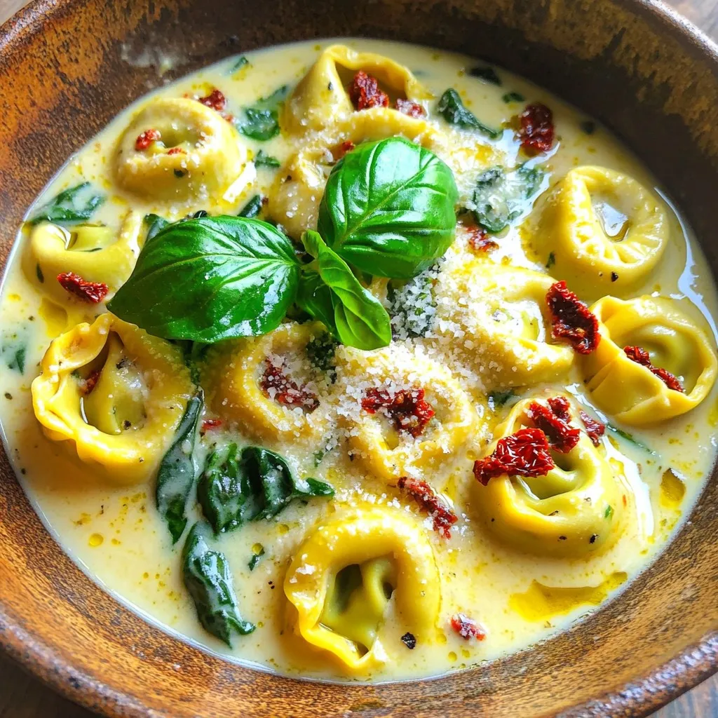 - 1 package (9 oz) cheese tortellini - 1 cup fresh spinach, roughly chopped - ½ cup sun-dried tomatoes, finely chopped (preferably oil-packed for extra flavor) - 2 cloves garlic, minced - ½ cup heavy cream Cheese tortellini brings a creamy, cheesy base to the dish. I love the rich flavor it adds. Fresh spinach gives a nice crunch and color. Sun-dried tomatoes add a sweet, tangy taste that brightens every bite. Garlic enhances the overall flavor with its savory notes. Heavy cream makes the sauce rich and smooth. - 2 tablespoons extra-virgin olive oil - ½ cup freshly grated Parmesan cheese - Salt and freshly ground black pepper, to taste - Crushed red pepper flakes (optional, for a touch of heat) Extra-virgin olive oil adds depth and richness to the sauce. Parmesan cheese introduces a salty, nutty flavor that ties the dish together. Seasoning is key; salt and pepper balance all the flavors. If you like spice, crushed red pepper flakes are a great choice! - Fresh basil leaves Fresh basil leaves are perfect for garnish. They add color and a fresh, aromatic touch. Plus, they enhance the overall flavor profile. Just sprinkle them on top before serving for that finishing touch. Enjoy the burst of flavor they bring! To start, fill a large pot with water. Add a good amount of salt. Bring this to a rolling boil. Carefully add the cheese tortellini. Cook it according to the package instructions until it is al dente. Before draining, reserve ½ cup of the pasta cooking water. This water helps make your sauce creamy later. After cooking, drain the tortellini and set it aside. Next, heat two tablespoons of extra-virgin olive oil in a large skillet over medium heat. When the oil is hot, add minced garlic. Sauté for about one minute, stirring it often. The garlic should smell nice and fragrant. Now, add the roughly chopped spinach. Cook it until it wilts and becomes tender, which takes about two to three minutes. Now it's time to add flavor. Stir in the finely chopped sun-dried tomatoes. Mix them well with the spinach and garlic for about two minutes. This step brings out their rich taste. Then, pour in the heavy cream. Stir it gently to blend everything. Bring this mixture to a light simmer. Gradually add the reserved pasta water, mixing it until the sauce is as thick as you like. Finally, add the drained tortellini to the skillet. Toss it carefully to coat each piece with the creamy sauce. Then, sprinkle in the freshly grated Parmesan cheese. Stir until it melts into the sauce. This adds a rich flavor. Taste the dish and adjust the seasoning. Add salt, black pepper, and if you like heat, a pinch of crushed red pepper flakes. To make the cream sauce just right, start by adjusting the thickness with pasta water. Reserve half a cup of the water before draining your tortellini. This starchy water helps the sauce cling to the pasta. If the sauce feels too thick, add a little water at a time to reach your desired consistency. Next, ensure a creamy texture by using fresh cheese. Grate Parmesan cheese just before adding it. Fresh cheese melts better, giving you a rich and smooth sauce. Stir it in while the sauce is warm. This helps it blend well and coat the tortellini perfectly. For the best flavor, use oil-packed sun-dried tomatoes. They are packed with taste and add a lovely richness to the dish. Chop them finely to let the flavor spread throughout the sauce. The oil from these tomatoes also adds depth and a silky texture. If you like a little heat, add crushed red pepper flakes. A pinch goes a long way in making your dish pop. Stir them in when you add the cream for a gentle warmth that balances the richness of the sauce. For a beautiful presentation, serve the tortellini in a shallow bowl. Drizzle a bit of extra-virgin olive oil on top for shine and flavor. A light sprinkle of extra Parmesan cheese adds a nice touch, too. Pair your tortellini with crusty bread. This not only complements the dish, but it also gives a wonderful texture contrast. Enjoy the meal with friends or family for a delightful dining experience! {{image_4}} Adding chicken or shrimp can boost the protein in this dish. For chicken, use grilled or sautéed pieces. Cook them until golden and mix them in at the end. For shrimp, cook them in the skillet first, then add the spinach and sun-dried tomatoes. This gives the dish a nice seafood twist. If you want a vegetarian option, skip the meat. You can add extra cheese or beans for protein. Chickpeas work well and add great texture to the meal. You can switch up the veggies based on what is in season. Zucchini or bell peppers add a fresh crunch. Just chop them and sauté with garlic and spinach. For greens, kale or Swiss chard can replace spinach. They add a hearty feel to the dish. Mushrooms are also a great choice. Their umami flavor pairs well with the sun-dried tomatoes. For a vegan option, use coconut cream or cashew cream instead of heavy cream. This keeps the dish creamy while making it plant-based. You can also play with sauces. Pesto adds a fresh, herby flavor. Tomato sauce gives a richer taste. Mix and match to see what you like best! To keep your Sun-Dried Tomato Spinach Tortellini fresh, store it in the fridge. Place it in an airtight container to reduce air exposure. This helps maintain flavor and texture. It will last about 3 to 5 days in the fridge. Be sure to let it cool before sealing the container. If you want to save some for later, freezing is a great option. First, let the dish cool completely. Then, scoop the tortellini into freezer-safe bags or airtight containers. When ready to eat, thaw it in the fridge overnight. When reheating, add a splash of cream or pasta water. This keeps the sauce creamy and avoids dryness. For storage, choose containers that seal well, like glass or BPA-free plastic. These keep the food fresh and safe. Label each container with the date. This helps you track how long it has been stored. Knowing the date also makes meal planning easier. To cook tortellini perfectly, start with a large pot of salted water. Bring it to a rolling boil. Add the cheese tortellini and cook as the package directs. I recommend cooking until the tortellini is al dente. This means it should be tender but still firm when bitten. Before draining, save about ½ cup of the pasta water. This water helps adjust the sauce later for the right consistency. Yes, you can make Sun-Dried Tomato Spinach Tortellini ahead of time. Cook the tortellini and prepare the sauce as usual. After mixing everything, let it cool. Store it in an airtight container in the fridge for up to three days. To reheat, warm it gently on the stove. Add a splash of reserved pasta water to keep it creamy. If you need to substitute heavy cream, you have a few options. Half-and-half works well if you want a lighter sauce. For a dairy-free option, use coconut milk or cashew cream. Each substitute changes the flavor slightly, so choose one that fits your taste. Don't forget to adjust seasoning if needed. Yes, you can use frozen tortellini. There’s no need to thaw it first. Just add the frozen tortellini directly to boiling water. Cook it for a few extra minutes compared to fresh tortellini. Keep an eye on it to avoid overcooking. The final dish will still be delicious and creamy! This blog post shared a simple recipe for Sun-Dried Tomato Spinach Tortellini. We went over the key ingredients, like cheese tortellini, fresh spinach, and garlic. I guided you through the steps to create a creamy sauce and combine everything perfectly. Remember, you can customize the dish with different proteins or veggies, and I provided tips for storage too. Enjoy your cooking, and let your kitchen be the heart of delicious meals!