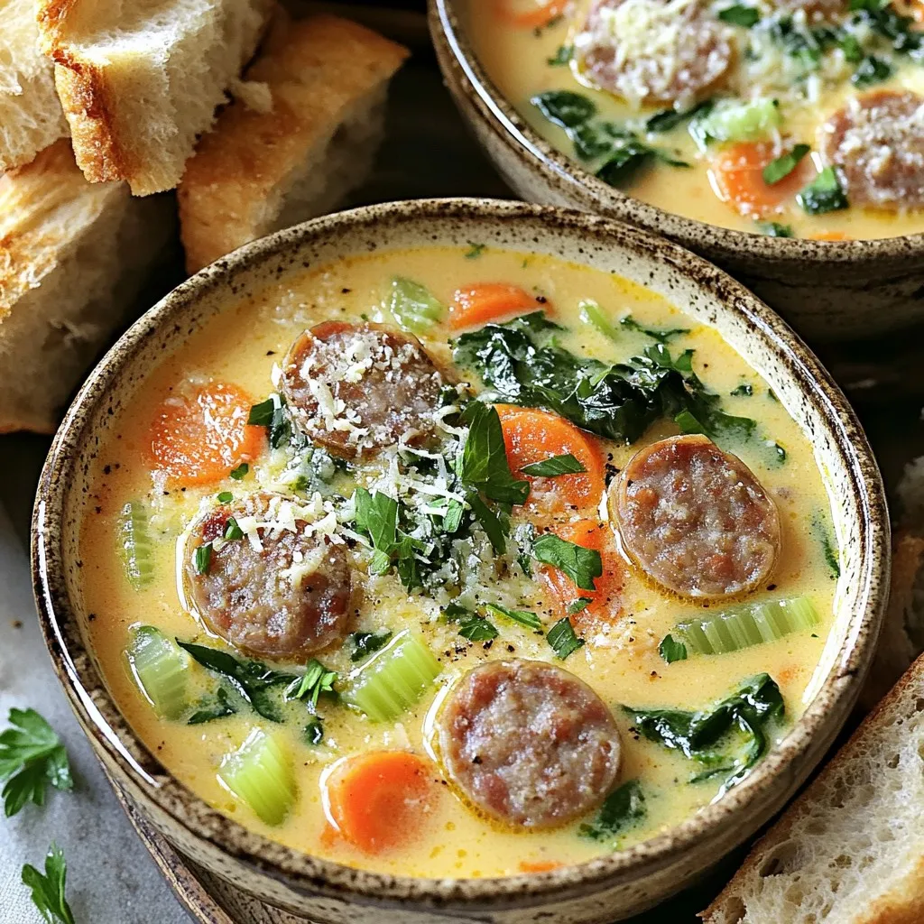 To make this soup, you will need: - 1 pound Italian sausage (mild or spicy) - 1 medium onion, finely chopped - 3 cloves garlic, minced - 3 medium carrots, peeled and sliced - 3 celery stalks, diced - 4 cups low-sodium chicken broth - 1 can (14.5 oz) diced tomatoes, undrained - 1 teaspoon Italian seasoning blend - 1/2 teaspoon red pepper flakes (optional) - 2 cups fresh baby spinach, roughly chopped - 1 cup heavy cream - Salt and freshly ground black pepper to taste - Fresh parsley, chopped (for garnish) These ingredients create a rich and satisfying base for the soup. The Italian sausage adds depth, while the fresh vegetables bring balance. You can enhance the soup's taste with: - A squeeze of lemon juice for brightness - A dash of Worcestershire sauce for umami - Grated Parmesan cheese for serving These additions can take your soup to the next level. They add layers of flavor that elevate each bite. When choosing ingredients, look for: - Fresh Italian sausage from a trusted butcher or store - Organic vegetables for better taste and quality - Low-sodium chicken broth to control salt levels Always check the freshness dates on packaged items. Quality ingredients will make your soup shine and ensure a delicious result. Start by heating a large skillet over medium heat. Add 1 pound of Italian sausage to the pan. Use a wooden spoon to break the sausage into smaller pieces. Cook it for about 5 to 7 minutes until it turns brown and no longer pink. This step helps build flavor. Once cooked, drain any extra fat from the sausage. Now, transfer it to your slow cooker. Next, in the same skillet, add the onion, garlic, carrots, and celery. You will need 1 finely chopped onion, 3 minced garlic cloves, 3 sliced carrots, and 3 diced celery stalks. Sauté these veggies for 3 to 4 minutes. Stir often until the onion looks soft and clear. This softening brings out the natural sweetness. After that, add the sautéed mix to the slow cooker with the sausage. Now, it's time to add the rest of the ingredients. Pour 4 cups of low-sodium chicken broth into the slow cooker. Next, add 1 can of undrained diced tomatoes. Sprinkle in 1 teaspoon of Italian seasoning and, if you want a little heat, 1/2 teaspoon of red pepper flakes. Stir everything well to mix it together. This mix will be the base of your soup. Cover the slow cooker with its lid. You can cook the soup on low for 6 to 7 hours. If you are short on time, you can also use the high setting for 3 to 4 hours. This slow cooking allows all the flavors to blend beautifully. About 30 minutes before you serve, stir in 2 cups of roughly chopped fresh baby spinach and pour in 1 cup of heavy cream. Cover the slow cooker again until the spinach wilts and the soup heats up. Before serving, taste the soup. Adjust with salt and freshly ground black pepper to your liking. This simple step ensures the soup is full of flavor. Enjoy your creamy, savory Tuscan sausage soup! To boost the taste of your soup, try these tips: - Use fresh herbs: Add fresh basil or thyme for a bright flavor. - Add lemon juice: A squeeze of lemon gives a nice zing that brightens the dish. - Experiment with spices: Try adding smoked paprika or a dash of cayenne for warmth. - Layer flavors: Sauté your veggies before adding them to the slow cooker. This brings out their natural sweetness. Here are some common pitfalls to watch out for: - Skipping the browning step: Browning the sausage adds rich flavor. Don’t rush this step. - Overcooking spinach: Add spinach near the end to keep it vibrant and fresh. - Not seasoning enough: Always taste before serving. Adjust salt and pepper to your liking. - Using low-quality broth: A good broth is key. Go for low-sodium options to control the salt. To make your meal even better, consider these pairings: - Serve with crusty bread: A warm, crusty loaf is perfect for dipping. - Add a side salad: A fresh salad balances the soup's richness. - Top with cheese: Grate some Parmesan over your bowl for added flavor. - Pair with wine: A light white wine, like Pinot Grigio, complements the dish nicely. These tips will help you create a creamy Tuscan sausage soup that stands out and delights the taste buds! {{image_4}} You can switch the Italian sausage for turkey or chicken sausage. These options reduce fat but keep flavor. Cook them the same way you would with pork sausage. Ground turkey or chicken works best. Both give a lighter taste, but they still pair well with spices and veggies. For a vegetarian soup, replace the sausage with hearty vegetables or legumes. Try using mushrooms, lentils, or chickpeas for protein. Instead of heavy cream, use coconut milk or cashew cream for richness. This keeps the soup creamy while making it plant-based. Feel free to experiment with herbs and spices. You can add basil or thyme for extra depth. A splash of lemon juice brightens the flavors. For a spicy kick, try adding more red pepper flakes. Each change can create a new taste experience, making this soup fun to customize. After enjoying your delicious soup, store any leftovers in an airtight container. Let the soup cool to room temperature first. This helps keep your soup fresh and prevents sogginess. Place it in the fridge if you plan to eat it within a few days. Consume it within 3-4 days for the best taste. When reheating your soup, do it slowly on the stove. Pour the soup into a pot and heat it over medium-low heat. Stir occasionally to prevent sticking. If you prefer the microwave, use a microwave-safe bowl. Heat in short bursts of 1-2 minutes, stirring in between. This method helps keep the flavors balanced and the cream smooth. If you want to freeze your soup, do so before adding the cream and spinach. This step helps maintain the soup's texture. Use a freezer-safe container, leaving some space for expansion. When you're ready to enjoy it, thaw the soup in the fridge overnight. Reheat it gently on the stove and add cream and spinach before serving. Enjoy your hearty soup at a later date! Yes, you can make this soup ahead of time. Cook it as directed and let it cool. Store it in an airtight container in the fridge for up to three days. The flavors will deepen as it sits. When ready to serve, reheat it gently on the stove or in the microwave. If your soup is too watery, there are a few quick fixes. You can blend a portion of the soup with an immersion blender. This will create a creamy texture. Another option is to add a cornstarch slurry. Mix one tablespoon of cornstarch with two tablespoons of water. Stir this into the soup, then cook for a few more minutes. You have several tasty options to replace heavy cream. A good choice is full-fat coconut milk if you want a dairy-free version. You can also use half-and-half for a lighter option. Greek yogurt adds creaminess too, but stir it in just before serving to avoid curdling. This blog post covered how to make Slow Cooker Creamy Tuscan Sausage Soup. We explored essential and optional ingredients, giving you tips on choosing the best ones. I shared easy steps on preparation, cooking, and ways to enhance flavor. We also discussed variations and storage tips. In closing, I hope you feel ready to create a warm and tasty soup that suits your taste. Enjoy cooking and sharing this meal with loved ones!