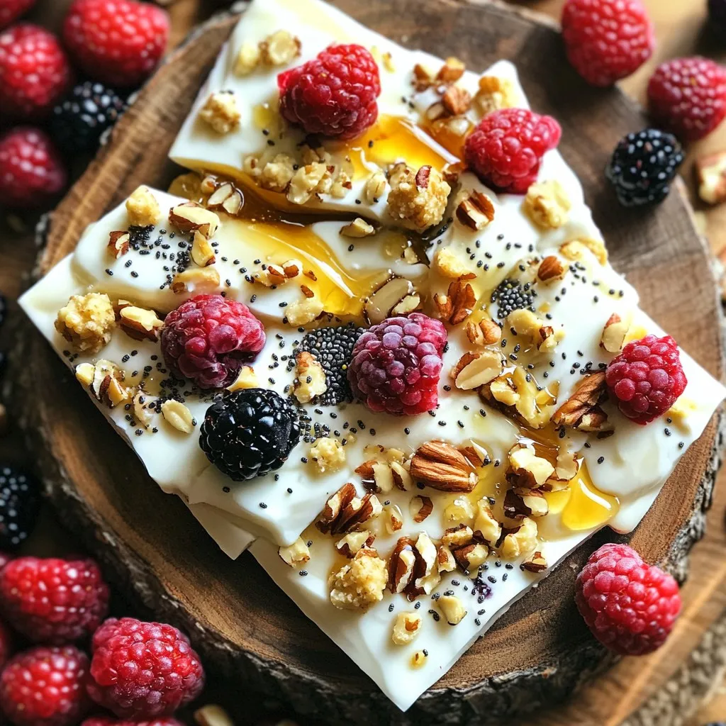 - 2 cups Greek yogurt (plain, choose non-fat or low-fat based on preference) - 1/4 cup honey or maple syrup (for natural sweetness) - 1/2 teaspoon vanilla extract (for flavor depth) - 1/2 cup mixed berries (choose a vibrant mix of strawberries, blueberries, and raspberries) - 1/4 cup chopped nuts (options include almonds, walnuts, or pistachios for crunch) - 2 tablespoons chia seeds (for added nutrition and texture) - Additional sweeteners (if you want it sweeter) - Other nut varieties (try pecans or hazelnuts) - Flavor variations (e.g., cinnamon or cocoa for extra taste) The main ingredients make a creamy base. Greek yogurt packs protein and flavor. Sweeteners like honey or maple syrup balance the tartness. Vanilla extract adds a nice touch. Toppings bring this dish to life. Mixed berries give color and vitamins. Nuts add crunch and healthy fats. Chia seeds boost nutrition and provide texture. Optional add-ins let you get creative. Sweeteners can adjust the taste. Different nuts can change the texture. Flavor variations can make each batch unique. Start by mixing the Greek yogurt with your sweetener. You can use honey or maple syrup, depending on your taste. Add 1/2 teaspoon of vanilla extract for a nice flavor. Don’t forget a pinch of fine sea salt to bring out the taste. Using a whisk or spatula, blend everything well. The goal is a smooth, lump-free mixture. This takes just a few minutes. Next, line a baking sheet with parchment paper. Make sure the edges are fully covered. Pour the yogurt mixture onto the sheet. Use a spatula to spread it evenly. Aim for a thickness of about 1/2 inch. This thickness helps it freeze well. Once you spread it, it’s time to freeze. Place the baking sheet in the freezer for at least 4 hours. You want the yogurt to be solid and firm to the touch. After the yogurt is frozen, it’s time for toppings. Evenly distribute mixed berries, chopped nuts, and chia seeds over the yogurt. Use strawberries, blueberries, and raspberries for a colorful mix. Press each topping down gently into the yogurt. This helps them stick during freezing, adding great texture to every bite. Greek yogurt packs a punch with protein. Each serving has about 20 grams of protein. This helps you feel full and keeps your energy up. Greek yogurt also has probiotics. These good bacteria help your gut stay healthy. A healthy gut can improve digestion and even boost your mood. Adding berries to your bark gives it a vibrant touch. Berries are rich in antioxidants. These help fight free radicals in your body. They also provide vitamins and fiber. Chopped nuts add a nice crunch and healthy fats. Nuts help you feel full and support heart health. Chia seeds are tiny but mighty. They are full of omega-3 fatty acids, which are great for your heart. These healthy fats can lower bad cholesterol levels. Chia seeds also offer a lot of fiber. Fiber helps with digestion and keeps you feeling satisfied longer. Plus, they absorb water, which can help keep you hydrated. {{image_4}} You can make your breakfast bark special. Choose different fruits or nuts to match your taste. Try bananas, mangoes, or even kiwi. For nuts, consider pecans or hazelnuts. Each choice adds unique flavor and texture. Adjust the sweetness to your liking. If you want it less sweet, use less honey or maple syrup. You can add cinnamon for a warm taste. This makes your bark even more enjoyable. Freezing your bark is easy. First, spread the yogurt in a thin layer. This helps it freeze evenly. Use parchment paper to avoid sticking. To store, place the pieces in an airtight container. Make sure to separate layers with parchment paper. This keeps them from sticking together. Your bark will stay fresh for up to two weeks in the freezer. Serving your breakfast bark can be fun. Cut it into squares for easy sharing. You can also break it into rustic pieces for a casual look. Pair your bark with drinks like smoothies or coffee. Fresh fruit on the side adds color and taste. For a special touch, serve on a wooden platter. Add extra berries for a vibrant display. Chocolate Greek Yogurt Bark You can turn your bark into a chocolate treat. Use cocoa powder in your yogurt mix. Add dark chocolate chips for extra richness. This version is perfect for chocolate lovers. Tropical Fruit Version Want a taste of the tropics? Try using pineapple, mango, and coconut flakes. These flavors create a fresh and bright breakfast bark. You’ll feel like you’re on a beach getaway with each bite. Vegan substitutions If you want a vegan option, use plant-based yogurt. Almond or coconut yogurt works well. Swap honey for agave syrup or maple syrup. This keeps your bark sweet and dairy-free. Nut-free options For those with nut allergies, leave out the nuts. You can use seeds like pumpkin or sunflower seeds instead. They add crunch without the risk of allergies. Holiday-inspired toppings Add festive colors with holiday toppings. Use red and green fruits like pomegranate and kiwi for Christmas. You can also sprinkle on edible glitter for a fun touch. Seasonal fruit variations Change your fruit based on the season. In spring, use strawberries and raspberries. In fall, apples and pears add a cozy feel. Adjusting your toppings keeps things fresh and exciting. You can store the breakfast bark in the freezer for up to two weeks. To keep it fresh, use an airtight container. This way, you can enjoy a quick snack anytime! Yes, you can make this recipe dairy-free! Use coconut yogurt or almond yogurt instead of Greek yogurt. These options still give you a creamy texture and great taste. Serve the breakfast bark on a wooden platter for a lovely look. Add some extra fresh berries on the side. This adds color and makes your dish pop! Absolutely! This breakfast bark is perfect for meal prep. You can make it ahead of time and store it. Just cut it into pieces and keep it in the freezer for busy mornings. Enjoying a healthy breakfast has never been easier! This blog post showed you how to make delicious Greek yogurt bark. We explored key ingredients like Greek yogurt, honey, and mixed berries. I shared steps for mixing, spreading, and topping your bark. We also covered the health benefits from yogurt, berries, and nuts. With tips for customization and freezing, you can make this treat your own. Enjoy this snack any time of year by trying different flavors or seasonal toppings. Now, you have the tools to create a tasty, healthy treat!