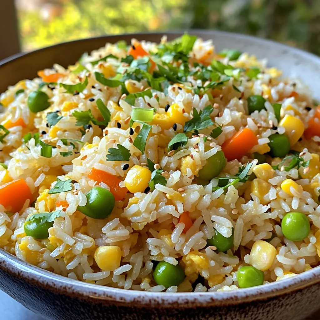 - 3 cups cooked jasmine rice (day-old preferred for optimal texture) - 4 tablespoons unsalted butter - 4 cloves garlic, minced finely - 1 small onion, diced into small pieces - 1 cup mixed vegetables (a colorful mix of diced carrots, peas, and corn) - 3 tablespoons soy sauce (adjust to taste) - 1 teaspoon sesame oil (for a nutty essence) - 1 teaspoon freshly ground black pepper - Salt to taste - 2 green onions, sliced diagonally - Fresh cilantro, coarsely chopped for garnish (optional) You need a few simple ingredients to make this dish shine. Start with jasmine rice. I recommend using day-old rice for the best texture. Fresh rice can be too sticky. Next, butter is key for that rich flavor. Use unsalted butter to control the salt. Garlic packs a punch in this recipe. Use fresh cloves for the best taste. Onions add sweetness and depth. You can use any mixed vegetables you like. Carrots, peas, and corn work well together. For seasoning, soy sauce gives a savory kick. Adjust it to your taste. Sesame oil adds a nice nutty flavor. Black pepper adds warmth. Don't forget salt to bring everything together. For the finishing touch, sprinkle sliced green onions and fresh cilantro on top. They add color and freshness. Enjoy your cooking! - Cook the jasmine rice: Use day-old rice for the best texture. Fresh rice can be too sticky. - Dice the onion: Cut it into small pieces to help it cook quickly. - Chop the vegetables: Use a mix of diced carrots, peas, and corn for color and taste. - Sauté onions and garlic: Heat a large non-stick skillet or wok over medium heat. Add 2 tablespoons of unsalted butter. Let it melt, then add the diced onion. Cook for 2-3 minutes until it becomes translucent. Then, add 4 cloves of minced garlic. Cook for 30 seconds, stirring constantly. - Stir-fry mixed vegetables: Add 1 cup of mixed vegetables to the skillet. Stir-fry for 3-4 minutes until they are tender but still colorful. - Fry the rice and combine ingredients: Push the vegetable mixture to one side of the skillet. Add the remaining 2 tablespoons of butter to the empty side. Let it melt, then add 3 cups of cooked jasmine rice. Fry the rice for 2-3 minutes without stirring. This gives it a crispy texture. Mix everything together well. - Add seasoning and garnish: Drizzle 3 tablespoons of soy sauce and 1 teaspoon of sesame oil over the rice. Add 1 teaspoon of ground black pepper and salt to taste. Stir well to combine everything. - Serve beautifully: Spoon the fried rice into a bowl or platter. Garnish with sliced green onions and fresh cilantro. A drizzle of sesame oil adds a tasty finishing touch. Enjoy your meal! Using day-old rice is key. Fresh rice has too much moisture. Day-old rice is drier and easier to fry. It helps create that nice, crispy texture. When frying, spread the rice evenly in the pan. Let it sit without stirring for a few minutes. This step gives your rice a golden brown crust. For garlic and onions, heat your pan well. A hot pan helps to release their flavors. Start with the onions; they take longer to cook. Sauté them until they turn clear. Then, add garlic but watch it closely. It cooks quickly and can burn fast. For veggies, keep them colorful. Stir-fry them until they’re bright and tender. This keeps the nutrients intact and makes your dish pop. Soy sauce can be adjusted to your taste. If you like it saltier, add more. But, start with a small amount. You can always add more later. For extra flavor, consider garnishes. Fresh cilantro adds a nice touch. Green onions also bring brightness to the dish. A drizzle of sesame oil before serving gives a nutty finish. Enjoy experimenting with flavors! {{image_4}} You can make your garlic butter fried rice more filling by adding protein. Chicken, shrimp, or tofu all work great. - Chicken: Cook diced chicken in the skillet first until golden. - Shrimp: Add shrimp after the garlic and onion, cooking until they turn pink. - Tofu: Cube firm tofu and sauté it with the mixed vegetables. Cooking meat with vegetables adds flavor and texture. This makes the dish hearty and satisfying. Changing up the veggies keeps your dish fresh and exciting. Use colorful options like bell peppers, broccoli, or snap peas. - Bell Peppers: These add a sweet crunch and bright color. - Broccoli: This veggie gives a great bite and adds nutrients. - Snap Peas: Their sweetness and crispness enhance the dish. Seasonal vegetables are also a great choice. Use what’s fresh to add variety and flavor. If you want to change the taste, try adding different spices or herbs. A pinch of red pepper flakes gives a nice kick. - Cilantro: Fresh cilantro can add a burst of flavor. - Green Onions: Use them as a topping for a fresh touch. You can also swap sauces for a unique flavor profile. Try teriyaki sauce or hoisin sauce for something different. This lets you personalize your fried rice based on what you love! To store leftover fried rice, place it in an airtight container. This keeps it fresh for the next meal. Let the rice cool first to avoid extra moisture. Always use it within three to four days. For reheating, use a skillet over medium heat. Add a splash of water or broth to help it steam. Stir occasionally for even heating. You can also use a microwave. Cover the rice to keep it moist and heat it in short bursts. Freezing portions is a great way to save fried rice. Divide it into single servings before storing. Use freezer-safe containers or bags. Make sure to remove as much air as possible. This helps prevent freezer burn. To defrost, place the container in the fridge overnight. If you're in a hurry, you can use the microwave. Set it to defrost mode and stir often. Fried rice lasts about three to four days in the fridge. If frozen, it can last up to three months. Make sure to label your containers with the date. This way, you know when to use it by. The best rice for fried rice is jasmine rice. It has a soft and fragrant texture. Day-old rice works best because it dries out slightly. This helps the rice fry well. Other rice types, like basmati or long-grain, can work too. However, they may not give the same taste. Jasmine rice keeps its shape and absorbs flavors nicely. Yes, you can make garlic butter fried rice ahead of time. Prepare the rice and store it in an airtight container. Keep it in the fridge for up to 3 days. When you are ready to eat, reheat it on the stove or in the microwave. If you plan to freeze it, use a freezer-safe container. It can last for about 2 months in the freezer. You can easily make garlic butter fried rice vegetarian. Replace butter with plant-based butter or oil. This keeps the taste rich without using animal products. You can also add more vegetables like bell peppers or broccoli. Tofu is a great protein addition too. It gives the dish a nice texture and flavor. Garlic butter fried rice pairs well with many dishes. Try serving it with stir-fried vegetables or grilled chicken. It also goes well with dumplings or spring rolls. If you want a fresh side, a salad with light dressing is nice. For a bit of spice, add some chili sauce or pickled veggies. Garlic butter fried rice is a simple, tasty dish you can make at home. We covered the main ingredients, including jasmine rice and vegetables. You learned step-by-step cooking methods to achieve the perfect fried rice. Plus, I shared tips for enhancing flavor and how to store leftovers. Experiment with different proteins and vegetables to make it yours. Enjoy this dish as a quick meal or a tasty side. Dive in, and let your kitchen creations shine!