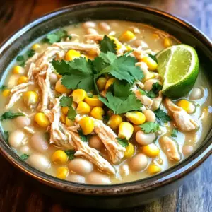 - 2 pounds boneless, skinless chicken breasts - 1 can (15 oz) white beans (cannellini or great northern) - 1 can (4 oz) diced green chilies - 1 medium onion, finely chopped - 2 cloves garlic, minced - 2 cups low-sodium chicken broth - 1 teaspoon ground cumin - 1 teaspoon chili powder - ½ teaspoon smoked paprika - 1 teaspoon salt (adjust to taste) - ½ teaspoon black pepper (adjust to taste) - 1 cup corn kernels - ½ cup sour cream - ½ cup cream cheese, softened - Fresh cilantro, chopped - Lime wedges For my Slow Cooker White Chicken Chili, I use simple, fresh ingredients. Each plays a key role in creating a warm and tasty dish. I start with chicken breasts. They are the heart of this meal. I like to use boneless, skinless cuts. They cook well and shred easily. The white beans add creaminess, while the diced green chilies give a gentle kick. Next, I add a chopped onion and minced garlic. These give a rich base flavor. For spices, I use ground cumin, chili powder, smoked paprika, salt, and black pepper. They work together to create a warm, inviting taste. The low-sodium chicken broth is important too. It keeps the dish light and tasty. Adding corn kernels gives a nice texture. Finally, I finish it off with sour cream and cream cheese for creaminess. A sprinkle of fresh cilantro adds brightness. Serve this with lime wedges for a fresh twist. Gather these ingredients, and you are ready to make a comforting bowl of chili! - Layer the chicken at the bottom of the slow cooker. - Add onions, garlic, and green chilies on top of the chicken. Start by placing the boneless, skinless chicken breasts in the slow cooker. Spread them out evenly. Next, sprinkle the chopped onion, minced garlic, and diced green chilies over the chicken. This layering adds flavor and aroma as it cooks. - Incorporate beans and spices into the mixture. - Add chicken broth carefully. Now, pour in the drained and rinsed white beans. Add the corn, ground cumin, chili powder, smoked paprika, salt, and black pepper. Toss these ingredients gently to coat the chicken well. Then, carefully pour the low-sodium chicken broth over the top. This keeps the layers intact. - Set to cook on low for 6-8 hours or high for 3-4 hours. - Shred the chicken after cooking. Cover the slow cooker and set it to cook. If you choose low, let it cook for 6-8 hours. For high, cook for 3-4 hours. When done, take out the chicken. Shred it using two forks and return it to the pot. - Stir in sour cream and cream cheese. - Taste and adjust seasoning as needed. Next, add the softened cream cheese and sour cream to the chili. Stir until smooth and creamy. This makes the dish rich and comforting. Taste it and adjust the seasoning for perfection. - Ladle into bowls and garnish with cilantro and lime. Finally, ladle the chili into deep bowls. Top with freshly chopped cilantro. Serve lime wedges on the side. Squeezing lime adds brightness to this cozy dish. To boost flavor, consider adding spices like cayenne for heat or oregano for earthiness. You can also stir in extra ingredients like bell peppers or zucchini for more texture. Toppings make a big difference. I love using creamy avocado slices or shredded cheese. A dollop of sour cream on top adds richness and balances the spice. To keep chicken tender, use the low setting on your slow cooker. This allows the chicken to cook slowly and absorb all the flavors. Make sure not to open the lid too often. Opening the lid lets heat escape and can lead to overcooking. Trust the process; it will be worth it! For a beautiful serve, use deep bowls. Ladle the chili in and let it swirl. A lime wedge on the bowl's rim adds a pop of color. Finish with a sprinkle of fresh cilantro for a bright touch. This not only looks great but also enhances the fresh flavor. {{image_4}} You can switch the chicken for ground turkey. It gives a lighter taste. Use about 2 pounds of ground turkey. Cook it until browned before adding to the slow cooker. You can also use plant-based proteins. Options like lentils or chickpeas add great flavor. If using different meats, adjust the cooking time. Ground turkey cooks faster than chicken. Aim for 3-4 hours on high or 6 hours on low. Feel free to mix up the beans. You can use black beans or pinto beans instead of white beans. Both options add new tastes and textures. Want more nutrition? Add extra veggies! Bell peppers, zucchini, or carrots work well. Chop them up and toss them in with the other ingredients. This adds color and health benefits to your dish. Looking for a kick? Add more chilies or jalapeños. Start with one or two, then taste it. You can always add more spice later. If you want a milder version, remove the seeds from the jalapeños. Another great option is to sprinkle in cayenne pepper. Adjust the amount based on your spice tolerance. Enjoy your cozy bowl of chili just the way you like it! To store leftovers, let the chili cool first. Then, pack it in an airtight container. Make sure to keep it in the fridge. It can last for about 3 to 4 days. If you want to freeze the chili, use freezer-safe containers. Leave some space at the top for expansion. It will keep well for about 3 months. To reheat, let it thaw overnight in the fridge. Best practices include reheating slowly to keep the flavors. Avoid using the microwave if possible, as it can change the texture. For reheating, I prefer using the stove. Pour the chili into a pot and warm it up over low heat. Stir often to warm it evenly. If it feels thick, add a splash of chicken broth to thin it. You can use the microwave too. Just place the chili in a microwave-safe bowl. Heat it in short bursts, stirring in between. Adjust the consistency by adding broth if needed. You can store this chili for up to five days in the fridge. Make sure to keep it in an airtight container. If you want to store it longer, freeze it. It can last up to three months in the freezer. Just let it cool before you freeze it. When you are ready to eat, thaw it overnight in the fridge. Yes, this chili is great for meal prep. You can make it a day or two in advance. Just store it in the fridge after it cools. You can also freeze it for later use. It will taste just as good and save you time on busy days. This chili pairs well with many sides. Here are some ideas: - Cornbread: Sweet and soft, it complements the chili nicely. - Rice: White or brown rice can soak up the flavors. - Tortilla Chips: Crunchy chips add a fun texture. - Salad: A fresh side salad balances the hearty chili. This chili has a mild heat level. The diced green chilies give it a nice flavor without being too hot. If you want it spicier, add jalapeños or more chili powder. Adjust to your taste for the perfect kick! This recipe for Slow Cooker White Chicken Chili combines simple ingredients with easy steps. You can create a tasty meal that warms the soul. Don't forget to customize the flavors to your liking. Use different proteins or beans to match your taste. Store leftovers for delicious meals later. Enjoy sharing this chili with friends or family. It’s a great dish for any gathering. Trust me; you will impress everyone! Grab your slow cooker, and start cooking today.