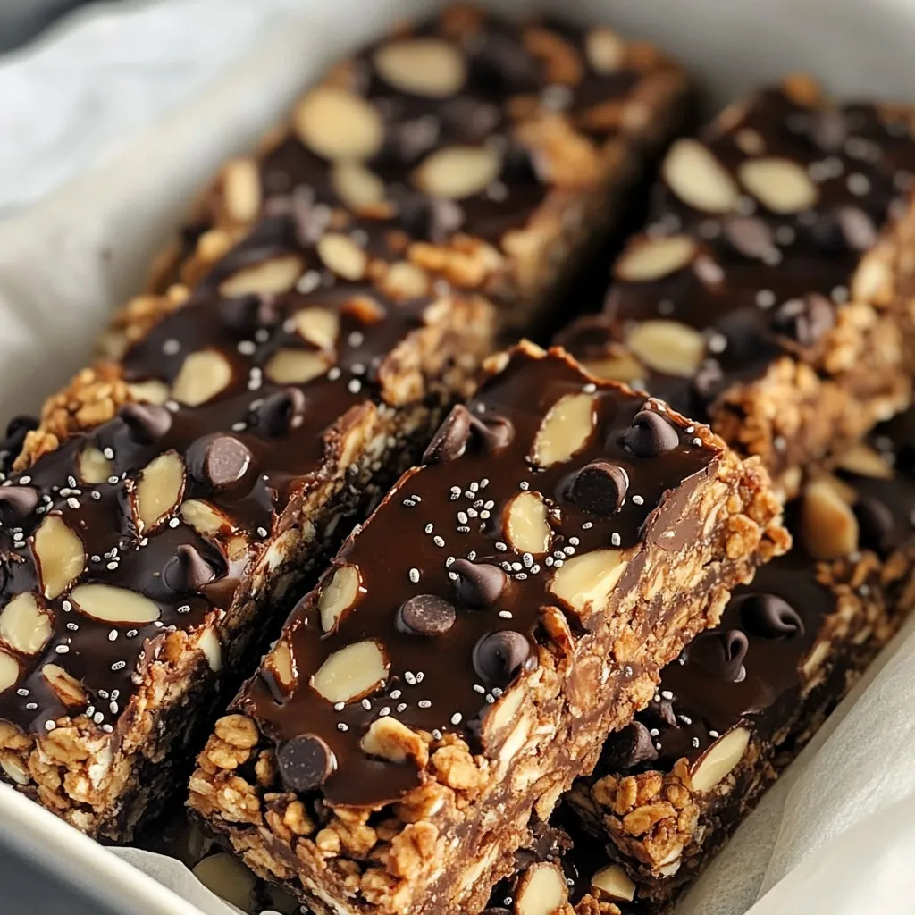 - 1 cup rolled oats - 1/2 cup smooth almond butter - 1/4 cup honey or maple syrup - 1/2 cup dark chocolate chips - 1/2 cup chopped almonds - 1/4 cup chia seeds - 1/2 teaspoon pure vanilla extract - A pinch of sea salt These ingredients make a tasty treat. Rolled oats provide a great base. Almond butter gives a creamy texture and nutty flavor. The honey or maple syrup adds sweetness. Dark chocolate chips bring a rich taste, while chopped almonds add crunch. Chia seeds offer nutrition and help bind the bars. Vanilla extract enhances the flavor, and sea salt balances the sweetness. You can use vegan options for honey. Maple syrup works well in place of honey. If you want nut-free bars, try sunflower seed butter. You can also switch almonds for pumpkin seeds or dried fruit for added flavor. These simple swaps keep the recipe flexible and fun. 1. Gather your ingredients. You will need rolled oats, almond butter, honey or maple syrup, dark chocolate chips, chopped almonds, chia seeds, vanilla extract, and sea salt. 2. In a medium bowl, mix the rolled oats, chopped almonds, chia seeds, and a pinch of sea salt. Use a wooden spoon to blend them well. 3. In a small saucepan, warm almond butter and honey or maple syrup over low heat. Stir constantly until the mix is smooth. Be careful not to let it get too hot. Remove it from the heat and add the vanilla extract. 4. Pour the warm almond butter and honey mixture over the dry ingredients. Use a spatula to mix everything until the oats and almonds are well coated. 5. Gently fold in the dark chocolate chips, making sure they spread evenly throughout the mixture. 6. Line an 8-inch square baking dish with parchment paper. Leave some paper hanging over the sides. This makes it easier to lift out the bars later. 7. Spoon the mixture into the prepared baking dish. Use your hands or a spatula to press it down firmly. This helps the bars hold their shape. 8. Place the dish in the refrigerator for at least 1 hour. This chilling time allows the bars to set properly. 9. After an hour, lift the bars out using the parchment paper. Cut them into squares or bars of your preferred size. 10. Store the granola bars in an airtight container in the fridge. They will stay fresh for up to a week. - Ensuring proper binding: Use smooth almond butter. It helps everything stick well. If your mixture feels dry, add a little more almond butter or syrup. The right texture is key for firm bars. - Optimal storage for freshness: Keep the bars in an airtight container. This keeps them fresh and tasty for up to one week in the fridge. You can also freeze them for longer storage. Just wrap each bar tightly. - Overheating almond butter: Heat the almond butter gently. If it gets too hot, it can lose its smooth texture. Stir constantly to keep it just warm. - Not packing the mixture tightly enough: When you press the mixture into the baking dish, pack it down firmly. This step is crucial. If it’s loose, the bars will crumble when you cut them. {{image_4}} You can make these bars even better with a few simple tweaks. - Adding dried fruits: Dried fruits like cranberries, apricots, or raisins can boost flavor and nutrition. They add natural sweetness and chewiness, making each bite fun. Just chop them up and mix them in when you add the chocolate chips. - Incorporating seeds or nuts for texture: Try adding pumpkin seeds, sunflower seeds, or more nuts. This gives the bars a nice crunch and extra nutrients. Mix them in with your dry ingredients for even distribution. You can also play around with different sweeteners to find what you like best. - Experimenting with agave or stevia: If you're looking for lower-calorie options, agave syrup or stevia can be great substitutes. They offer sweetness with fewer calories. Just remember, you might need to adjust the amount based on how sweet you want your bars. - Using flavored syrups: Flavored syrups, like vanilla or caramel, can add a unique twist. This change can make your granola bars stand out. Just swap them in for honey or maple syrup. These variations let you customize your granola bars to fit your taste. Enjoy the process of making them your own! To keep your no bake chocolate almond butter granola bars fresh, use an airtight container. This prevents air from making them stale. Store the bars in the refrigerator. This helps them stay firm and tasty. You can enjoy them for up to one week when stored properly. If you want to keep the bars longer, freezing is a great option. To freeze, wrap each bar in plastic wrap. Then, place the wrapped bars in a freezer-safe bag. This will keep them fresh for up to three months. When you're ready to eat them, thaw the bars in the fridge overnight. This way, they stay soft and delicious. No bake chocolate almond butter granola bars are tasty and healthy snacks. They combine rolled oats, almond butter, and chocolate for a sweet treat. These bars are quick to make, needing no oven. They pack energy and nutrition, making them great for breakfast or a snack. Plus, they are easy to grab on the go. The mix of oats and nuts gives you fiber and protein, which is great for your body. These granola bars can last up to one week in the fridge. To keep them fresh, store the bars in an airtight container. This helps to lock in flavor and moisture. You can also wrap each bar in parchment paper for easy access. If you want them to last longer, consider freezing them. Just remember to thaw them before you eat. Yes, you can customize these granola bars to fit your taste. If you don't have almond butter, try peanut butter or sunflower seed butter. For a vegan option, use maple syrup instead of honey. You can also add in your favorite nuts, seeds, or dried fruits. Check your pantry and get creative! You learned how to make no-bake chocolate almond butter granola bars step by step. We covered ingredients, substitutions, and helpful tips to avoid common mistakes. Remember, you can customize flavors and storage methods to suit your taste. Keep these bars fresh and tasty with proper techniques. Enjoy the process and share these recipes with friends. Making these granola bars can be fun and rewarding. Dive into your kitchen, and get started on your delicious treat today!