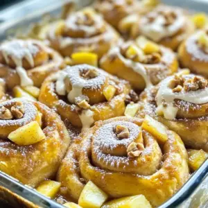 To make Apple Pie Cinnamon Roll Bake, you need these simple ingredients: - 2 cans of refrigerated cinnamon roll dough - 3 medium apples, peeled, cored, and diced into bite-sized pieces - 1 teaspoon ground cinnamon - 1/2 teaspoon ground nutmeg - 1/4 cup packed brown sugar - 1 tablespoon fresh lemon juice - 1/2 cup chopped walnuts or pecans (optional for added texture) - 1 cup granulated sugar - 1 tablespoon pure vanilla extract - 1/2 cup cream cheese, softened to room temperature - 1 tablespoon milk - Icing included in the cinnamon roll cans You can swap some ingredients if you need to. Here are some ideas: - Use apples like Granny Smith or Honeycrisp for a tart or sweet taste. - Replace walnuts or pecans with sunflower seeds for a nut-free option. - If you don’t have cream cheese, try mascarpone or Greek yogurt. - For a lighter version, use low-fat cinnamon roll dough. Choosing the right apples is key to great flavor. Here’s what I recommend: - Pick firm apples, as they hold up well during baking. - Look for apples with vibrant colors and no bruises. - If you like sweet, go for Fuji or Gala apples. - For a tart flavor, pick Granny Smith or Braeburn apples. With these ingredients and tips, you're ready to create a delicious dessert that everyone will love! Start by preheating your oven to 350°F (175°C). This step ensures even cooking. While the oven heats, take a 9x13-inch baking dish. Lightly grease it with butter or cooking spray. This will help the bake come out easily. Next, grab a mixing bowl. Peel, core, and dice three medium apples into small pieces. Add these apples to the bowl. Sprinkle in 1 teaspoon of ground cinnamon, 1/2 teaspoon of ground nutmeg, and 1/4 cup of packed brown sugar. Squeeze in 1 tablespoon of fresh lemon juice. Toss everything well. Let the mix sit for a bit. This helps the flavors blend nicely. Open two cans of refrigerated cinnamon roll dough. Separate the rolls and cut each into quarters. In a large bowl, combine the cut cinnamon rolls with the apple mixture. Gently fold them together. If you like, add 1/2 cup of chopped walnuts or pecans for crunch. Mix until the apples and cinnamon rolls are evenly spread. Transfer this mix to your greased baking dish. Spread it out evenly for the best bake. To ensure your Apple Pie Cinnamon Roll Bake is a hit, keep these tips in mind: - Use fresh ingredients. Fresh apples give the best flavor. Avoid old apples. - Preheat your oven. Always preheat to 350°F. This helps with even baking. - Grease the dish well. Use butter or non-stick spray to avoid sticking. - Cut rolls evenly. Quarter the cinnamon rolls into uniform pieces for even cooking. For that perfect texture, focus on these key points: - Do not overmix. When combining apples with cinnamon rolls, mix gently. This keeps the rolls fluffy. - Check for doneness. Insert a toothpick in the center. If it comes out clean, it’s done. - Cool slightly before serving. Let it sit for about 10 minutes. This helps the layers set. Serving this bake can be fun and creative. Here are some ideas: - Serve warm. Warm bites bring out all the flavors. - Add toppings. A dusting of powdered sugar makes it pretty. Whipped cream or ice cream is a great choice too. - Pair with coffee. A cup of coffee or tea complements the sweet flavors well. These tips will help you create a delightful and tasty dessert that everyone will love! {{image_4}} If you or someone you know has a nut allergy, you can easily swap the nuts. Just leave them out, and your bake will still taste great. You can also add seeds like pumpkin or sunflower seeds for crunch. These alternatives keep the texture while keeping it safe. Want to make your Apple Pie Cinnamon Roll Bake even better? Try adding raisins! They add a sweet and chewy touch. You can also sprinkle in some extra spices, like ginger or allspice, for depth. A tablespoon of brown sugar can enhance the caramel flavor of the apples, making each bite more delightful. To make this dish vegan, use plant-based cinnamon roll dough. You can find brands that don’t use dairy. For the cream cheese, a vegan option works well. If you need it gluten-free, look for gluten-free cinnamon roll dough. Just make sure all other ingredients are also gluten-free. This way, everyone can enjoy this tasty treat! To keep your Apple Pie Cinnamon Roll Bake fresh, store any leftovers in an airtight container. Place it in the fridge for up to three days. This helps prevent drying and keeps the flavors intact. Make sure it cools down before sealing the container. When you're ready to enjoy your leftovers, reheat them in the oven. Preheat your oven to 350°F (175°C). Place the bake in a baking dish and cover it with foil. Heat for about 10-15 minutes, or until warm. You can also microwave individual portions for about 30-45 seconds. Just be careful not to overheat, as it may dry out. If you want to save some for later, freezing works well. Cut the bake into portions and wrap each piece tightly in plastic wrap. Then, place the wrapped pieces in a freezer bag. This keeps them fresh for up to three months. When you’re ready to eat, thaw it in the fridge overnight, then reheat as mentioned above. Enjoy the flavors again! Yes, you can prepare this dish ahead of time. To do this, follow the steps up to mixing the apple and cinnamon rolls. Cover the dish with plastic wrap and place it in the fridge. This way, you can bake it fresh the next day. Just remember to remove it from the fridge 15 minutes before baking. This helps it bake evenly. For this recipe, I recommend using firm apples. Varieties like Granny Smith, Honeycrisp, or Fuji work well. These apples hold their shape and add a nice tartness. You can mix different types for more flavor. Just make sure they are fresh and crisp for the best results. To check if your bake is done, insert a toothpick into the center. If it comes out clean, it’s ready. The top should be golden and the rolls should be cooked through. Baking usually takes about 30 to 35 minutes. Keep an eye on it towards the end to avoid burning. You learned about ingredients, tips, and variations for our apple dish. Select fresh apples and customize flavors to make it your own. Follow the steps for baking success and perfect texture. Store leftovers well, and reheat easily. Now you can enjoy this tasty treat. Get creative with ingredients and share it with friends. Enjoy every bite!