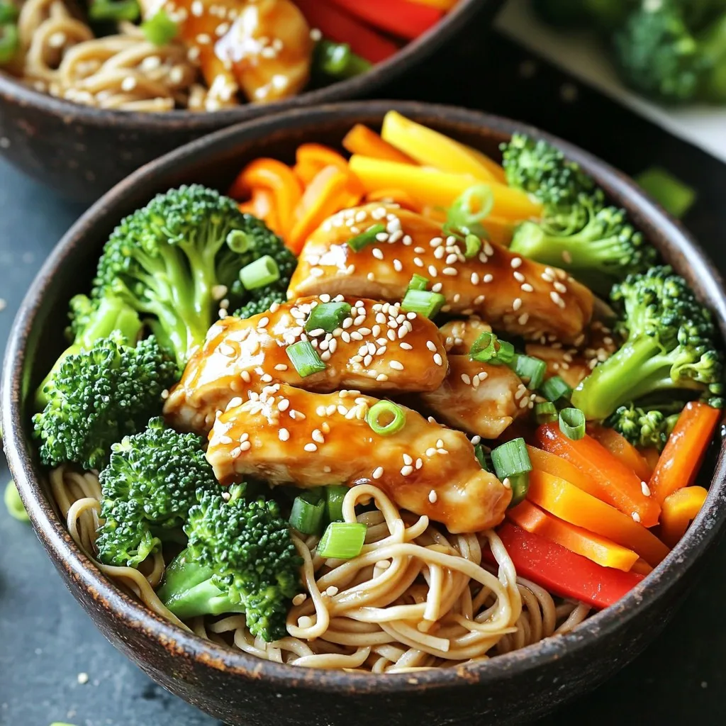 - 2 boneless, skinless chicken breasts, thinly sliced into strips - 8 oz. soba noodles (or your noodle preference) - 1 cup broccoli florets - 1 bell pepper, thinly sliced (any vibrant color) - 1 carrot, julienned - 3 green onions, chopped into small pieces - 4 tablespoons soy sauce - 2 tablespoons honey - 2 tablespoons sesame oil - 1 tablespoon fresh ginger, finely grated - 2 cloves garlic, minced - 1 teaspoon cornstarch - Salt and freshly ground pepper to taste - 1 tablespoon toasted sesame seeds - Medium bowl for marinating - Pot for cooking noodles - Large skillet or wok for stir-frying - Whisk for mixing cornstarch slurry - Deep serving bowls for presentation Gathering the right ingredients and tools makes this dish easy and fun. With fresh chicken and vibrant veggies, you create a colorful bowl that is tasty and quick. Enjoy the process of cooking and the joy of sharing this meal! To start, you need to mix the chicken with the sauce. In a medium bowl, combine the sliced chicken, soy sauce, honey, grated ginger, and minced garlic. Add a pinch of salt and pepper to taste. This simple blend gives the chicken amazing flavor. Let it marinate for at least 15 minutes. This time helps the chicken soak up the taste. The longer you marinate, the better it becomes. Next, cook the noodles. Boil a pot of salted water. Add the soba noodles and cook them until they are al dente. This means they should still have a slight bite. Follow the package instructions for timing. After cooking, drain the noodles. Rinse them under cold water to stop the cooking process. This keeps them from getting mushy. Set them aside for later. Now, let’s stir-fry the veggies. Heat sesame oil in a large skillet over medium-high heat. Once the oil is hot, add the broccoli florets, sliced bell pepper, and julienned carrot. Stir-fry these for 5-7 minutes. You want them tender but still crisp. This keeps their vibrant colors and crunchy texture. It’s time to cook the chicken. Push the cooked veggies to one side of the skillet. On the other side, add the marinated chicken. Cook it for 5-6 minutes. Stir it occasionally to ensure even cooking. The chicken should be fully cooked and lightly browned. This step develops the flavor, making the dish even better. Now, let’s combine everything. In a small bowl, whisk the cornstarch with a tablespoon of water to make a slurry. Pour this into the skillet with the chicken and veggies. Then, add the cooked noodles. Use tongs or a spatula to gently toss everything together. This mixes the flavors well. Cook for one more minute until the sauce thickens and coats the noodles. For serving, use a large spoon to divide the noodle mix into deep bowls. Garnish with chopped green onions and sprinkle with toasted sesame seeds if you like. Drizzle a little extra soy sauce on top for added flavor. Arrange the toppings artfully for a beautiful presentation. Enjoy your homemade Teriyaki chicken noodle bowls! For busy cooks, marinating chicken can feel like a chore. To save time, consider marinating overnight. This helps build flavor and makes meal prep easier. If you need a quicker option, try a minimum of 15 minutes. This still enhances the taste. Balancing sweetness and salt is key. Use two tablespoons of honey for a nice sweet touch. The soy sauce adds saltiness. Adjust these to fit your taste. If you like it sweeter, add a bit more honey. For less salt, reduce soy sauce. If you want to change things up from soba noodles, use rice noodles or udon. Both work great in this dish and change the look and taste. To keep noodles from sticking, rinse them under cold water after cooking. This helps stop the cooking process. You can also toss them with a bit of sesame oil. This adds flavor and keeps them loose. Seasonal veggies can brighten your bowl. Try snap peas in spring or zucchini in summer. Fall brings great options like butternut squash. In winter, use hearty greens like kale. Adding more vegetables boosts nutrition. Carrots add crunch and color. Broccoli gives you fiber. Bell peppers provide vitamins. Mix and match to fit your diet needs. More veggies mean more flavor and health benefits! {{image_4}} Substituting Chicken with Other Proteins You can switch the chicken for other meats. Try beef or shrimp for a tasty twist. Thinly slice the beef or use peeled shrimp. Both cook fast and pair well with teriyaki sauce. Vegetarian Options For a meatless meal, use tofu or tempeh. Both options soak up flavors well. Cut them into small cubes and marinate just like chicken. You can also use chickpeas for added protein and fiber. Adding Spices or Heat Want more kick? Add red pepper flakes or sriracha to the sauce. A little goes a long way. You could also sprinkle some black pepper for a gentle spice that won't overpower. Incorporating Citrus for Freshness Adding citrus can brighten the dish. Squeeze fresh lime or lemon juice before serving. You can even add zest for an extra zing. It balances the sweetness of the teriyaki sauce. Making it Gluten-Free To make this dish gluten-free, choose tamari instead of soy sauce. Tamari has a similar taste and works well in this recipe. Be sure to use gluten-free noodles too, like rice noodles. Low-Carb Noodle Options For a low-carb choice, swap regular noodles with zucchini noodles or shirataki noodles. Both options are light and healthy. They let the teriyaki flavor shine through without the carbs. To store your Teriyaki chicken noodle bowls, first let them cool down. Place the leftover food in shallow containers. This helps it cool faster and keeps it safe. Use airtight containers to keep the flavors fresh. I recommend glass containers for safe reheating. You can also use BPA-free plastic containers. When reheating, use the microwave for convenience. Place the leftover in a microwave-safe bowl. Cover it with a damp paper towel to keep moisture in. Heat for one minute, then stir. If it needs more time, heat in 30-second bursts. This method helps keep the chicken tender and the noodles from drying out. To reheat in a pan, add a splash of water. Heat on medium until warmed through. Stir gently to avoid overcooking. This keeps everything tasty and fresh. For long-term storage, freezing works great. Divide the noodle bowls into portions. Use freezer-safe containers or bags. Make sure to remove as much air as possible to prevent freezer burn. Label each container with the date for easy tracking. When you're ready to eat, thaw in the fridge overnight. For a quicker method, place the sealed bag in cold water. Once thawed, reheat using the microwave or stovetop methods mentioned earlier. Enjoy your meal as if it were fresh! To make Teriyaki sauce from scratch, mix soy sauce, honey, ginger, and minced garlic. For thickness, add a bit of cornstarch mixed with water. This simple blend gives you a fresh sauce. You can adjust the sweetness by adding more honey, if you like. Yes! You can use many types of noodles. Soba noodles are great, but rice noodles or udon work too. Choose what you enjoy or have at home. Each type adds a unique taste, making your bowl special. Teriyaki chicken lasts about three to four days in the fridge. Make sure to store it in an airtight container. This keeps it fresh and tasty for your next meal. You can add many vegetables! Broccoli, bell peppers, and carrots are great choices. Other options include snap peas, mushrooms, or spinach. Use what you like or what is in season. This adds color, flavor, and nutrition. Yes, you can prepare parts of this recipe in advance. Marinate the chicken a day before and chop vegetables ahead of time. Cook the noodles and stir-fry everything when you are ready to eat. This saves time on busy days. Teriyaki chicken noodle bowls go well with simple sides. Try steamed edamame or a fresh cucumber salad. You can also serve it with miso soup for a full meal. These pairings complement the flavors nicely. In this post, I shared how to make tasty Teriyaki chicken noodle bowls. We covered key ingredients, step-by-step cooking methods, and helpful tips. You'll find options for protein choices and ways to customize flavors. Plus, I provided storage and reheating advice to keep your meals fresh. Making this dish can be quick and fun! Experiment with ingredients based on your taste. Enjoy these bowls for any meal, and don't hesitate to share your results!
