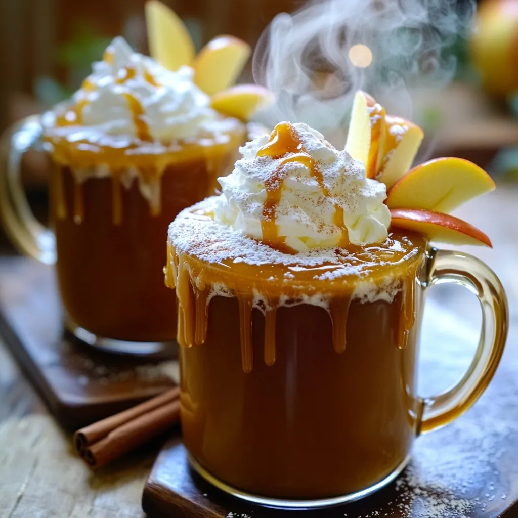 - 4 cups apple cider - 1/2 cup caramel sauce, plus extra for drizzling on top - 1 cinnamon stick - 1/2 teaspoon ground nutmeg - 1/4 teaspoon ground cloves - 1 cup heavy whipping cream - 2 tablespoons powdered sugar - 1 teaspoon vanilla extract - Sliced apples and additional cinnamon sticks for garnish For this cozy drink, I recommend using fresh apple cider. If you can’t find it, you can use store-bought cider. The caramel sauce adds sweetness and richness. You might swap it with maple syrup for a different twist. Ground nutmeg and ground cloves give warmth. If you want a milder flavor, you can reduce the amounts. For the whipped cream, heavy whipping cream is best. If you prefer a lighter option, try using coconut cream or a dairy-free alternative. Remember to adjust sugar based on your taste. You will need some key tools to make this drink: - A large pot for warming the cider - A mixing bowl for the whipped cream - An electric mixer to whip the cream - Mugs for serving the cider - A ladle to pour the cider into mugs These tools help you create a warm and delicious drink. Make sure to gather everything before you start. This makes cooking more fun and easy! To start, grab a large pot. Pour in 4 cups of apple cider. Add 1/2 cup of caramel sauce. Toss in the cinnamon stick, ground nutmeg, and ground cloves. Stir well to mix everything. This helps the caramel and spices blend. Next, place the pot on medium heat. Warm the cider gently. Stir it from time to time. Heat until you see steam rising. Avoid boiling to keep the taste rich. Once it's hot enough, remove the pot from the heat. Discard the cinnamon stick. Your cider base is ready! While the cider warms, let’s make the whipped cream. Take a mixing bowl and pour in 1 cup of heavy whipping cream. Add 2 tablespoons of powdered sugar and 1 teaspoon of vanilla extract. Use an electric mixer to whip the mixture. Beat until you see soft peaks. This creates a fluffy topping. Set the whipped cream aside. Now, it’s time to combine everything. Ladle the warm caramel apple cider into your mugs. Fill each mug generously. Then, add a big dollop of whipped cream on top. Drizzle extra caramel sauce over the whipped cream. For a lovely touch, garnish with apple slices and a cinnamon stick. This makes your drink look festive and inviting. Enjoy your cozy caramel apple cider! To get the best taste from your cozy caramel apple cider, focus on the spices. Use fresh ground nutmeg and cloves for a stronger flavor. You can also add more caramel if you love sweetness. Taste the cider before serving. That way, you can adjust the spices and caramel to your liking. Serve the cider in clear mugs. This lets everyone see the warm, rich color. Top each drink with a fluffy mound of whipped cream. Drizzle extra caramel sauce on top for a sweet finish. Garnish with a slice of apple and a cinnamon stick. This makes each mug look festive and inviting. One common mistake is boiling the cider. This can ruin the flavor. Heat it gently until it steams, then take it off the heat. Also, don’t skip the whipped cream. It adds creaminess and sweetness. Lastly, avoid using old spices. Fresh spices make a big difference in taste. {{image_4}} You can add fun flavors to your cozy caramel apple cider. Try mixing in a splash of orange juice for a bright twist. A few drops of vanilla extract can enhance the sweetness. If you love spices, add a pinch of cardamom or ginger. These flavors will make your cider unique. You can even use spiced apple cider for a more intense flavor. Want to make your apple cider a bit more festive? Add a splash of bourbon or rum. Just pour about 1 ounce into each mug after warming your cider. The warmth of the alcohol pairs well with the spices. This version is perfect for chilly nights or parties. Just remember to drink responsibly! If you need a dairy-free version, don't worry! Use coconut cream instead of heavy whipping cream. It gives a nice, rich flavor. For the caramel sauce, check for dairy-free options at the store. Some brands make great vegan caramel. Your cider will still be tasty and creamy without the dairy. Enjoy the cozy flavors without worry! To store leftover cider, let it cool first. Pour the cider into an airtight container. Make sure to seal it tightly. Store it in the fridge. It stays fresh for about three days. If you want to enjoy it later, keep it covered. When you're ready to enjoy the cider again, pour it into a pot. Heat it over medium-low heat. Stir it gently until it warms up. You want it hot but not boiling. This way, the flavors stay bright and fresh. If you want to freeze the cider, use a freezer-safe container. Leave some space at the top for expansion. It can freeze well for up to three months. To thaw, move it to the fridge overnight. Reheat it gently before serving. This method keeps the taste and texture intact. Yes, you can use store-bought caramel sauce. It saves time and tastes great. Look for a good-quality sauce for the best flavor. You can also drizzle extra on top for added sweetness. You can use apple juice instead of cider. Just heat it with the same spices and caramel. The taste will differ slightly, but it will still be delicious. You can even add a splash of apple pie spice for more flavor. The best way to garnish is with a slice of fresh apple and a cinnamon stick. This adds a nice look and aroma. You can also sprinkle a little ground cinnamon on top of the whipped cream for extra flair. Yes, you can easily double or triple the recipe. Just adjust the pot size and heat accordingly. This is great for parties or gatherings. Keep extra whipped cream ready for serving. Yes, you can use alternative sweeteners. Try maple syrup, honey, or agave nectar. Adjust the amount based on taste. Each sweetener will give a unique flavor to the cider. This blog post covered everything you need for cozy caramel apple cider. You learned about the right ingredients, measurements, and tools. I provided step-by-step instructions to prepare the cider and make whipped cream. We shared helpful tips to perfect the flavor and avoid common mistakes. Different variations give you more options, such as dairy-free or alcoholic versions. Finally, you have storage tips for leftovers and answers to FAQs. Enjoy your delicious drink, and don't be afraid to try your own twists!
